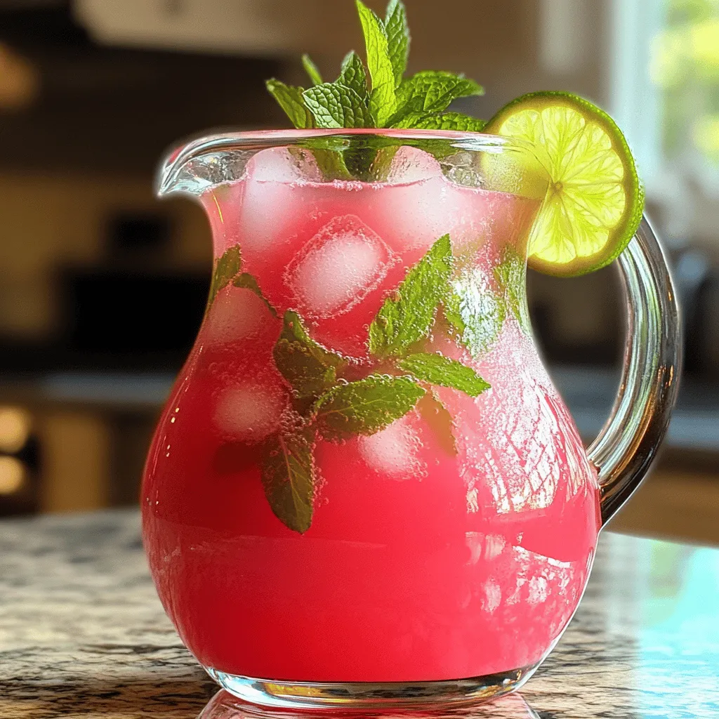 - 4 cups ripe watermelon, peeled and cubed - 1/4 cup fresh mint leaves, loosely packed - 2 tablespoons freshly squeezed lime juice - 2 to 4 tablespoons honey or agave syrup - 2 cups cold water - Ice cubes - Fresh mint sprigs and lime slices for garnish When I make Watermelon Mint Agua Fresca, I always start with ripe watermelon. Look for bright red flesh and a uniform shape. This ensures a sweet and juicy base. I use fresh mint leaves for a cool taste. They add a refreshing twist that pairs perfectly with the watermelon. Lime juice brings a zesty kick. I squeeze fresh limes instead of using bottled juice. This makes a big difference in flavor. Sweetness is key, so I add honey or agave syrup. Adjust the amount to match your taste. You want a balance between sweet and refreshing. I use cold water to dilute the mix. This keeps the drink light and easy to sip. Ice cubes are a must for serving. They keep it chilled and refreshing on hot days. For garnish, I add fresh mint sprigs and lime slices. They make the drink look pretty and inviting. This simple blend of ingredients creates a summer drink that is hard to resist. Check out the Full Recipe for detailed steps to make this delicious drink! To start, cut the watermelon into cubes. I use about 4 cups. Make sure to remove any seeds. Add the watermelon cubes and 1/4 cup of fresh mint leaves into a blender. Blend on high for 30 to 60 seconds. You want it to be smooth, with no chunks left. The mint should mix well with the watermelon. Next, grab a fine sieve or some cheesecloth. This helps to strain the mixture. Pour the blended mix into the sieve over a large pitcher. Use the back of a spoon to push the juice through. This step is key to getting rid of any pulp or seeds. You want a clear, refreshing juice. Now it’s time to add some sweetness. I usually start with 2 tablespoons of honey or agave syrup. Pour this in, along with 2 tablespoons of freshly squeezed lime juice. Stir it well. Make sure the sweetener dissolves completely. You can always add more if you like it sweeter. Slowly add 2 cups of cold water to the pitcher. Stir gently while you pour. After mixing, take a sip. This is your chance to adjust the taste. If it’s too strong, add more water. If you want it sweeter, add more honey or agave. Don’t skip this step! Place the pitcher in the fridge for at least 30 minutes. Chilling helps the flavors blend. It makes the drink even more refreshing. Trust me, it’s worth the wait. When ready to enjoy, grab some glasses and fill them with ice cubes. Pour the chilled Agua Fresca over the ice. For a beautiful finish, garnish each glass with fresh mint sprigs and lime slices. Your friends and family will love the look and taste! For the full recipe, check out the details above. To pick a ripe watermelon, look for a few key signs: - Shape: It should be symmetrical, not lopsided. - Field Spot: Check for a creamy yellow spot. This shows it ripened on the ground. - Sound: Tap the watermelon. A deep sound means it's juicy. - Weight: It should feel heavy for its size, indicating water content. If you want to switch up the sweetness, you have many options. You can try: - Maple Syrup: A tasty alternative that adds a unique flavor. - Coconut Sugar: This gives a hint of caramel and is less processed. - Stevia: A zero-calorie sweetener that works well in drinks. You can easily add fun ingredients to your Agua Fresca. Consider these: - Cucumber: This adds a refreshing taste and extra hydration. - Basil or Thyme: These herbs offer a lovely twist and depth. - Ginger: A small amount can add a spicy kick. Experimenting with these additions keeps the drink exciting. For the full recipe, check out the earlier section. {{image_4}} To make a cucumber mint agua fresca, swap some watermelon for cucumber. Here’s how: - Use 3 cups watermelon, peeled, and cubed. - Add 1 cup cucumber, peeled, and diced. - Follow the same steps in the Full Recipe. This twist adds a fresh crunch. The cucumber lightens the drink and keeps it cool. It’s perfect for hot days. To combine strawberries with the original flavor, simply add fresh strawberries. Here’s the change: - Use 3 cups watermelon, peeled, and cubed. - Add 1 cup strawberries, hulled and sliced. - Blend them with the mint leaves as in the Full Recipe. This fruity mix gives a sweet and tangy taste. It brightens the drink, making it even more refreshing. For a fizzy drink, use sparkling water instead of regular water. Here’s the modification: - Blend the watermelon and mint as in the Full Recipe. - After sweetening, add 2 cups of chilled sparkling water. This bubbly version adds a fun twist. It makes the drink lively and fun for gatherings. Enjoy the extra bubbles! To keep your Watermelon Mint Agua Fresca fresh, place it in a sealed pitcher. This helps prevent it from absorbing other smells in your fridge. Always store it in the coldest part of the fridge, not the door. It’s best to enjoy it within three days for the best flavor. For the best taste, drink your Agua Fresca within 24 hours. After that, it may lose some flavor and freshness. If you keep it in the fridge, it can last up to three days. However, try to finish it sooner for the best experience. If you want to freeze Agua Fresca, pour it into ice cube trays. This lets you use just the right amount later. When you’re ready to drink, thaw the cubes in the fridge or at room temperature. Avoid using a microwave, as it can change the flavor. Enjoy your frozen treat as a refreshing summer drink! Agua Fresca means "fresh water" in Spanish. This drink comes from Mexico. It mixes water with fruits, herbs, and sugar. People enjoy it for its cool taste. You can find many types, like hibiscus or tamarind. Watermelon Mint Agua Fresca is a favorite for summer. It’s light, sweet, and hydrating. Yes, you can use watermelon juice. Look for 100% juice with no added sugar. This makes the drink faster to prepare. Just skip the blending step. Pour the juice into a pitcher, add mint, lime, and sweetener. Stir well and enjoy your refreshing drink! Watermelon Mint Agua Fresca lasts for about three days in the fridge. Store it in a sealed pitcher to keep it fresh. Give it a gentle stir before serving again. If it separates, that’s normal. Just mix well, and it will be ready to enjoy! Agua Fresca is a healthy choice. It’s low in calories and hydrating. Watermelon is rich in vitamins A and C. Mint adds fresh flavor without calories. Using honey or agave adds some natural sweetness. This drink is a great alternative to soda or sugary drinks. Enjoy it guilt-free! This blog post explored how to make a refreshing Watermelon Mint Agua Fresca. We listed the fun ingredients and shared easy step-by-step instructions. I shared tips for choosing ripe watermelon and adjusting sweetness. You can also try variations like Cucumber Mint or Strawberry Watermelon. Remember, storing your Agua Fresca is key to keeping it fresh. Enjoy this tasty drink, and feel free to make it your own with the tips provided. Cheers to a cool, homemade treat!