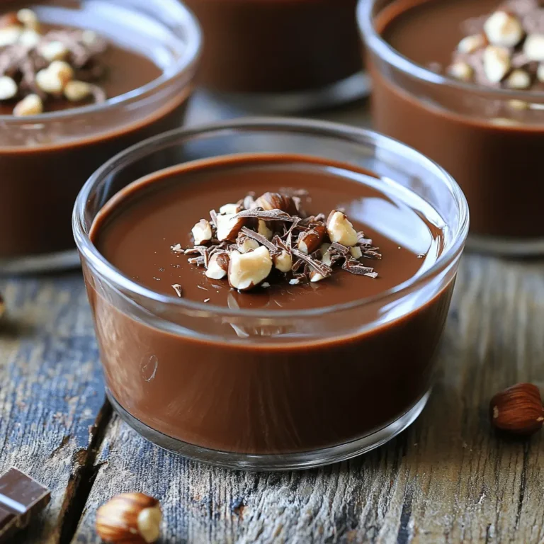 - 2 cups heavy cream - 1/2 cup whole milk - 1/2 cup granulated sugar - 1 tablespoon gelatin powder - 3 tablespoons cold water - 1/2 cup semi-sweet chocolate, finely chopped - 1/4 cup hazelnut spread (such as Nutella) - 1 teaspoon vanilla extract - Pinch of salt - Crushed hazelnuts or chocolate shavings for garnish Each ingredient plays a key role in making panna cotta perfect. Heavy cream gives the dessert its rich and creamy texture. Whole milk balances the fat, keeping it smooth. Granulated sugar adds sweetness, making every bite delightful. Gelatin is crucial; it helps the panna cotta set. Without it, you'd have a chocolate soup. Cold water is used to bloom the gelatin, ensuring it dissolves well. Semi-sweet chocolate and hazelnut spread provide deep, luscious flavors that define this dessert. Vanilla extract adds warmth, while a pinch of salt enhances all the flavors. Lastly, crushed hazelnuts or chocolate shavings add a lovely crunch and visual appeal. You can make some swaps if you need to. For a lighter version, use half-and-half instead of heavy cream. Almond milk is a good choice for those who want a dairy-free option. Coconut cream can replace heavy cream for a tropical twist. You can also use dark chocolate if you prefer a richer taste. If you don’t have hazelnut spread, peanut butter or almond butter can work too. Just remember, each change may alter the flavor and texture slightly, but that's part of the fun in cooking! For the full recipe, check out the detailed instructions above. To make the panna cotta, start by blooming the gelatin. In a small bowl, sprinkle the gelatin powder over cold water. Let it sit for about 5 minutes. This helps the gelatin soften. Next, take a medium saucepan. Combine heavy cream, whole milk, and granulated sugar in it. Heat this over medium-low heat. Stir gently until the sugar dissolves. Make sure it stays warm but does not boil. Once the sugar is dissolved, take the pan off the heat. Add finely chopped semi-sweet chocolate and hazelnut spread. Also add vanilla extract and a pinch of salt. Stir until it’s smooth and well mixed. Now, add the bloomed gelatin into the warm chocolate mix. Stir continuously until the gelatin fully dissolves. Carefully pour the mixture into individual cups or ramekins. Fill each about three-quarters full. Let them cool at room temperature for a bit. Cover the cups with plastic wrap and place them in the fridge. Chill for at least 4 hours. For the best results, let it set overnight. When ready to serve, gently unmold the panna cotta. Dip the bottoms of the ramekins in warm water for a few seconds. Carefully invert them onto plates. A gentle tap helps release them. Finish by garnishing with crushed hazelnuts or chocolate shavings. This adds a nice crunch and makes it look beautiful. To get the perfect panna cotta texture, keep a few things in mind. First, don’t let the cream mixture boil. Boiling can change the texture. Make sure to stir the mixture well after adding the gelatin. This helps it dissolve fully. If the mixture is too warm, the gelatin may not set right. Chill the panna cotta long enough. At least 4 hours is good, but overnight is better. This gives it time to set properly. If you want a creamier panna cotta, you can add more cream. Or try using a mix of whole milk and cream for a richer taste. Here are some kitchen tools that make making panna cotta easier: - Small bowl for blooming gelatin - Medium saucepan for heating the mixture - Whisk for stirring the ingredients - Measuring cups for accuracy - Ramekins or serving cups for the panna cotta - Plastic wrap to cover the cups - Serving plates for presentation These tools help ensure your panna cotta turns out just right. For the full recipe, check out the Velvety Chocolate Hazelnut Panna Cotta details. When making Velvety Chocolate Hazelnut Panna Cotta, avoid these common mistakes: - Not blooming gelatin properly: Always let gelatin sit in cold water first. - Boiling the cream: Heat it gently to keep the panna cotta smooth. - Skipping the chilling time: Patience is key for the perfect set. You can play with flavors to make this dish your own: - Add espresso: Mix in a shot for a coffee flavor. - Use different chocolates: Try dark or milk chocolate for unique tastes. - Infuse with spices: A dash of cinnamon or nutmeg gives warmth. For a silky texture, follow these tips: - Whisk well: Stir the chocolate mixture until fully combined. - Strain the mixture: Pour through a fine sieve to catch any lumps. - Control the pouring: Fill cups gently to avoid bubbles. You can find the full recipe to get started on this delicious dessert. {{image_4}} You can switch up the flavor of your panna cotta easily. Try using white chocolate for a sweeter treat. You can also add coffee for a rich, bold taste. Matcha adds a lovely green color and earthy flavor. For fruit lovers, a berry puree can create a fresh twist. Just blend your favorite berries and swirl them in before chilling. Each option brings a new layer of taste to your dessert. Seasonal ingredients can enhance your panna cotta. In spring, fresh strawberries or lavender can lighten the dish. Summer brings ripe peaches or zesty citrus for a refreshing bite. Fall lets you use pumpkin or spices like cinnamon and nutmeg. Winter calls for rich flavors like peppermint or toasty nuts. Using seasonal ingredients keeps your panna cotta exciting and fresh all year long. Presentation is key to impressing guests. For casual gatherings, serve panna cotta in clear cups to show off the layers. For fancy dinners, unmold the panna cotta onto a plate. Add a drizzle of sauce or a fruit compote around it. Use edible flowers or fresh herbs for a pop of color. For a fun twist, layer different flavors in one cup for a striped look. Each style makes your panna cotta not just a treat, but a feast for the eyes. If you want to make this delicious dessert, check out the Full Recipe. To keep your panna cotta fresh, store it in the fridge. Use airtight containers or cover each cup with plastic wrap. This helps avoid any weird smells or flavors from other foods. Always let the panna cotta cool fully before covering it. This prevents condensation, which can affect texture. Your velvety chocolate hazelnut panna cotta can last up to 5 days in the fridge. Make sure it stays well-covered. If it starts to smell off or looks strange, it’s best to throw it away. Freshness is key to enjoying this dessert. You can freeze panna cotta, but it may change the texture. To freeze, place it in a freezer-safe container. Leave some space at the top for expansion. It can last for about 2 months in the freezer. When ready to eat, thaw it in the fridge overnight. Avoid refreezing after thawing to keep the best texture. For the full recipe, check the detailed instructions above. Panna cotta is a creamy dessert from Italy. It means "cooked cream" in Italian. This dish combines cream, sugar, and gelatin to form a smooth, silky texture. You can flavor it with many ingredients, like chocolate or fruit. The result is a light and rich treat that melts in your mouth. Yes, you can make panna cotta ahead of time. It actually needs time to set properly. I recommend making it the day before you plan to serve it. Chill it for at least 4 hours, but overnight is best. This makes it easy to enjoy a tasty dessert without stress. A runny panna cotta often means not enough gelatin. Make sure to measure your gelatin accurately. If you notice it is runny after chilling, you can try to fix it. Heat the panna cotta mixture gently, add more bloomed gelatin, and chill it again. This should help it set properly. For the full recipe, check out the Velvety Chocolate Hazelnut Panna Cotta recipe above. In this post, we explored how to make velvety chocolate hazelnut panna cotta. We discussed essential ingredients, cooking steps, and common pitfalls. I shared tips to enhance the flavor and texture of your panna cotta. We also explored fun variations for special times and how to store leftovers. Finally, making panna cotta can be simple and rewarding. Enjoy creating this delightful treat while impressing family and friends.