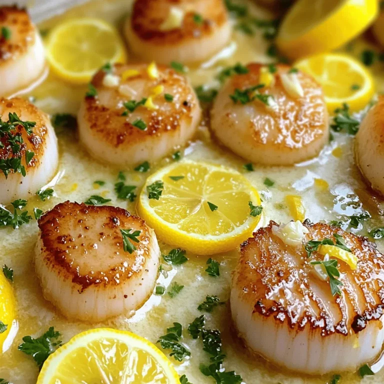 - 1 pound large sea scallops, thoroughly patted dry - 4 tablespoons unsalted butter, divided - 2 cloves garlic, finely minced - Zest of 1 large lemon - 2 tablespoons freshly squeezed lemon juice - 1 tablespoon fresh parsley, finely chopped - Salt and freshly ground black pepper, to taste - Optional: Thin lemon slices for elegant garnish When I cook lemon butter scallops, I always start with fresh, large sea scallops. The key is to pat them dry; this helps form a nice crust. I love using unsalted butter because it allows me to control the salt level. Next, I finely mince the garlic. This adds a lovely flavor to the dish. The zest of the lemon brings a bright note, while the lemon juice adds a fresh tang. I finish with parsley for color and taste. I season the scallops with salt and pepper. This step is vital; it enhances the overall flavor of the dish. If you want to impress, add thin lemon slices as a garnish. They look beautiful and add extra zing. For the complete cooking instructions, refer to the Full Recipe. Happy cooking! - Heat a large, non-stick skillet over medium-high heat. - Melt 2 tablespoons of unsalted butter in the skillet. Start by heating your skillet. Let it get nice and warm. The butter should bubble gently when it melts. This step is key for getting those scallops a good sear. - Place scallops in a single layer, avoid overcrowding. - Season scallops with salt and pepper. Next, pat dry your scallops. This will help them brown better. Place them in the skillet in one layer. Do not crowd them; this ensures they cook evenly. Season the top with salt and pepper. Let them cook without moving for 2-3 minutes. You want a nice golden crust. - Flip scallops and add garlic, lemon zest, and remaining butter. - Stir in lemon juice and garnish before serving. Now, flip each scallop gently. Add your minced garlic, lemon zest, and the rest of the butter. Cook for another 2-3 minutes. Baste the scallops with the melted butter. This adds flavor and keeps them moist. Finally, stir in freshly squeezed lemon juice. Let the flavors meld for an extra minute. Plate your scallops and garnish with parsley. Add lemon slices for an elegant touch. For the complete cooking steps, check the Full Recipe. To cook scallops well, look for a golden crust. This crust gives the scallops a nice texture. Avoid overcooking them; it makes them tough. Tender scallops are the best. Fresh ingredients make a big difference in taste. Use fresh garlic, lemons, and herbs. You can try herbs like thyme or dill. These herbs add fun flavors to your dish. Pair your scallops with sides like asparagus or rice. These sides complement the rich taste. A chilled white wine works great with scallops. It enhances the meal and makes it special. Enjoy your Lemon Butter Delight Scallops! For the complete steps, check the Full Recipe. {{image_4}} You can change the flavor by adding different herbs. Try basil or chives for a fresh taste. You can also use different types of garlic. Roasted garlic gives a sweet flavor, while garlic powder adds a nice kick. These changes make the dish unique and fun. If you like heat, add red pepper flakes. This will spice up your meal. You can also swap lemon juice for lime juice. Lime gives a tropical twist that brightens the dish. These options let you control the spice level and flavor. For a richer sauce, mix in some heavy cream. This will make the sauce creamy and smooth. Serve it over pasta for a complete meal. The creamy lemon sauce pairs well with the scallops, making each bite delightful. You can find the Full Recipe to explore these variations further. Keep leftovers in an airtight container in the refrigerator. This keeps them fresh and safe. Consume within 1-2 days for the best taste. Scallops lose flavor quickly, so don’t wait too long. When reheating, do it gently on the stovetop. This helps avoid a rubbery texture. Add a splash of lemon juice when reheating for freshness. It brings back the bright flavor and keeps things tasty. Freezing previously cooked scallops is not recommended. They can become tough and lose their good taste. However, fresh, uncooked scallops can be frozen for up to 3 months. Just be sure to wrap them well. Yes, ensure they are thawed completely before cooking. Frozen scallops can taste great too. Just remember to pat them dry before you cook. This helps them sear better. They should be opaque and firm to the touch, about 2-3 minutes per side. Look for a nice golden crust. This means they are perfectly cooked. Overcooked scallops can become rubbery, so watch closely! White wines like Chardonnay or Sauvignon Blanc are excellent choices. These wines enhance the bright lemon flavor. They also balance the richness of the butter. Look for the "Full Recipe" within the article for complete cooking details. You’ll find all the steps and tips to make this dish shine! This blog post covered how to make lemon butter scallops with ease. We discussed the key ingredients like scallops, butter, and garlic. You learned step-by-step instructions to sear scallops perfectly and add flavor enhancers. Tips on storing and reheating kept your scallops fresh. Finally, we explored creative variations for your dish. With this knowledge, you can prepare delicious scallops that impress. Enjoy your cooking journey and savor each bite!