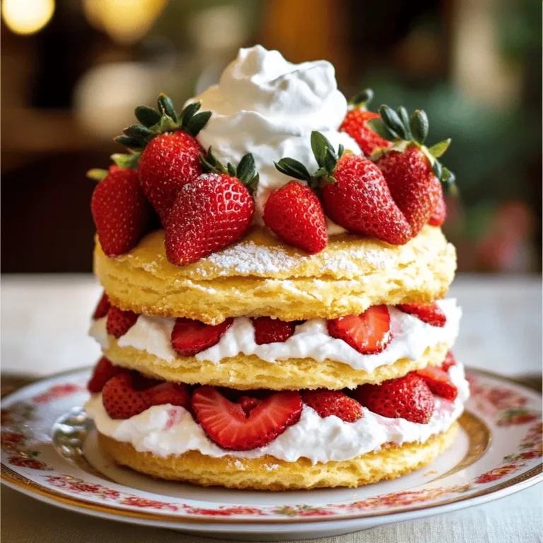 - Fresh strawberries - Granulated sugar - All-purpose flour - Unsalted butter - Baking powder - Salt - Heavy cream - Pure vanilla extract You can swap fresh strawberries for other fruits like peaches or blueberries. For sugar, try honey or maple syrup. If you want gluten-free shortcakes, you can use almond or coconut flour instead of all-purpose flour. Using fresh strawberries matters for the best flavor. Look for bright red berries, as they are sweeter. Also, choose high-quality unsalted butter. It gives the shortcake a rich taste. Good butter makes a big difference in texture and flavor. Macerating strawberries is key for great flavor. Start by hulling and slicing the fresh strawberries. Place them in a bowl and add 1/4 cup of granulated sugar. Gently mix them, ensuring every piece is coated. Let them sit for about 30 minutes. This time allows the strawberries to release their juices, creating a sweet syrup. Serve them with the shortcake for the best taste. First, gather your dry ingredients. In a large bowl, whisk together 2 cups of all-purpose flour, 1 tablespoon of baking powder, and 1/2 teaspoon of salt. This process helps mix everything evenly. Next, add 1/2 cup of cold, cubed unsalted butter. Use your fingers or a pastry cutter to work the butter into the flour mixture. Aim for a texture that looks like coarse crumbs. Now, it's time for the wet ingredients. In a separate bowl, combine 1 cup of heavy cream and 1 tablespoon of pure vanilla extract. Pour this mixture into the dry ingredients. Stir gently with a spatula until just combined. Be careful not to overmix; this keeps your shortcakes light and fluffy. Turn the dough onto a lightly floured surface. Knead it gently a few times until it just comes together. Pat it into a rectangle or circle about 1 inch thick. To cut the shortcakes, use a round biscuit cutter. Place the cut pieces on a parchment-lined baking sheet. If you have extra dough, gather the scraps, knead them lightly, and cut out more shortcakes. Before baking, sprinkle a little sugar on top of each shortcake. This adds sweetness and helps form a nice crust. Bake the shortcakes in a preheated oven at 425°F (220°C) for 12-15 minutes. They should turn golden brown. Once baked, let them cool slightly on a wire rack. Now you're ready to assemble your classic strawberry shortcake! For the full recipe, click [here](#). To make your shortcake soft and fluffy, avoid overmixing the dough. Overmixing can lead to tough shortcakes. Mix just until the dough comes together. This keeps your shortcakes light. The temperature of your ingredients matters. Use cold butter and chilled cream. Cold butter creates steam when baked. This steam helps the shortcakes rise. Chilled cream keeps the dough from getting warm. Use a good pastry cutter or your hands to mix the butter. A sturdy mixing bowl helps, too. For cutting, a round biscuit cutter works best. It gives neat edges for your shortcakes. For baking, use a parchment-lined baking sheet. This prevents sticking and makes cleanup easier. A wire rack helps cool the shortcakes evenly after baking. Whipped cream is a classic topping for your shortcake. It adds creaminess and balances the sweetness of the strawberries. You can also use ice cream for a richer dessert. For a beautiful presentation, garnish with fresh strawberries on top. A sprinkle of mint leaves adds color and freshness. Serve your shortcake with a dollop of whipped cream on the side for extra delight. For the full recipe, check the Classic Strawberry Shortcake Delight. {{image_4}} You can swap strawberries for other fruits. Berries, peaches, and rhubarb work great. For berries, use blueberries, raspberries, or blackberries. Just follow the same steps for macerating. With peaches, slice them thin and sprinkle with sugar. Let them sit for about 20 minutes to get juicy. Rhubarb needs a little cooking. Chop it and simmer with sugar until tender. Then use it just like strawberries. Whipped cream can be fun! Try adding different flavors to it. Mix in vanilla, almond, or even a bit of lemon zest. You can create a unique taste. For a twist, drizzle chocolate or caramel over the top. Melt chocolate chips for a rich sauce, or warm up caramel. Both add a nice touch to your dessert. Want a vegan version? Swap dairy for plant-based options. Use coconut cream instead of heavy cream. For the shortcake, replace butter with coconut oil. You can choose almond milk or soy milk for the liquid. If you're looking for sugar-free options, use a sugar substitute. Stevia or monk fruit can work well. Just adjust the amount to your taste. Feeling adventurous? Check the Full Recipe to see all the details! To keep your baked shortcakes fresh, store them in an airtight container. Place parchment paper between layers to avoid sticking. Store at room temperature for up to two days. If you need to keep them longer, refrigerate for up to a week. However, cold can change the texture. For best taste, eat them fresh. After macerating your strawberries, cover them tightly with plastic wrap. This keeps them juicy and tasty. Store them in the fridge for up to three days. Avoid washing them until just before use. Moisture can cause strawberries to spoil quickly. If you have leftover shortcakes, you can warm them up. Preheat your oven to 350°F (175°C). Wrap each shortcake in foil to keep them soft. Heat for about 10 minutes. You can also microwave them for about 15-20 seconds. Just be careful not to overheat. Enjoy the warmth and flavor! Strawberry shortcake has roots in England. The dessert started as a simple biscuit, served with cream and fruit. In the 19th century, it made its way to America. Here, chefs added sweetened strawberries and whipped cream. This combination made it a summer favorite. Today, it remains a beloved treat, especially during strawberry season. Yes, you can prepare some parts ahead. Make the shortcakes and store them in an airtight container. You can also prepare the strawberries and chilling cream earlier. Just keep the strawberries in the fridge. When you're ready to serve, assemble the shortcake. This way, you keep the shortcakes fresh and fluffy. Look for a golden-brown color on top. The edges should feel firm, and the center should spring back when touched. You can also insert a toothpick into the center. If it comes out clean, your shortcakes are done. Be careful not to overbake, as this can dry them out. Yes, you can freeze leftover shortcake. Wrap each piece tightly in plastic wrap, then place them in a freezer bag. They can last up to three months in the freezer. When you want to enjoy them, thaw them in the fridge overnight. Reheat in the oven for a few minutes to restore warmth and texture. In this blog post, we explored how to make great strawberry shortcake. We covered fresh ingredients, the right techniques, and tips for perfect results. Remember, the quality of your ingredients matters most. You can swap in different fruits and toppings for variety. Storing and reheating your shortcake can keep it fresh. I hope these steps inspire you to whip up this classic dessert. Enjoy the sweet rewards of your hard work!