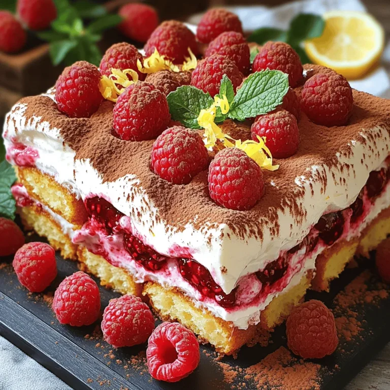 - 1 cup fresh raspberries (plus extra for garnish) - 1 cup mascarpone cheese - 1 cup heavy whipping cream - 1/2 cup powdered sugar - 1 teaspoon vanilla extract - 1 cup strong brewed coffee, cooled to room temperature - 1 package ladyfinger cookies (savoiardi) - 1 tablespoon cocoa powder - Zest of 1 lemon - Fresh mint leaves for garnish Gather these ingredients to create a delightful Raspberry Tiramisu. Fresh raspberries add a bright taste and color. Mascarpone cheese makes the dessert creamy and rich. Heavy whipping cream gives a light texture. Powdered sugar adds sweetness, while vanilla extract enhances the flavor. You will need strong brewed coffee to soak the ladyfingers. Use ladyfinger cookies for the classic base. Cocoa powder adds a nice touch on top. A bit of lemon zest brings brightness to the dish. Finally, fresh mint leaves will add a pop of color and flavor. For the full recipe, follow the steps provided. Enjoy making this beautiful and tasty dessert! In a large bowl, add the mascarpone cheese, powdered sugar, and vanilla extract. Use a whisk or an electric mixer to blend these until smooth. This will create a creamy base. Make sure there are no lumps. In another bowl, pour in the heavy cream. Whip it until stiff peaks form. The cream should be light and airy, which adds volume to our dessert. Gently fold the whipped cream into the mascarpone mixture. Use a spatula for this step. Be careful not to deflate the whipped cream. Mix until it is fully combined and creamy. Brew a strong cup of coffee and let it cool to room temperature. Take each ladyfinger and quickly dip it into the coffee. Be careful not to soak them too long; you want them to absorb flavor without getting mushy. In a 9x9-inch dish, arrange half of the dipped ladyfingers in a single layer. Make sure they cover the bottom evenly. Spoon half of the mascarpone mixture over the ladyfingers. Spread it out evenly with a spatula. Next, scatter half of the fresh raspberries over the mascarpone layer. This adds a burst of flavor to each bite. Repeat the layers with the remaining ladyfingers, mascarpone mixture, and the rest of the raspberries. Dust the top layer lightly with cocoa powder. Then, sprinkle fresh lemon zest for a bright touch. This zest enhances the dessert wonderfully. Cover the dish with plastic wrap and refrigerate for at least four hours. For best results, let it chill overnight. Before serving, add extra fresh raspberries and mint leaves for a beautiful finish. For the complete recipe, check the [Full Recipe]. Whipping cream to stiff peaks is key. This helps create a light and airy dessert. Stiff peaks mean the cream holds its shape well. If you skip this step, your Tiramisu can turn out too dense. To avoid sogginess in ladyfingers, dip them quickly into coffee. Just a quick dip is enough. If you soak them too long, they will become mushy. You want them soft but firm enough to hold their shape. You can swap raspberries for strawberries or blueberries. Each fruit brings its own unique taste. Adding a splash of coffee liqueur can also enhance the flavor. Just a little can make a big difference. For extra toppings, consider dark chocolate shavings. They add a rich flavor and nice texture. Fresh mint leaves can also brighten the dish. They give a pop of color and taste. Serve individual portions in clear dessert cups. This shows off the layers and makes for a pretty display. You can also cut neat squares from the main dish for serving. For garnishing, add more fresh raspberries on top. A sprinkle of lemon zest adds color and a burst of flavor. A sprig of mint can elevate the look and taste. These simple touches can make your Tiramisu shine. For the full recipe, check out the details above! {{image_4}} You can switch up the fruit in your tiramisu. Strawberries are a great choice. Their sweetness adds a nice touch. Blueberries can work too. They bring a vibrant color and a tangy flavor. You can mix different berries for a colorful dessert. This way, you get a burst of flavors in each bite. Want a twist? Try adding coffee liqueur. It gives a rich, deep flavor. You can also add chocolate elements. Chocolate shavings or cocoa powder can make it even more special. This adds a nice contrast to the tart raspberries. If you need gluten-free options, use gluten-free ladyfingers. They are just as tasty! For vegan versions, use plant-based mascarpone and whipped cream. This way, everyone can enjoy your delicious treat. Check out the Full Recipe for more ideas. How long can Raspberry Tiramisu be stored? You can keep your Raspberry Tiramisu in the fridge for up to 3 days. This time frame allows the flavors to meld beautifully. Covering and sealing the dessert is key. Use plastic wrap or a lid to keep it fresh. This helps prevent it from absorbing other smells in the fridge. Can you freeze Raspberry Tiramisu? Yes, you can freeze it! Wrap the dessert tightly in plastic wrap and then place it in an airtight container. This keeps the dessert safe from freezer burn. Tips for successful thawing and serving include letting it thaw in the fridge overnight. This method keeps the texture smooth and creamy. Recommended consumption timeline is about 3 days in the fridge or up to 2 months in the freezer. Signs of spoilage include an off smell or a watery texture. If you notice these signs, it’s best to discard it. Always trust your senses when it comes to food safety. Raspberry Tiramisu is a twist on the classic Italian dessert. Traditionally, tiramisu uses coffee and cocoa. In this version, we add fresh raspberries for a fruity touch. The layers consist of ladyfingers dipped in coffee, creamy mascarpone, and ripe raspberries. The dessert is rich, yet it feels light because of the whipped cream. It is perfect for summer or any time you crave something sweet. Making Raspberry Tiramisu takes about 20 minutes for prep. After that, you need to chill it for at least 4 hours. For the best taste, let it chill overnight. This allows the flavors to blend well. So, in total, you’re looking at about 4 hours and 20 minutes before serving. Yes, you can make Raspberry Tiramisu ahead of time! This dessert keeps well in the fridge. Prepare it the day before you plan to serve it. The longer it sits, the better the flavors meld. Serve it cold right from the fridge for a refreshing treat. If you can't find mascarpone cheese, you have options. Cream cheese works, but mix it with sour cream or heavy cream for a smoother texture. Use a 1:1 ratio for cream cheese. This will keep the balance of flavors. Another option is ricotta cheese, blended until smooth. Raspberry Tiramisu can fit into many diets with tweaks. A serving has about 300 calories, but this varies based on your ingredients. For a lighter version, use low-fat cream or sugar substitutes. If you need gluten-free, look for gluten-free ladyfingers. Always adjust ingredients to match dietary needs. Enjoy this dessert without worry! For the full recipe, visit the recipe section. Raspberry tiramisu is a simple yet delightful dessert. It combines fresh raspberries, creamy mascarpone, and strong coffee. With our step-by-step guide, you can make this treat easily. Remember to pay attention to the texture of your whipped cream and avoid soggy ladyfingers. Feel free to explore variations and substitutions to suit your taste. This dessert is perfect for any occasion. Enjoy your creation, and don’t forget to share it with friends and family!