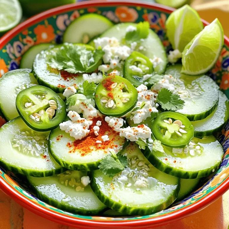 - 4 medium cucumbers, sliced into rounds - 1 teaspoon sea salt - 1 teaspoon freshly ground black pepper - 1 teaspoon smoky chili powder - 1 tablespoon freshly squeezed lime juice - 1/4 cup crumbled queso fresco (or feta) - 1/4 cup fresh cilantro, finely chopped - 1 jalapeño, finely chopped (optional) - 1 tablespoon extra virgin olive oil When I make Mexican-style cucumbers, I focus on fresh, vibrant ingredients. Each item plays a key role in flavor and texture. The cucumbers are crisp and refreshing. They are the star of this dish. The sea salt enhances their natural taste. Black pepper adds a nice kick, while smoky chili powder gives it depth. Fresh lime juice brings brightness. It balances the flavors perfectly. Queso fresco adds a creamy touch, and cilantro gives a fresh burst. If you like heat, jalapeño adds a nice spicy twist. The extra virgin olive oil ties everything together, making it rich and smooth. - Mixing bowl - Cutting board and knife - Measuring spoons - Serving bowl Using the right tools makes cooking easier. A good knife helps slice cucumbers evenly. A mixing bowl is perfect for combining all the ingredients. Measuring spoons ensure you get the flavors just right. Finally, a nice serving bowl makes your dish look great at the table. You can find the full recipe for Mexican-style cucumbers to guide you through this process. - Rinse cucumbers under cold water. - Trim ends and slice into 1/4 inch rounds. Start by washing your cucumbers. Cold water helps remove dirt and any residue. After rinsing, trim off the ends. Now, slice each cucumber into rounds about 1/4 inch thick. This size gives a nice bite and ensures even seasoning. - Combine cucumber slices with salt, pepper, and chili powder. - Toss gently to coat evenly. In a big bowl, mix the cucumber slices with sea salt, black pepper, and smoky chili powder. The salt enhances the cucumber's natural flavor. The chili powder adds a great kick. Toss the cucumbers gently. You want every slice to be coated well without breaking them. - Drizzle lime juice and olive oil over the cucumbers. - Fold in queso fresco and cilantro. - Optionally add jalapeño for extra spice. - Let marinate for 10 minutes before serving. Next, drizzle fresh lime juice and olive oil over the cucumbers. This adds brightness and richness. Fold in crumbled queso fresco and chopped cilantro. If you like spice, add jalapeño. Mix everything gently so the flavors blend well. Let it sit for at least 10 minutes. This waiting time helps the cucumbers soak up all those delicious flavors. Enjoy your vibrant and tasty dish! For the full recipe, refer back here. To make your Mexican style cucumbers shine, use fresh lime juice. The juice brightens the taste and adds a zesty kick. You can also experiment with different types of peppers. If you like heat, try serrano or habanero peppers. Each pepper brings a unique taste and spice level, making your dish fun and exciting. For a stunning look, serve your cucumbers in a stylish bowl. Top them with lime wedges and fresh cilantro. This not only adds color but also enhances the flavor. You might sprinkle extra chili powder for even more appeal. This small touch can make your dish look gourmet and inviting. Use a mandoline to slice your cucumbers evenly. This tool helps create uniform rounds, making them look professional. You can also prepare your ingredients in advance. Chop everything and store them separately. This way, you can quickly assemble your dish when you're ready. These shortcuts save time and make cooking more enjoyable. For the full recipe, check out the [Full Recipe]. {{image_4}} To add heat to your dish, try these tips: - Increase the jalapeño or add serrano peppers for more spice. - Include chopped red onions for extra crunch and flavor. These changes create a perfect balance of spice and freshness. You can adjust the heat level to match your taste. The spicy version pairs well with grilled meats or tacos. For a rich, creamy twist, consider these ideas: - Add Greek yogurt or sour cream for a smooth texture. - Mix in avocado for added creaminess and nutrition. This creamy variation is great for those who enjoy a thicker dressing. It also makes the dish more filling and satisfying. Serve it with pita chips or as a dip for veggies. Want to try something sweet? Here’s how: - Incorporate diced mango or pineapple for a fruity twist. - Drizzle with honey to create a unique flavor combo. This sweet and tangy version is refreshing and fun. It's perfect for summer gatherings or as a light snack. Each bite bursts with flavor, making it a hit with kids and adults alike. For the full recipe, check out the details above. To store leftover Mexican style cucumbers, place them in an airtight container. This keeps them fresh and safe. You should eat them within 2-3 days for the best taste and crunch. Freezing cucumbers is not a good idea. The texture changes when frozen, making them watery and mushy. Instead, enjoy them fresh! To keep your cucumbers fresh, wait to add dressing until you serve. This prevents them from getting soggy. You can also store them with paper towels. The towels soak up extra moisture, keeping your dish crisp and tasty. Mexican-style cucumbers stand out due to their unique seasoning blends. I use fresh, vibrant ingredients like lime juice, smoky chili powder, and cilantro. These flavors combine to create a refreshing taste that dances on your palate. The mix of spices gives a fun twist to simple cucumbers, making them a delightful dish. Yes, you can easily make this recipe vegan. Just replace queso fresco with a plant-based cheese alternative. This change keeps the dish creamy and delicious while fitting a vegan diet. You can still enjoy all the flavors without dairy. These cucumbers shine as a side dish with grilled meats. They also work well as a standalone salad. Pair them with tacos, chicken, or fish for a complete meal. Their crispness complements rich dishes perfectly. Letting cucumbers marinate for at least 10 minutes is best. This time allows the flavors to meld together. However, if you let them sit longer, the taste gets even better. Just be sure to keep them at room temperature, and they will be ready to serve. Mexican-style cucumbers are low in calories and rich in vitamins. They provide hydration, making them perfect for hot days. This dish is also great for weight loss, as it fills you up without adding many calories. Enjoy the freshness guilt-free! This blog post covered the core ingredients and step-by-step instructions to make delicious Mexican-style cucumbers. We discussed how to enhance flavors and provided tips for presentation. You can easily vary the recipe to suit your taste or dietary needs. Remember to store leftovers properly for the best taste. Enjoy refreshing, healthy cucumbers as a side or salad! Making them at home is simple, fun, and sure to impress anyone you serve. Your kitchen can be a hub of fresh taste!