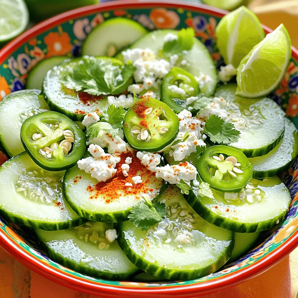 - 4 medium cucumbers, sliced into rounds - 1 teaspoon sea salt - 1 teaspoon freshly ground black pepper - 1 teaspoon smoky chili powder - 1 tablespoon freshly squeezed lime juice - 1/4 cup crumbled queso fresco (or feta) - 1/4 cup fresh cilantro, finely chopped - 1 jalapeño, finely chopped (optional) - 1 tablespoon extra virgin olive oil When I make Mexican-style cucumbers, I focus on fresh, vibrant ingredients. Each item plays a key role in flavor and texture. The cucumbers are crisp and refreshing. They are the star of this dish. The sea salt enhances their natural taste. Black pepper adds a nice kick, while smoky chili powder gives it depth. Fresh lime juice brings brightness. It balances the flavors perfectly. Queso fresco adds a creamy touch, and cilantro gives a fresh burst. If you like heat, jalapeño adds a nice spicy twist. The extra virgin olive oil ties everything together, making it rich and smooth. - Mixing bowl - Cutting board and knife - Measuring spoons - Serving bowl Using the right tools makes cooking easier. A good knife helps slice cucumbers evenly. A mixing bowl is perfect for combining all the ingredients. Measuring spoons ensure you get the flavors just right. Finally, a nice serving bowl makes your dish look great at the table. You can find the full recipe for Mexican-style cucumbers to guide you through this process. - Rinse cucumbers under cold water. - Trim ends and slice into 1/4 inch rounds. Start by washing your cucumbers. Cold water helps remove dirt and any residue. After rinsing, trim off the ends. Now, slice each cucumber into rounds about 1/4 inch thick. This size gives a nice bite and ensures even seasoning. - Combine cucumber slices with salt, pepper, and chili powder. - Toss gently to coat evenly. In a big bowl, mix the cucumber slices with sea salt, black pepper, and smoky chili powder. The salt enhances the cucumber's natural flavor. The chili powder adds a great kick. Toss the cucumbers gently. You want every slice to be coated well without breaking them. - Drizzle lime juice and olive oil over the cucumbers. - Fold in queso fresco and cilantro. - Optionally add jalapeño for extra spice. - Let marinate for 10 minutes before serving. Next, drizzle fresh lime juice and olive oil over the cucumbers. This adds brightness and richness. Fold in crumbled queso fresco and chopped cilantro. If you like spice, add jalapeño. Mix everything gently so the flavors blend well. Let it sit for at least 10 minutes. This waiting time helps the cucumbers soak up all those delicious flavors. Enjoy your vibrant and tasty dish! For the full recipe, refer back here. To make your Mexican style cucumbers shine, use fresh lime juice. The juice brightens the taste and adds a zesty kick. You can also experiment with different types of peppers. If you like heat, try serrano or habanero peppers. Each pepper brings a unique taste and spice level, making your dish fun and exciting. For a stunning look, serve your cucumbers in a stylish bowl. Top them with lime wedges and fresh cilantro. This not only adds color but also enhances the flavor. You might sprinkle extra chili powder for even more appeal. This small touch can make your dish look gourmet and inviting. Use a mandoline to slice your cucumbers evenly. This tool helps create uniform rounds, making them look professional. You can also prepare your ingredients in advance. Chop everything and store them separately. This way, you can quickly assemble your dish when you're ready. These shortcuts save time and make cooking more enjoyable. For the full recipe, check out the [Full Recipe]. {{image_4}} To add heat to your dish, try these tips: - Increase the jalapeño or add serrano peppers for more spice. - Include chopped red onions for extra crunch and flavor. These changes create a perfect balance of spice and freshness. You can adjust the heat level to match your taste. The spicy version pairs well with grilled meats or tacos. For a rich, creamy twist, consider these ideas: - Add Greek yogurt or sour cream for a smooth texture. - Mix in avocado for added creaminess and nutrition. This creamy variation is great for those who enjoy a thicker dressing. It also makes the dish more filling and satisfying. Serve it with pita chips or as a dip for veggies. Want to try something sweet? Here’s how: - Incorporate diced mango or pineapple for a fruity twist. - Drizzle with honey to create a unique flavor combo. This sweet and tangy version is refreshing and fun. It's perfect for summer gatherings or as a light snack. Each bite bursts with flavor, making it a hit with kids and adults alike. For the full recipe, check out the details above. To store leftover Mexican style cucumbers, place them in an airtight container. This keeps them fresh and safe. You should eat them within 2-3 days for the best taste and crunch. Freezing cucumbers is not a good idea. The texture changes when frozen, making them watery and mushy. Instead, enjoy them fresh! To keep your cucumbers fresh, wait to add dressing until you serve. This prevents them from getting soggy. You can also store them with paper towels. The towels soak up extra moisture, keeping your dish crisp and tasty. Mexican-style cucumbers stand out due to their unique seasoning blends. I use fresh, vibrant ingredients like lime juice, smoky chili powder, and cilantro. These flavors combine to create a refreshing taste that dances on your palate. The mix of spices gives a fun twist to simple cucumbers, making them a delightful dish. Yes, you can easily make this recipe vegan. Just replace queso fresco with a plant-based cheese alternative. This change keeps the dish creamy and delicious while fitting a vegan diet. You can still enjoy all the flavors without dairy. These cucumbers shine as a side dish with grilled meats. They also work well as a standalone salad. Pair them with tacos, chicken, or fish for a complete meal. Their crispness complements rich dishes perfectly. Letting cucumbers marinate for at least 10 minutes is best. This time allows the flavors to meld together. However, if you let them sit longer, the taste gets even better. Just be sure to keep them at room temperature, and they will be ready to serve. Mexican-style cucumbers are low in calories and rich in vitamins. They provide hydration, making them perfect for hot days. This dish is also great for weight loss, as it fills you up without adding many calories. Enjoy the freshness guilt-free! This blog post covered the core ingredients and step-by-step instructions to make delicious Mexican-style cucumbers. We discussed how to enhance flavors and provided tips for presentation. You can easily vary the recipe to suit your taste or dietary needs. Remember to store leftovers properly for the best taste. Enjoy refreshing, healthy cucumbers as a side or salad! Making them at home is simple, fun, and sure to impress anyone you serve. Your kitchen can be a hub of fresh taste!
