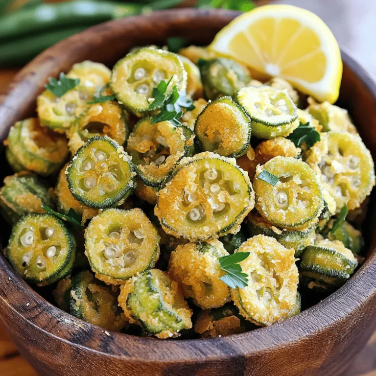 To make this Southern fried okra, start with 1 pound of fresh okra. Look for bright green pods that feel firm. Avoid any that show signs of browning or softness. Slice the okra into 1/2 inch rounds. This size helps them cook evenly and keeps their crunch. Next, prepare the coating. You will need: - 1 cup buttermilk - 1 cup cornmeal - 1/2 cup all-purpose flour - 1 teaspoon garlic powder - 1 teaspoon onion powder - 1 teaspoon smoked paprika - 1/2 teaspoon cayenne pepper (you can adjust this for spice) - Salt and pepper to taste Mix the cornmeal, flour, and spices in a bowl. This blend adds flavor and crunch. The buttermilk will help the coating stick well to the okra. For frying, use vegetable or canola oil. You need enough to fill your skillet by about 1 inch. This depth helps fry the okra evenly. Heat the oil to 350°F (175°C). A thermometer is handy for this step. Getting the oil hot enough is key for that crispy texture. Check the Full Recipe for detailed steps on cooking. Enjoy making this tasty dish! To start, you need fresh okra. Rinse it well under cold water. This cleans any dirt off the pods. Next, slice the okra into 1/2 inch rounds. Make sure each piece is uniform in size. This helps them cook evenly. Once sliced, set the okra aside on a clean plate. Now, grab a mixing bowl and pour in 1 cup of buttermilk. Add the sliced okra to the bowl. Make sure each piece is well-coated with buttermilk. Soak the okra for about 15 minutes. This step adds moisture and flavor. In another bowl, mix the dry ingredients. Combine 1 cup of cornmeal and 1/2 cup of all-purpose flour. Add 1 teaspoon each of garlic powder, onion powder, and smoked paprika. For extra heat, mix in 1/2 teaspoon of cayenne pepper. Lastly, add salt and pepper to taste. Whisk everything together well. This will create a tasty coating for the okra. For the complete recipe, check out the [Full Recipe]. Start by heating the oil in a skillet. Pour about an inch of vegetable or canola oil into a large skillet. Set the heat to medium-high. You want the oil to reach 350°F (175°C). Use a cooking thermometer for accuracy. This temperature is key for a crispy texture. After soaking the okra in buttermilk, lift it out carefully. Allow the excess buttermilk to drip off. Now, place each piece in the cornmeal mixture. Coat them well, but shake off any extra coating. This step helps avoid clumps. Once the oil is hot, add the coated okra in small batches. Avoid overcrowding the pan to keep the oil hot. Fry the okra for 3-4 minutes. Turn them occasionally to get an even golden color. When they look crispy and brown, use a slotted spoon to transfer them to a plate lined with paper towels. This removes any excess oil for a light bite. For the full experience, serve your Southern Fried Okra warm with your favorite dipping sauce. Enjoy the crunch and flavor that comes from this classic dish! {{image_4}} To make your Southern Fried Okra crispy, follow these steps: - Use fresh okra. Freshness matters for flavor and crunch. - Soak in buttermilk. This adds moisture and helps the coating stick well. - Mix dry ingredients well. A good mix of cornmeal and flour creates a great crust. - Heat oil properly. The oil should be around 350°F (175°C). Use a thermometer for accuracy. - Don't overcrowd the pan. Fry in small batches to keep the oil hot. Dipping sauces can enhance your okra’s flavor. Here are my favorites: - Creamy ranch dressing. This classic pairs well with the crunch. - Spicy remoulade. For a kick, this sauce adds a nice zest. - Honey mustard sauce. A sweet twist that complements the savory fried okra. Avoid these errors for the best okra: - Skipping the buttermilk soak. This step is key for flavor and texture. - Using cold oil. Cold oil makes the okra soggy, not crispy. - Not draining excess oil. Place fried okra on paper towels to remove oil. - Frying too many pieces at once. This lowers the oil temperature and makes the coating soggy. With these tips, your Southern Fried Okra will shine! For the full recipe, check the Southern Fried Okra Delight section above. To add some heat, use cayenne pepper. You can adjust the amount to your taste. For more spice, mix in some finely chopped jalapeños. Add them to the buttermilk soak for a spicy kick. You can also sprinkle hot sauce in the buttermilk. This brings out the zest in the dish. Spicy Southern fried okra pairs well with creamy dips. Want a lighter option? Try baking instead of frying. Coat the okra in the same buttermilk and cornmeal mix. Then, place them on a baking sheet lined with parchment. Spray a little oil on top for crispiness. Bake at 425°F (220°C) for about 20-25 minutes. Turn them halfway through to ensure even cooking. You’ll still enjoy the great flavor with less oil. Get creative with your okra! Try adding cheese to the coating. Grated Parmesan or cheddar blends well with cornmeal. You can also add herbs like thyme or dill for a fresh taste. For a sweet twist, sprinkle some brown sugar in the coating mix. This gives a nice contrast to the okra's natural flavor. Each version brings new excitement to your meal. Don’t forget to try these variations when following the Full Recipe! To keep your fried okra fresh, let it cool first. Place it in an airtight container. You can store it in the fridge for up to three days. For longer storage, freeze it in a freezer-safe bag. Just remember to remove as much air as you can. This way, your okra stays tasty and avoids freezer burn. When you are ready to enjoy your leftovers, you can reheat them easily. The best method is to use an oven. Preheat your oven to 350°F (175°C). Spread the fried okra on a baking sheet. Bake for about 10-15 minutes until hot and crispy again. You can also use an air fryer for a quick reheating. Set it to 350°F (175°C) for about 5-7 minutes. Serve your Southern Fried Okra warm for the best taste. It pairs well with several dips. Try ranch dressing for a creamy option or a spicy remoulade for some heat. You can also serve it as a side dish with fried chicken or barbecue. For a fun twist, add it to salads or tacos for extra crunch. Enjoy your crispy and flavorful delight! Yes, you can use frozen okra. Just thaw it first. Pat it dry with a kitchen towel. This helps remove excess moisture. Too much water can make the coating soggy. For the best flavor, fresh okra is still the top choice. Frozen okra works in a pinch, though! To keep your okra crispy, follow these tips: - Soak the okra in buttermilk. This adds moisture and flavor. - Make sure to coat each piece well in the cornmeal mixture. - Do not overcrowd the pan when frying. This keeps the oil hot. - Drain the fried okra on paper towels. This removes excess oil. These steps help you get that crunchy texture every time! Southern Fried Okra has roots in the American South. It came from African culinary traditions. Okra traveled with enslaved people to the U.S. They used it in many dishes. Over time, it became a staple in Southern cooking. Today, it is loved for its unique flavor and crispy texture. Enjoying Southern Fried Okra connects us to this rich history. We explored how to make Southern Fried Okra from fresh ingredients. We covered the best ways to prepare okra, soak it properly, and fry it for crispiness. You learned tips for tasty dipping sauces and ways to avoid common mistakes. Variations let you spice things up or make a healthier version. Lastly, we discussed how to store leftovers and serve them well. Enjoy this fun treat as a snack or side dish! Your fried okra will impress everyone!