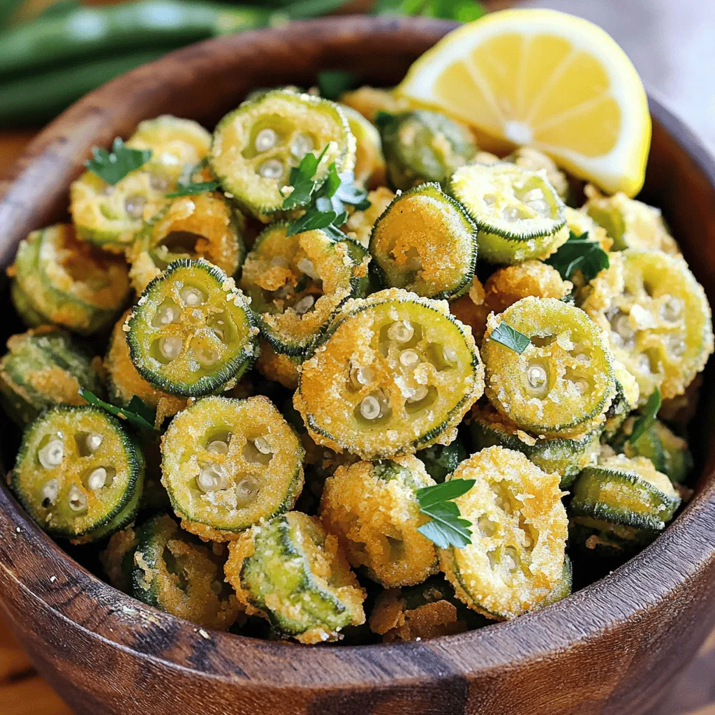 To make this Southern fried okra, start with 1 pound of fresh okra. Look for bright green pods that feel firm. Avoid any that show signs of browning or softness. Slice the okra into 1/2 inch rounds. This size helps them cook evenly and keeps their crunch. Next, prepare the coating. You will need: - 1 cup buttermilk - 1 cup cornmeal - 1/2 cup all-purpose flour - 1 teaspoon garlic powder - 1 teaspoon onion powder - 1 teaspoon smoked paprika - 1/2 teaspoon cayenne pepper (you can adjust this for spice) - Salt and pepper to taste Mix the cornmeal, flour, and spices in a bowl. This blend adds flavor and crunch. The buttermilk will help the coating stick well to the okra. For frying, use vegetable or canola oil. You need enough to fill your skillet by about 1 inch. This depth helps fry the okra evenly. Heat the oil to 350°F (175°C). A thermometer is handy for this step. Getting the oil hot enough is key for that crispy texture. Check the Full Recipe for detailed steps on cooking. Enjoy making this tasty dish! To start, you need fresh okra. Rinse it well under cold water. This cleans any dirt off the pods. Next, slice the okra into 1/2 inch rounds. Make sure each piece is uniform in size. This helps them cook evenly. Once sliced, set the okra aside on a clean plate. Now, grab a mixing bowl and pour in 1 cup of buttermilk. Add the sliced okra to the bowl. Make sure each piece is well-coated with buttermilk. Soak the okra for about 15 minutes. This step adds moisture and flavor. In another bowl, mix the dry ingredients. Combine 1 cup of cornmeal and 1/2 cup of all-purpose flour. Add 1 teaspoon each of garlic powder, onion powder, and smoked paprika. For extra heat, mix in 1/2 teaspoon of cayenne pepper. Lastly, add salt and pepper to taste. Whisk everything together well. This will create a tasty coating for the okra. For the complete recipe, check out the [Full Recipe]. Start by heating the oil in a skillet. Pour about an inch of vegetable or canola oil into a large skillet. Set the heat to medium-high. You want the oil to reach 350°F (175°C). Use a cooking thermometer for accuracy. This temperature is key for a crispy texture. After soaking the okra in buttermilk, lift it out carefully. Allow the excess buttermilk to drip off. Now, place each piece in the cornmeal mixture. Coat them well, but shake off any extra coating. This step helps avoid clumps. Once the oil is hot, add the coated okra in small batches. Avoid overcrowding the pan to keep the oil hot. Fry the okra for 3-4 minutes. Turn them occasionally to get an even golden color. When they look crispy and brown, use a slotted spoon to transfer them to a plate lined with paper towels. This removes any excess oil for a light bite. For the full experience, serve your Southern Fried Okra warm with your favorite dipping sauce. Enjoy the crunch and flavor that comes from this classic dish! {{image_4}} To make your Southern Fried Okra crispy, follow these steps: - Use fresh okra. Freshness matters for flavor and crunch. - Soak in buttermilk. This adds moisture and helps the coating stick well. - Mix dry ingredients well. A good mix of cornmeal and flour creates a great crust. - Heat oil properly. The oil should be around 350°F (175°C). Use a thermometer for accuracy. - Don't overcrowd the pan. Fry in small batches to keep the oil hot. Dipping sauces can enhance your okra’s flavor. Here are my favorites: - Creamy ranch dressing. This classic pairs well with the crunch. - Spicy remoulade. For a kick, this sauce adds a nice zest. - Honey mustard sauce. A sweet twist that complements the savory fried okra. Avoid these errors for the best okra: - Skipping the buttermilk soak. This step is key for flavor and texture. - Using cold oil. Cold oil makes the okra soggy, not crispy. - Not draining excess oil. Place fried okra on paper towels to remove oil. - Frying too many pieces at once. This lowers the oil temperature and makes the coating soggy. With these tips, your Southern Fried Okra will shine! For the full recipe, check the Southern Fried Okra Delight section above. To add some heat, use cayenne pepper. You can adjust the amount to your taste. For more spice, mix in some finely chopped jalapeños. Add them to the buttermilk soak for a spicy kick. You can also sprinkle hot sauce in the buttermilk. This brings out the zest in the dish. Spicy Southern fried okra pairs well with creamy dips. Want a lighter option? Try baking instead of frying. Coat the okra in the same buttermilk and cornmeal mix. Then, place them on a baking sheet lined with parchment. Spray a little oil on top for crispiness. Bake at 425°F (220°C) for about 20-25 minutes. Turn them halfway through to ensure even cooking. You’ll still enjoy the great flavor with less oil. Get creative with your okra! Try adding cheese to the coating. Grated Parmesan or cheddar blends well with cornmeal. You can also add herbs like thyme or dill for a fresh taste. For a sweet twist, sprinkle some brown sugar in the coating mix. This gives a nice contrast to the okra's natural flavor. Each version brings new excitement to your meal. Don’t forget to try these variations when following the Full Recipe! To keep your fried okra fresh, let it cool first. Place it in an airtight container. You can store it in the fridge for up to three days. For longer storage, freeze it in a freezer-safe bag. Just remember to remove as much air as you can. This way, your okra stays tasty and avoids freezer burn. When you are ready to enjoy your leftovers, you can reheat them easily. The best method is to use an oven. Preheat your oven to 350°F (175°C). Spread the fried okra on a baking sheet. Bake for about 10-15 minutes until hot and crispy again. You can also use an air fryer for a quick reheating. Set it to 350°F (175°C) for about 5-7 minutes. Serve your Southern Fried Okra warm for the best taste. It pairs well with several dips. Try ranch dressing for a creamy option or a spicy remoulade for some heat. You can also serve it as a side dish with fried chicken or barbecue. For a fun twist, add it to salads or tacos for extra crunch. Enjoy your crispy and flavorful delight! Yes, you can use frozen okra. Just thaw it first. Pat it dry with a kitchen towel. This helps remove excess moisture. Too much water can make the coating soggy. For the best flavor, fresh okra is still the top choice. Frozen okra works in a pinch, though! To keep your okra crispy, follow these tips: - Soak the okra in buttermilk. This adds moisture and flavor. - Make sure to coat each piece well in the cornmeal mixture. - Do not overcrowd the pan when frying. This keeps the oil hot. - Drain the fried okra on paper towels. This removes excess oil. These steps help you get that crunchy texture every time! Southern Fried Okra has roots in the American South. It came from African culinary traditions. Okra traveled with enslaved people to the U.S. They used it in many dishes. Over time, it became a staple in Southern cooking. Today, it is loved for its unique flavor and crispy texture. Enjoying Southern Fried Okra connects us to this rich history. We explored how to make Southern Fried Okra from fresh ingredients. We covered the best ways to prepare okra, soak it properly, and fry it for crispiness. You learned tips for tasty dipping sauces and ways to avoid common mistakes. Variations let you spice things up or make a healthier version. Lastly, we discussed how to store leftovers and serve them well. Enjoy this fun treat as a snack or side dish! Your fried okra will impress everyone!