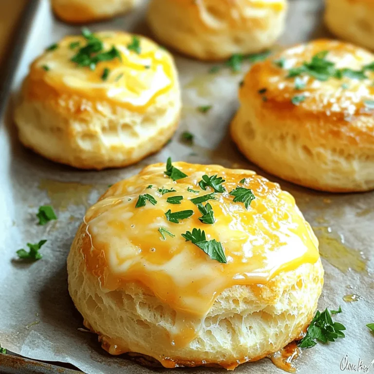 To make Cheesy Garlic Biscuit Bombs, you need a few simple items. Gather the following ingredients: - 2 cups all-purpose flour - 1 tablespoon baking powder - 1 teaspoon garlic powder - 1 teaspoon salt - ½ cup cold unsalted butter, diced into small cubes - 1 cup shredded sharp cheddar cheese - ¾ cup whole milk - 2 tablespoons melted unsalted butter - Optional garnish: fresh parsley, finely chopped Each ingredient plays a key role in making these biscuit bombs tasty and fun. The flour gives structure, while baking powder helps them rise. Garlic powder adds a nice flavor kick, and the salt enhances everything. Cold butter helps create a flaky texture. Cheddar cheese? That's the star, making every bite cheesy and delicious. Whole milk keeps the dough moist. When you brush on melted butter, it gives a lovely finish. If you like, add fresh parsley for color and freshness. Now you have everything you need to create these delightful bites! For more details, check the Full Recipe. - Preheat the oven to 425°F (220°C). - Line a baking sheet with parchment paper. This helps prevent sticking. - Combine 2 cups of flour, 1 tablespoon of baking powder, 1 teaspoon of garlic powder, and 1 teaspoon of salt in a mixing bowl. Mix well to blend the flavors. - Add ½ cup of diced cold butter to the flour mix. Use your fingers to blend until it looks crumbly. - Fold in 1 cup of shredded sharp cheddar cheese. This adds a rich, cheesy flavor to each bite. - Gradually pour in ¾ cup of whole milk. Stir gently until just mixed. The dough should be a little sticky but not wet. - Turn the dough out onto a floured surface. Knead it lightly for a few moments. - Divide the dough into equal parts. Roll each part into a ball, about the size of a golf ball. - Place the biscuit balls on the lined baking sheet. Give them space to grow. - Brush the tops with garlic butter. Bake for 15-18 minutes, until golden brown. Enjoy the lovely smell filling your kitchen! These steps will lead you to your perfect Cheesy Garlic Biscuit Bombs. For the complete cooking details, check the Full Recipe. To get the perfect flaky biscuit bomb, you need to keep the butter cold. Cold butter makes the biscuits rise well. This creates those lovely layers. When you mix, avoid overmixing. Overmixing makes the dough tough. You want a light and fluffy texture. Want to add more flavor to your biscuit bombs? Try mixing in herbs or spices. Fresh chives or dried oregano can work wonders. You can also add a pinch of cayenne pepper for heat. This little change can make a big difference in taste. Serve your cheesy garlic biscuit bombs warm. They pair well with dipping sauces like marinara or ranch. You can also enjoy them with a bowl of soup. They add a nice touch to any meal. My favorite is dipping them in a creamy garlic sauce. It's a match made in heaven! For the complete step-by-step process, check the Full Recipe. {{image_4}} You can swap out cheddar for other cheeses. Mozzarella gives a stretchy, gooey bite. Pepper jack adds a nice kick with its spicy flavor. You might try a blend of cheeses for more depth. Each cheese will change the taste, so experiment to find what you love. Fresh herbs can boost the flavor of your biscuit bombs. Chives bring a mild onion taste. Rosemary gives a fragrant note that pairs well with garlic. You can add herbs directly into the dough. This simple step elevates your dish and makes it unique. If you need gluten-free options, use alternative flour. Almond flour or coconut flour works well. Just be aware that these flours absorb more liquid. Adjust the milk quantity to get the right dough texture. This allows everyone to enjoy your cheesy garlic biscuit bombs! For the full recipe, check the detailed instructions above. To keep your Cheesy Garlic Biscuit Bombs fresh, store leftovers in the fridge. Place them in an airtight container. They will stay good for about 3 days. Make sure to let them cool before sealing them. This will help prevent moisture buildup. Reheat your biscuit bombs to enjoy them warm again. The best way is to use an oven. Preheat your oven to 350°F (175°C). Place the biscuit bombs on a baking sheet. Heat them for about 10 minutes. This method keeps them crispy and cheesy. You can also use a microwave. Heat them for about 20-30 seconds, but they might get a bit soft. If you want to save some for later, you can freeze your biscuit bombs. First, let them cool completely. Then, wrap each one in plastic wrap. Place the wrapped bombs in a freezer bag. They can last for up to 3 months in the freezer. To enjoy them later, thaw in the fridge overnight. Then, reheat as mentioned above. Enjoy your cheesy treats anytime! For the full recipe, check out the details above. Cheesy Garlic Biscuit Bombs can last up to three days when stored properly. To keep them fresh, place them in an airtight container. You should store them at room temperature. Avoid putting them in the fridge, as it can make them soggy. If you want to keep them longer, consider freezing them. Yes, you can make these biscuits in advance. Prepare the dough and shape it into balls. Then, cover them tightly and place them in the fridge for up to 24 hours. This way, you can bake them fresh whenever you want. If you need to, you can also freeze the uncooked biscuit bombs. Just thaw them in the fridge before baking. If you don’t have cheddar cheese, don’t worry! You can use other cheese types. Mozzarella adds a nice stretch. Pepper jack brings some heat and flavor. Even cream cheese can work for a creamy texture. Just remember to adjust the amount based on the cheese's flavor strength. Dipping sauces can enhance the flavor of your biscuit bombs. A simple garlic butter sauce pairs well with them. You can also try marinara sauce for a fun twist. Ranch dressing adds a zesty touch, too. For a kick, consider a spicy aioli or hot sauce. Enjoy experimenting with your favorite dips! These Cheesy Garlic Biscuit Bombs are a fun and tasty treat. We covered the key ingredients, easy steps to make them, and helpful tips for great results. Remember to keep the butter cold and feel free to experiment with herbs or cheeses. Enjoy these biscuits warm with your favorite dip, or store them for later. Making these biscuits can bring joy to your kitchen. I hope you try them and share with loved ones!