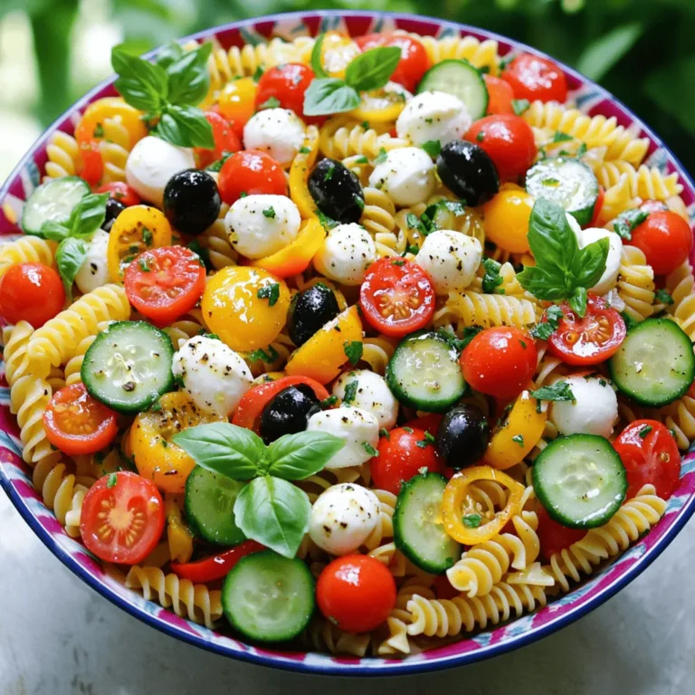 For a tasty Italian pasta salad, you need: - 8 oz rotini or fusilli pasta - 1 cup cherry tomatoes, halved - 1 cup cucumber, diced - 1 cup bell peppers (red and yellow), diced - ½ cup red onion, finely chopped - 1 cup black olives, sliced - 1 cup mozzarella balls, halved (bocconcini) - ½ cup fresh basil leaves, torn - 1 teaspoon dried oregano - ½ cup extra virgin olive oil - 3 tablespoons red wine vinegar (or substitute with apple cider vinegar) - Salt and pepper, to taste These ingredients make a colorful and fresh salad. The pasta provides a great base. Each veggie adds its own crunch and flavor. The mozzarella gives a creamy touch. To make this salad your own, consider adding: - Artichoke hearts - Sun-dried tomatoes - Capers - Fresh spinach or arugula - Grated Parmesan cheese - Different herbs like parsley or thyme Feel free to mix and match! These options can change the taste and texture. You can make it your unique dish every time. Always keep these items on hand for pasta salad success: - Extra virgin olive oil - Red wine vinegar or apple cider vinegar - Dried herbs like oregano and basil - Salt and pepper These staples help create a delicious dressing. They also enhance the flavors in your salad. When you have them ready, you can whip up this dish anytime. For the complete recipe, check out the Full Recipe section. To start, you need to cook the pasta. Use rotini or fusilli pasta, about 8 oz. Bring a pot of water to a boil and add a pinch of salt. Cook the pasta according to the package instructions. You want it to be al dente, which means it should be firm but cooked. Once cooked, drain the pasta in a colander. Rinse it under cold water. This step cools the pasta down and stops it from cooking more. Now, grab a large mixing bowl. In this bowl, combine the fun ingredients. Add 1 cup of halved cherry tomatoes, 1 cup of diced cucumber, and 1 cup of diced bell peppers. Next, add ½ cup of finely chopped red onion, 1 cup of sliced black olives, and 1 cup of halved mozzarella balls. Mix everything gently to spread the flavors evenly. You want each bite to be colorful and tasty. In a small bowl, we’ll make the dressing. Whisk together ½ cup of extra virgin olive oil and 3 tablespoons of red wine vinegar. If you prefer, use apple cider vinegar instead. Add 1 teaspoon of dried oregano and a good pinch of salt and pepper. Whisk until the dressing is smooth and well mixed. This dressing brings all the flavors together in your salad. When you’re ready, drizzle the dressing over the pasta salad mixture. Toss gently to coat all the ingredients. Then, fold in ½ cup of torn fresh basil leaves. Let the salad sit for at least 15 minutes before serving. This waiting time helps the flavors blend beautifully. For the full recipe, check out the complete instructions and enjoy your delicious Italian pasta salad! To get that perfect bite, cook your pasta just right. Aim for al dente, which means firm but not hard. Follow the package instructions carefully. Once cooked, drain and rinse your pasta under cold water. This stops the cooking process and cools it down quickly. Mixing flavors makes your pasta salad pop! Use fresh vegetables like cherry tomatoes and cucumbers. Add olives for a briny touch and mozzarella for creaminess. Fresh herbs like basil add brightness. Don’t forget to season with salt and pepper for balance. Experiment with different dressings too; a splash of lemon juice can brighten it up. Serve your pasta salad in a colorful bowl to catch eyes. Garnish with whole basil leaves for a fresh touch. A drizzle of olive oil on top adds shine and richness. You can also layer the salad for a stunning effect, so each bite has a variety of flavors. For the full recipe, check out the detailed steps above! {{image_4}} When it comes to Italian pasta salad, variations can make it exciting. You can change flavors and textures easily. Here are some fun options to try. Want to add protein? You can include grilled chicken, shrimp, or sliced salami. These toppings make the salad heartier. For a vegetarian option, try chickpeas or white beans. They add a nice texture and boost nutrition. If you need gluten-free options, you can use rice or quinoa pasta. These choices work well and taste great. Just cook them according to the package instructions. You can enjoy the same flavors without the gluten. I love to use seasonal ingredients. In summer, add fresh zucchini or asparagus. In fall, try roasted butternut squash. These swaps keep the salad fresh and vibrant. You can also use different herbs like parsley or dill for extra flavor. For the full recipe, check out the Italian Garden Pasta Salad. It’s a great base to start your variations! To keep your Italian pasta salad fresh, store it in an airtight container. This helps prevent moisture loss and keeps flavors intact. Layer the salad in the container to avoid crushing the veggies. If possible, add the dressing just before serving to maintain crunchiness. You can serve leftovers cold or at room temperature. If you prefer warm pasta salad, gently heat it in the microwave. Use a low setting to avoid overcooking. Stir it every 30 seconds until warm. If you notice it’s a bit dry, add a splash of olive oil or vinegar to revive the flavors. Your pasta salad will stay fresh in the fridge for about 3 to 5 days. After that, the veggies may lose their crunch. Always check for any off smells or changes in texture before enjoying leftovers. For the best taste, eat it within the first two days. For the full recipe, check the earlier sections. Yes, you can make Italian Pasta Salad ahead of time. This salad keeps well in the fridge. I recommend making it a day before you plan to serve it. This allows the flavors to blend nicely. Just store it in an airtight container. Before serving, give it a good stir to mix everything again. Italian Pasta Salad goes well with many side dishes. Here are some great options: - Grilled chicken or shrimp - Garlic bread - Antipasto platter - Caprese salad - A light soup, like minestrone These dishes complement the fresh flavors of the salad. To make this salad vegan, swap out a few ingredients. Instead of mozzarella, use diced avocado or marinated tofu. For the dressing, ensure your vinegar is vegan-friendly. You can use a mix of olive oil, lemon juice, and herbs. This keeps the salad fresh and tasty. For the full recipe, you can find all the details to create this delightful dish. This article covered how to make a tasty Italian pasta salad. We looked at key ingredients, step-by-step instructions, and helpful tips. You learned ways to customize the salad with proteins and seasonal items. Proper storage methods were shared to keep your dish fresh. You can prepare this salad ahead of time and find great sides to enjoy with it. For those looking to make it vegan, options were also provided. Now, go ahead and enjoy your delicious Italian pasta salad!