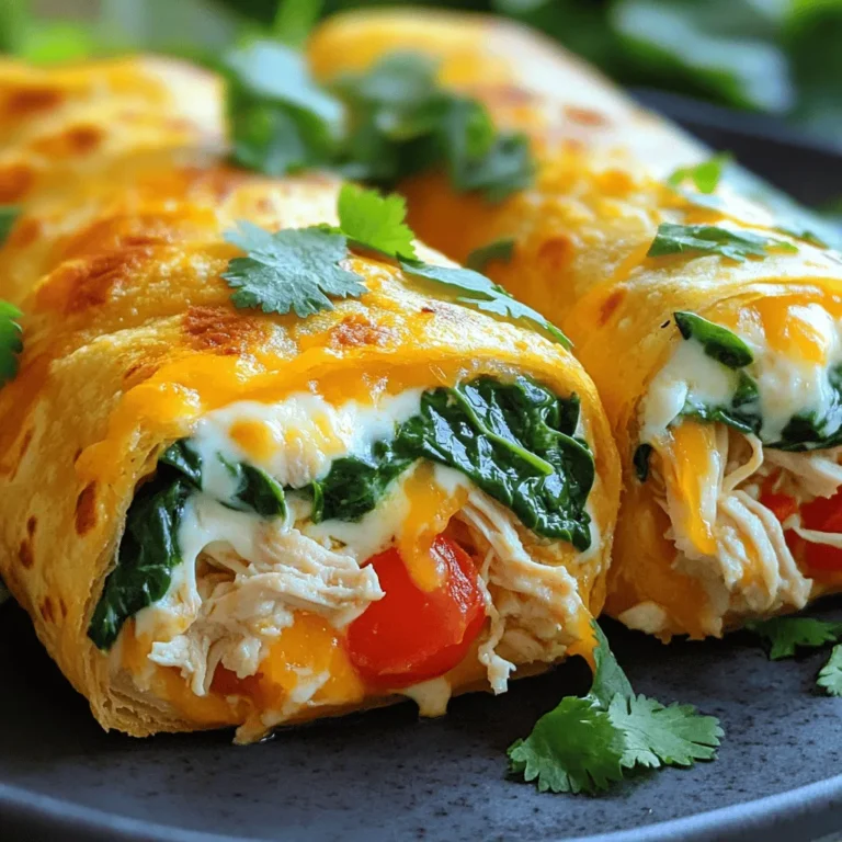 - 2 cups cooked chicken, shredded - 1 cup shredded mozzarella cheese - 1/2 cup cream cheese, softened to room temperature - 4 large flour tortillas - 3 cloves garlic, minced - 1 tablespoon extra virgin olive oil - 1/2 teaspoon smoked paprika - 1/4 teaspoon freshly ground black pepper - 1/4 teaspoon sea salt - 1 cup fresh spinach leaves, washed and dried - 1 medium tomato, diced into small cubes - 1/4 cup fresh cilantro, chopped (optional for garnish) Gather these ingredients to create a rich and creamy filling. The combination of chicken and cheeses makes it so tasty. Minced garlic adds a nice kick. Smoked paprika gives your wraps a subtle warmth. Fresh spinach and tomatoes add color and crunch. Don't forget the cilantro for a fresh touch. You can find the full recipe above to guide you through the cooking process. Enjoy the fun of mixing these ingredients and creating your wraps! - Step 1: Sautéing Garlic Start by heating the extra virgin olive oil in a medium skillet over medium heat. Add the minced garlic and sauté it for about one minute. You want it fragrant but not browned. Browning can make the garlic bitter. - Step 2: Mixing the Filling In a mixing bowl, combine the shredded chicken, shredded mozzarella cheese, and softened cream cheese. Add the sautéed garlic, smoked paprika, black pepper, and salt. Stir well until the mixture is smooth and the cheeses blend together. - Step 3: Filling the Tortilla Lay one tortilla flat on a clean surface. Scoop a generous amount of the cheesy chicken filling and place it in the center. Top with a handful of fresh spinach and diced tomato. If you like, add chopped cilantro for extra flavor. - Step 4: Rolling the Wrap Fold in the sides of the tortilla toward the center. Then, carefully roll it up from the bottom to form a tight wrap. Press gently as you roll to keep the filling inside. Repeat this with the remaining tortillas and filling. - Step 5: Grilling in the Skillet Heat the skillet again if needed. Place the wraps seam-side down in the skillet. Grill for about 2-3 minutes on each side until golden brown and crispy. - Step 6: Slicing and Serving Once grilled, let the wraps rest for a minute. Slice each wrap diagonally for easy handling. Serve hot, possibly with your favorite dipping sauce. You can find the complete details in the Full Recipe section. - Ensuring Optimal Grilling Temperature Start by heating your skillet over medium heat. This helps get a nice golden-brown finish. If it’s too hot, the outside may burn while the inside stays cold. - Tips for Evenly Melting Cheese Mix your cheeses well with the chicken filling. This allows the cheese to melt smoothly. Using room temperature cream cheese can help it blend better too. - Adding Spices or Herbs For a kick, try adding red pepper flakes or Italian herbs. Fresh basil or oregano can also add great flavor. Just a pinch can change the taste. - Customizing the Filling You can swap the chicken for shrimp or beef. Adding black beans or corn can make it heartier. Think about what you like and mix it in. - Avoiding Filling Spillage When filling the tortilla, don’t overstuff it. Keep the filling in the center, leaving space on the edges. This helps prevent messes when rolling. - Making a Tighter Roll Start rolling from the bottom, tucking the filling in as you go. Roll it tightly, and press gently to keep it closed. A tight wrap holds the fillings nicely. For more tips, check out the Full Recipe for Cheesy Garlic Chicken Wraps! {{image_4}} You can change the protein in these wraps for a new taste. Using grilled shrimp or steak adds a different flair. For shrimp, just grill it until it’s pink and firm. If you prefer steak, use thin slices of grilled meat. Both options blend well with the cheese and garlic flavors. If you want a vegetarian version with grilled veggies, consider zucchini, bell peppers, and mushrooms. Grill them until they're tender. They add a nice crunch and a smoky taste. This version is perfect for meat-free meals! Feel free to switch up the cheese for your wraps. Switching to cheddar or pepper jack offers a sharp or spicy kick. Cheddar melts well and gives a rich flavor. Pepper jack adds heat and zest. Both options make the wraps extra tasty. You can also try cream cheese options and variations. Mix in herbs or spices to the cream cheese for a new twist. Garlic or chive cream cheese can make the filling even creamier and more flavorful. Don’t forget about toppings! Suggested dipping sauces like ranch or salsa can elevate your wraps. A creamy ranch balances the garlic well. Salsa adds freshness and a bit of spice. Serving your wraps with a salad or rice is a great idea. A simple side salad with mixed greens pairs nicely. If you prefer rice, consider a cilantro lime rice for a fresh touch. These sides complement the wrap and make it a full meal. Enjoy experimenting with these variations to find your perfect cheesy garlic chicken wrap! For the full recipe, check out the entire cooking guide. Refrigeration Guidelines You can keep your Cheesy Garlic Chicken Wraps in the fridge. Store them in an airtight container. They stay fresh for 3 to 4 days. Make sure they cool down before sealing them. This keeps them from getting soggy. Freezing for Long-term Storage If you want to keep them longer, freezing works great. Wrap each one in plastic wrap and place them in a freezer bag. They can stay frozen for up to 3 months. Just remember to label the bag with the date. Best Methods for Reheating To reheat, you have a few good options. The oven is best for even heating. Preheat it to 350°F (175°C) and bake for about 10-15 minutes. You can also use a skillet over medium heat. Just heat them for a few minutes on each side. Ensuring Crispy Texture To keep that crispy texture, avoid microwaving them. Microwaves can make the wraps soggy. If you must use a microwave, place a paper towel under the wrap. This step helps absorb moisture. How Long Can You Keep Them? Cheesy Garlic Chicken Wraps last in the fridge for 3 to 4 days. In the freezer, they can last for about 3 months. Signs of Spoilage to Watch Out For Look for any off smells or changes in color. If the wraps feel slimy or sticky, it’s best to throw them out. Always trust your senses when it comes to food safety. For the full recipe, check out Cheesy Garlic Chicken Wraps! To add heat, try these tips: - Mix in diced jalapeños or other hot peppers. - Use spicy cheese, like pepper jack. - Add hot sauce to the filling. - Sprinkle red pepper flakes inside before rolling. These options give you the kick you want! Yes, you can prep the wraps in advance! Here’s how: - Assemble the wraps and wrap them in plastic. - Store them in the fridge for up to 2 days. - When ready to eat, just grill them as directed. This makes meal time quick and easy! Here are some great side dish ideas: - Crisp salad with mixed greens. - Fresh fruit salad for a sweet touch. - Crunchy potato chips or fries for a fun crunch. - Steamed veggies for a healthy option. These sides pair well with the wraps! Look for these signs: - The wraps should be golden brown on both sides. - The cheese inside should be melted and gooey. - When you cut them, the filling should stay inside. These cues show you are ready to enjoy your meal! Cheesy garlic chicken wraps offer a quick and tasty meal option. We covered main ingredients, like chicken, cheese, and garlic. You learned step-by-step how to prepare, assemble, and cook these wraps. I also shared tips for flavor and storage. Incorporate your favorite proteins or cheese for fun variations. With practice, you'll master this easy recipe. Enjoy these wraps anytime, and share them with friends and family!