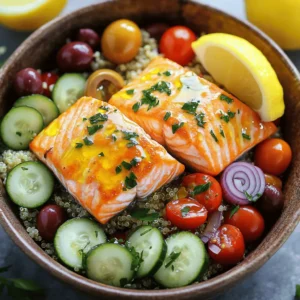 - 2 fresh salmon fillets - 1 cup quinoa, thoroughly rinsed - 2 cups vegetable broth or water - 1 cup cherry tomatoes, halved - 1 crisp cucumber, diced - 1/2 cup Kalamata olives, pitted and sliced - 1/2 red onion, delicately thin-sliced - 1/4 cup fresh parsley, finely chopped - 1 lemon, juiced - Salt and freshly cracked pepper, to taste - 1 teaspoon garlic powder - 1 teaspoon dried oregano - Extra-virgin olive oil - Optional toppings (e.g., feta cheese, avocado, arugula) Gather these fresh ingredients for your Healthy Mediterranean Salmon Bowl. The salmon gives protein and a rich flavor. Quinoa adds a nutty taste and is full of fiber. The vegetables bring color, crunch, and nutrients. You can always switch up the ingredients based on what you like or have on hand. If you want to make it even more gourmet, consider our Full Recipe for detailed steps. Enjoy mixing and matching! To start, combine 1 cup of rinsed quinoa with 2 cups of vegetable broth or water in a medium saucepan. Heat the mixture on medium-high until it boils. Once it bubbles, reduce the heat to low. Cover it and let it simmer for about 15 minutes. You’ll know it’s done when all the liquid is soaked up. After that, take it off the heat and fluff it with a fork. Next, preheat your oven to 400°F (200°C). While it warms, line a baking tray with parchment paper. Place the 2 salmon fillets skin-side down. Drizzle them with olive oil and season with garlic powder, dried oregano, salt, and freshly cracked pepper. Bake the salmon for 12 to 15 minutes. It should be opaque and flake easily when it’s done. While the salmon bakes, it’s time to chop the vegetables. In a large mixing bowl, toss together 1 cup of halved cherry tomatoes, 1 diced cucumber, ½ thinly sliced red onion, and ½ cup of pitted Kalamata olives. Drizzle with 1 tablespoon of olive oil and the juice from 1 lemon. Season with salt and pepper to taste. Mix well to spread the flavors evenly. Now, grab your serving bowls. Start with a generous scoop of fluffy quinoa as the base. Place a roasted salmon fillet right on top of the quinoa. Next, add a hearty portion of the vibrant vegetable mixture on one side of the salmon. Garnish with fresh parsley for a lovely finish. You can find the complete recipe [Full Recipe]. Enjoy a fresh and healthy Mediterranean salmon bowl! To know when salmon is done, check its color. It should turn from bright pink to a lighter pink. The fish should also flake easily when you poke it with a fork. For the best results, I recommend two cooking methods. Grilling gives a nice char and smoky flavor. Poaching keeps the fish moist and tender. Marinate your salmon for extra taste. A simple mix of olive oil, lemon juice, and garlic works well. You can let it sit for 30 minutes. For the veggies, add a splash of balsamic vinegar or a sprinkle of feta cheese. This will really boost their flavors. To save time, prep your ingredients in advance. Cook the quinoa and chop the veggies a day before. Store them in airtight containers in the fridge. This way, assembly is quick and easy. For leftovers, keep them in separate containers. This helps keep the salmon and veggies fresh. {{image_4}} You can change the grains in your bowl. Try using rice or farro instead of quinoa. Each grain adds its own flavor and texture. For the salmon, think about different ways to cook it. You can use smoked salmon for a rich taste or grill it for a nice char. Both options can give your dish a new twist. Adding spices can change your bowl's taste. Try paprika for a smoky flavor or cumin for warmth. You can also switch up the dressing. Balsamic dressing adds sweetness, while tahini brings a nutty taste. These small changes can make a big difference in flavor. If you want a plant-based meal, you can swap salmon with tofu or chickpeas. Tofu absorbs flavors well and gives a nice texture. Chickpeas add protein and fiber. For toppings, consider using avocado for creaminess or nuts for crunch. These alternatives keep your bowl tasty and healthy. For the full recipe, check out the Mediterranean Bliss Salmon Bowl. To keep your Healthy Mediterranean Salmon Bowl fresh, place leftovers in airtight containers. This helps lock in flavors and moisture. I recommend glass containers for better heat retention. Let the bowl cool to room temperature before sealing. Store in the fridge for up to three days. You can freeze both quinoa and salmon. For quinoa, allow it to cool, then spread it in a thin layer on a baking sheet. Freeze until firm, then transfer to a freezer-safe bag. For salmon, wrap each fillet tightly in plastic wrap, then place in a freezer bag. To reheat, thaw overnight in the fridge. Warm quinoa in a microwave or on the stove until hot. Bake the salmon at 350°F (175°C) for about 10 minutes until heated through. For the best taste and safety, eat the salmon within three days if stored in the fridge. Quinoa can last about five days. If frozen, consume salmon within three months for the best quality. Enjoy your meal while it's fresh! You can add many tasty sides to your salmon bowl. Here are some ideas: - A simple green salad with mixed greens and vinaigrette. - Whole-grain pita or flatbread for dipping. - Roasted vegetables like zucchini, bell peppers, or asparagus. - Hummus or tzatziki for extra flavor. - Sliced avocado for creaminess. Yes, you can prep this meal in advance. For best results, cook the quinoa and salmon and store them in separate containers. Keep the vegetables fresh by cutting them just before serving. To store: - Quinoa lasts up to 4 days in the fridge. - Cooked salmon stays fresh for 2-3 days. - Store veggies in an airtight container to keep them crisp. You can easily change the spice level in your bowl. To add heat, sprinkle some red pepper flakes or cayenne pepper on the salmon before baking. For less spice, simply skip these ingredients. You can also serve a spicy sauce on the side for those who want it hot. Yes, this recipe is naturally gluten-free. Quinoa is a great gluten-free grain. Just ensure any additional ingredients, like dressings, are gluten-free too. Check labels on store-bought items to be safe. This dish is packed with nutrients. Salmon provides healthy fats and protein. Quinoa is rich in fiber and contains all nine essential amino acids. The fresh veggies add vitamins and antioxidants. Together, these ingredients support heart health, weight management, and overall wellness. Enjoy a bowl full of healthy goodness! This blog post explored a delicious Mediterranean salmon bowl. We discussed fresh ingredients like salmon, quinoa, and vibrant vegetables. Each step, from cooking the quinoa to baking the salmon, ensures a tasty meal. You can adapt flavors to fit your taste and enjoy meal prep tips for easy assembly. Remember, leftovers can be stored or frozen for future meals. Try this recipe, and you'll have a healthy, flavorful dish that satisfies. Eating well can be simple and enjoyable!
