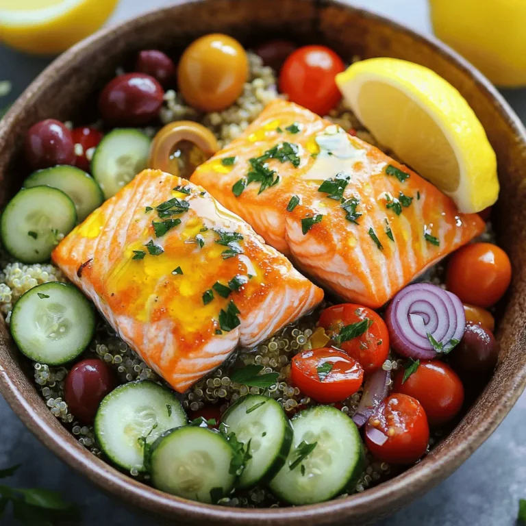 - 2 fresh salmon fillets - 1 cup quinoa, thoroughly rinsed - 2 cups vegetable broth or water - 1 cup cherry tomatoes, halved - 1 crisp cucumber, diced - 1/2 cup Kalamata olives, pitted and sliced - 1/2 red onion, delicately thin-sliced - 1/4 cup fresh parsley, finely chopped - 1 lemon, juiced - Salt and freshly cracked pepper, to taste - 1 teaspoon garlic powder - 1 teaspoon dried oregano - Extra-virgin olive oil - Optional toppings (e.g., feta cheese, avocado, arugula) Gather these fresh ingredients for your Healthy Mediterranean Salmon Bowl. The salmon gives protein and a rich flavor. Quinoa adds a nutty taste and is full of fiber. The vegetables bring color, crunch, and nutrients. You can always switch up the ingredients based on what you like or have on hand. If you want to make it even more gourmet, consider our Full Recipe for detailed steps. Enjoy mixing and matching! To start, combine 1 cup of rinsed quinoa with 2 cups of vegetable broth or water in a medium saucepan. Heat the mixture on medium-high until it boils. Once it bubbles, reduce the heat to low. Cover it and let it simmer for about 15 minutes. You’ll know it’s done when all the liquid is soaked up. After that, take it off the heat and fluff it with a fork. Next, preheat your oven to 400°F (200°C). While it warms, line a baking tray with parchment paper. Place the 2 salmon fillets skin-side down. Drizzle them with olive oil and season with garlic powder, dried oregano, salt, and freshly cracked pepper. Bake the salmon for 12 to 15 minutes. It should be opaque and flake easily when it’s done. While the salmon bakes, it’s time to chop the vegetables. In a large mixing bowl, toss together 1 cup of halved cherry tomatoes, 1 diced cucumber, ½ thinly sliced red onion, and ½ cup of pitted Kalamata olives. Drizzle with 1 tablespoon of olive oil and the juice from 1 lemon. Season with salt and pepper to taste. Mix well to spread the flavors evenly. Now, grab your serving bowls. Start with a generous scoop of fluffy quinoa as the base. Place a roasted salmon fillet right on top of the quinoa. Next, add a hearty portion of the vibrant vegetable mixture on one side of the salmon. Garnish with fresh parsley for a lovely finish. You can find the complete recipe [Full Recipe]. Enjoy a fresh and healthy Mediterranean salmon bowl! To know when salmon is done, check its color. It should turn from bright pink to a lighter pink. The fish should also flake easily when you poke it with a fork. For the best results, I recommend two cooking methods. Grilling gives a nice char and smoky flavor. Poaching keeps the fish moist and tender. Marinate your salmon for extra taste. A simple mix of olive oil, lemon juice, and garlic works well. You can let it sit for 30 minutes. For the veggies, add a splash of balsamic vinegar or a sprinkle of feta cheese. This will really boost their flavors. To save time, prep your ingredients in advance. Cook the quinoa and chop the veggies a day before. Store them in airtight containers in the fridge. This way, assembly is quick and easy. For leftovers, keep them in separate containers. This helps keep the salmon and veggies fresh. {{image_4}} You can change the grains in your bowl. Try using rice or farro instead of quinoa. Each grain adds its own flavor and texture. For the salmon, think about different ways to cook it. You can use smoked salmon for a rich taste or grill it for a nice char. Both options can give your dish a new twist. Adding spices can change your bowl's taste. Try paprika for a smoky flavor or cumin for warmth. You can also switch up the dressing. Balsamic dressing adds sweetness, while tahini brings a nutty taste. These small changes can make a big difference in flavor. If you want a plant-based meal, you can swap salmon with tofu or chickpeas. Tofu absorbs flavors well and gives a nice texture. Chickpeas add protein and fiber. For toppings, consider using avocado for creaminess or nuts for crunch. These alternatives keep your bowl tasty and healthy. For the full recipe, check out the Mediterranean Bliss Salmon Bowl. To keep your Healthy Mediterranean Salmon Bowl fresh, place leftovers in airtight containers. This helps lock in flavors and moisture. I recommend glass containers for better heat retention. Let the bowl cool to room temperature before sealing. Store in the fridge for up to three days. You can freeze both quinoa and salmon. For quinoa, allow it to cool, then spread it in a thin layer on a baking sheet. Freeze until firm, then transfer to a freezer-safe bag. For salmon, wrap each fillet tightly in plastic wrap, then place in a freezer bag. To reheat, thaw overnight in the fridge. Warm quinoa in a microwave or on the stove until hot. Bake the salmon at 350°F (175°C) for about 10 minutes until heated through. For the best taste and safety, eat the salmon within three days if stored in the fridge. Quinoa can last about five days. If frozen, consume salmon within three months for the best quality. Enjoy your meal while it's fresh! You can add many tasty sides to your salmon bowl. Here are some ideas: - A simple green salad with mixed greens and vinaigrette. - Whole-grain pita or flatbread for dipping. - Roasted vegetables like zucchini, bell peppers, or asparagus. - Hummus or tzatziki for extra flavor. - Sliced avocado for creaminess. Yes, you can prep this meal in advance. For best results, cook the quinoa and salmon and store them in separate containers. Keep the vegetables fresh by cutting them just before serving. To store: - Quinoa lasts up to 4 days in the fridge. - Cooked salmon stays fresh for 2-3 days. - Store veggies in an airtight container to keep them crisp. You can easily change the spice level in your bowl. To add heat, sprinkle some red pepper flakes or cayenne pepper on the salmon before baking. For less spice, simply skip these ingredients. You can also serve a spicy sauce on the side for those who want it hot. Yes, this recipe is naturally gluten-free. Quinoa is a great gluten-free grain. Just ensure any additional ingredients, like dressings, are gluten-free too. Check labels on store-bought items to be safe. This dish is packed with nutrients. Salmon provides healthy fats and protein. Quinoa is rich in fiber and contains all nine essential amino acids. The fresh veggies add vitamins and antioxidants. Together, these ingredients support heart health, weight management, and overall wellness. Enjoy a bowl full of healthy goodness! This blog post explored a delicious Mediterranean salmon bowl. We discussed fresh ingredients like salmon, quinoa, and vibrant vegetables. Each step, from cooking the quinoa to baking the salmon, ensures a tasty meal. You can adapt flavors to fit your taste and enjoy meal prep tips for easy assembly. Remember, leftovers can be stored or frozen for future meals. Try this recipe, and you'll have a healthy, flavorful dish that satisfies. Eating well can be simple and enjoyable!