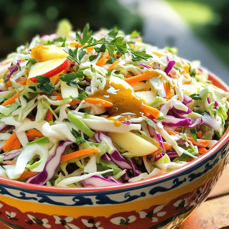 - 4 cups green cabbage, finely shredded - 1 cup red cabbage, finely shredded - 1 cup carrots, julienned or grated - 1 crisp apple, cored and thinly sliced - 1/2 red onion, finely sliced To make the best vinegar slaw, start with fresh vegetables. Green and red cabbage add color and crunch. Carrots give it sweetness. A crisp apple, like Granny Smith, adds tartness. Red onion brings a sharp flavor. Together, these veggies create a bright mix. - 1/4 cup apple cider vinegar - 2 tablespoons honey (or agave syrup) - 1 tablespoon Dijon mustard - 1 teaspoon celery seeds Next, we create a zesty dressing. Apple cider vinegar provides tang. Honey or agave syrup sweetens the mix. Dijon mustard adds a little kick. Celery seeds give a unique taste. This dressing ties everything together and makes the slaw shine. - Salt, to taste - Pepper, to taste - Fresh herbs (like parsley or cilantro) for garnish Finally, season your slaw. Add salt and pepper to enhance the flavors. Fresh herbs add a pop of color and aroma. You can use parsley or cilantro based on your taste. This is where the slaw really comes alive! For the full recipe, check out the details. To make vinegar slaw, first, you need to shred the cabbage. Take your green and red cabbage and slice them thinly. You want pieces that are about the same size. This makes the slaw look nice and helps it mix well. Use a sharp knife or a mandoline for ease. Next, julienne the carrots. This means cutting them into thin matchstick shapes. If you have a grater, that works too. Just remember to keep the sizes similar to the cabbage for a great bite. Now, let's slice the apple and onion. Core the apple and cut it into thin slices. I like using Granny Smith for a tart taste, but any crisp apple works. For the onion, slice it thinly. The red onion adds a nice color and flavor kick to the slaw. In a small bowl, mix the apple cider vinegar, honey, and Dijon mustard. Whisk until smooth. This dressing is what gives your slaw a zesty kick. If you want it sweeter, add more honey. If you prefer it tangier, add a little more vinegar. Taste as you go to find your perfect mix. Now, it’s time to bring everything together. In a large bowl, combine the shredded cabbage, carrots, apple slices, and onion. Use your hands or salad tongs to toss them gently. Next, pour the zesty dressing over the veggies. Toss everything together until all pieces are coated. This is key for full flavor in every bite. Finally, season with salt and pepper to taste. Adjust as needed. Cover the bowl and let it chill in the fridge for at least 30 minutes. This allows the flavors to meld and the cabbage to soften just a bit. Once you’re ready to serve, give it a final stir. Enjoy your fresh, crisp vinegar slaw with any meal! For more details, check the Full Recipe. To make your vinegar slaw pop, focus on the right balance of flavors. Start with the vinegar. A good choice is apple cider vinegar. It gives a nice tang. If you want it sweeter, add honey. You can adjust both to your taste. If you want more tang, add more vinegar. For sweetness, add a bit more honey. Salt and pepper help too. They enhance the flavor and bring it all together. Taste and tweak as you go. This way, you get a slaw that suits your palate just right. Chilling your slaw is very important. When you let it sit in the fridge, the flavors mix. It also softens the cabbage a bit. I recommend chilling for at least 30 minutes. This time allows the cabbage to soak up the dressing. If you skip this step, your slaw may taste flat. The cabbage should be crisp but tender. The right texture makes every bite enjoyable. Presentation can make your slaw shine. Serve it in a colorful bowl. This draws the eye and makes it look fresh. Add extra apple slices on top for a nice touch. It adds color and shows what’s inside. Don’t forget to garnish with fresh herbs. A sprig of parsley or cilantro adds flair. You can even serve it alongside grilled meats or sandwiches. This slaw can be a bright side dish for your meals. Check out the Full Recipe for more ideas! {{image_4}} You can switch out apple cider vinegar for other types. Balsamic vinegar gives a sweet twist. Rice vinegar offers a milder flavor, which works well. White wine vinegar adds a nice tang. Each type brings its own character to the slaw. Feel free to mix in more veggies or fruits. Shredded bell peppers add color and crunch. Thinly sliced radishes bring a peppery bite. You can also add diced pineapple or mango for sweetness. These extras make the slaw more fun and colorful. For a vegan option, swap honey with agave syrup. You can use low-sugar dressings if you want fewer calories. Try using a mix of vinegar and mustard without added sugars. This keeps the flavor bright while being a bit healthier. To keep your vinegar slaw fresh, store it in the fridge. Use an airtight container. This helps prevent the slaw from wilting. Make sure to press out any air before sealing. If you have a lot of slaw, divide it into smaller containers. This makes it easy to grab portions as needed. Your vinegar slaw will stay fresh for about 3 to 5 days in the fridge. The crispness may fade over time, but the flavor will still be great. Always check for any signs of spoilage before eating. If it looks or smells off, it’s best to toss it. Freezing vinegar slaw is not ideal, but it can be done. If you choose to freeze it, use a freezer-safe container. Leave some space at the top, as the slaw will expand when frozen. Thaw it overnight in the fridge. The texture may change, and the slaw may become softer. This is normal, so use it in cooked dishes or soups for the best results. Vinegar slaw is a fresh, tangy salad made mostly of cabbage. It uses vinegar instead of mayo, giving it a crisp texture and bright flavor. The base is usually green cabbage, but you can mix in red cabbage and carrots for color. A zesty dressing of apple cider vinegar, honey, and Dijon mustard brings everything together. This slaw is a great side dish and adds crunch to any meal. Yes, you can make vinegar slaw ahead of time. I recommend making it a few hours before you plan to serve it. The flavors improve as the slaw chills in the fridge. Just remember to let it sit for about 30 minutes before serving. This allows the cabbage to soften slightly while keeping its crunch. If you make it too far in advance, the vegetables might get too soft. Vinegar slaw pairs well with many dishes. It’s great with barbecue meats, tacos, or sandwiches. You can serve it alongside grilled chicken or fish for a refreshing contrast. It also works as a topping for burgers or hot dogs. The tangy flavor of the slaw complements rich and savory dishes. For a fun twist, add it to a picnic spread or potluck. For the full recipe, check out the detailed instructions above! This blog post covered how to make a fresh and tasty vinegar slaw. We discussed the key ingredients, like green cabbage and apple, and how to prepare them. I shared tips on balancing flavors and achieving the right texture. Want to switch it up? Try different vinegars or add extra fruits. Remember, store your leftovers in the fridge for easy access. Enjoy this delicious dish with your favorite meals! It’s simple, healthy, and sure to impress anyone at your table.