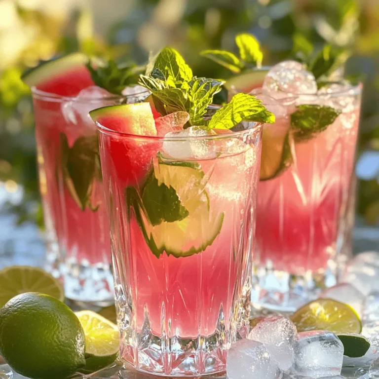 To make a refreshing non-alcoholic watermelon mojito, gather these simple ingredients: - 3 cups seedless watermelon, diced - 10 fresh mint leaves - 2 tablespoons freshly squeezed lime juice - 1 tablespoon honey or agave syrup (optional) - 1 to 2 cups sparkling water (adjust to taste) - Ice cubes - Lime slices and mint sprigs for garnish These ingredients mix together to create a drink that is both tasty and healthy. The watermelon gives a sweet base, while mint adds a cool twist. Fresh lime juice brings in a zesty kick. If you like it sweeter, honey or agave syrup works well. Sparkling water makes it fizzy and fun. Don't forget the ice cubes to keep it cold. The lime slices and mint sprigs not only look nice but also add more flavor. For the full recipe, check out the Refreshing Watermelon Mojito that details how to combine these ingredients for a delightful summer drink. - Blend watermelon until smooth. - Optionally strain for a juice-like consistency. First, take 3 cups of diced seedless watermelon. Place them in a blender. Blend on high until smooth. If you want a clearer drink, strain the juice through a fine mesh sieve. This step removes pulp and gives you a smooth texture. - Combine mint leaves and lime juice in a pitcher. - Use a muddler or spoon to release flavors. Next, grab 10 fresh mint leaves. Add them to a large pitcher with 2 tablespoons of freshly squeezed lime juice. Use a muddler or the back of a spoon to gently crush the mint. This releases the mint's tasty oils and bright aroma. - Combine watermelon juice with muddled mixture. - Add honey or agave syrup if desired. Now, pour the watermelon juice into your pitcher. Mix it well with the muddled mint and lime. Taste the mixture. If you want it sweeter, add 1 tablespoon of honey or agave syrup. Stir until everything blends nicely. - Fill glasses with ice cubes. - Pour the mixture and top with sparkling water. - Garnish and serve immediately. To serve, fill glasses with ice cubes. Then, pour the watermelon-mint mixture over the ice. Fill each glass halfway. Top it off with 1 to 2 cups of sparkling water, depending on your taste. Stir gently. For a nice touch, garnish with lime slices and mint sprigs. Enjoy this refreshing drink right away! You can adjust the sweetness of your drink easily. I recommend honey or agave syrup. These natural sweeteners blend well. If you want less sweetness, use less syrup. Taste as you go. If you like it sweeter, add more syrup a little at a time. For a great look, use lime slices and fresh mint sprigs. Place a lime slice on the rim of the glass. Add a mint sprig in the drink for color and aroma. This makes your drink pop! You can also use edible flowers or colorful fruit slices for extra flair. Choose clear glasses to show off the drink's bright colors. Mason jars can add a fun touch too. This drink is perfect for summer BBQs, picnics, or pool parties. Ice-cold drinks keep everyone cool and happy. Enjoy your refreshing watermelon mojito at any summer gathering! {{image_4}} You can change up the fruit in your mojito. Instead of watermelon, try strawberries or mango. Each fruit brings a new taste. Mixing fruits also works well! For example, blend watermelon with pineapple for a tropical twist. This adds layers of flavor. You can even combine three or more fruits for a fun drink. Just keep the base juicy and sweet. Mint is great, but you can switch it out for other herbs. Basil adds a sweet and earthy flavor. Cucumber gives a fresh and crisp taste. Try mixing different herbs for a unique drink. Thyme or rosemary can add a fragrant touch. Just remember to use fresh herbs for the best flavors. The type of sparkling water you use can change the drink. Flavored sparkling waters add fun notes. Lemon or lime sparkling water works well with the mojito. You can also try ginger ale for a spicy kick. When choosing soda, look for quality brands. They can enhance the drink’s taste. Adjust the amount based on your flavor preference. The Full Recipe helps guide you through these variations. To keep your leftover watermelon juice fresh, store it in an airtight container. This method helps maintain its flavor and color. You can also use a glass jar with a tight lid. In the fridge, it stays fresh for up to three days. Beyond that, the taste and quality may decline. Always check for any off smells or changes in color before using it again. You can prepare the components of your Non-Alcoholic Watermelon Mojito ahead of time. Dice the watermelon and store it in the fridge. Muddling mint leaves and lime juice can also happen early in the day. Just combine them right before serving. For best results, mix the flavors just a few hours before your guests arrive. This way, the drink tastes fresh and vibrant. Yes, you can prep it ahead! Make the watermelon juice and muddle the mint and lime first. Store them in separate containers in the fridge. Mix them together when you’re ready to serve. This keeps the flavors fresh and bright. Absolutely! This drink is fun and safe for kids. It has no alcohol, just fresh fruit and mint. Kids love the sweet, fruity taste. You can even let them help mix it, making it a fun family activity. Yes, you can use other herbs. Basil adds a sweet, peppery taste. You might also try cilantro for a bold flavor. Each herb gives a unique twist to the drink. Try different ones to find your favorite! For a party, double or triple the recipe. Make a big batch in a punch bowl. You can also set up a drink station. Let guests add their favorite garnishes, like lime slices or extra mint. It’s a fun way to serve! This drink is low in calories and full of vitamins. Watermelon is hydrating and packed with nutrients. A serving has about 50 calories, depending on the sweetener used. It’s a healthy choice for summer gatherings. This blog post shared a simple way to make a Watermelon Mojito. You learned about the ingredients, including juicy watermelon, fresh mint, and sparkling water. We went through steps for preparation and how to serve it right. Tips on sweetness, garnishing, and variations were included, ensuring you can customize your drink. In conclusion, this refreshing drink is perfect for hot days and fun gatherings. Enjoy making your own twist, and impress friends with your mixology skills!