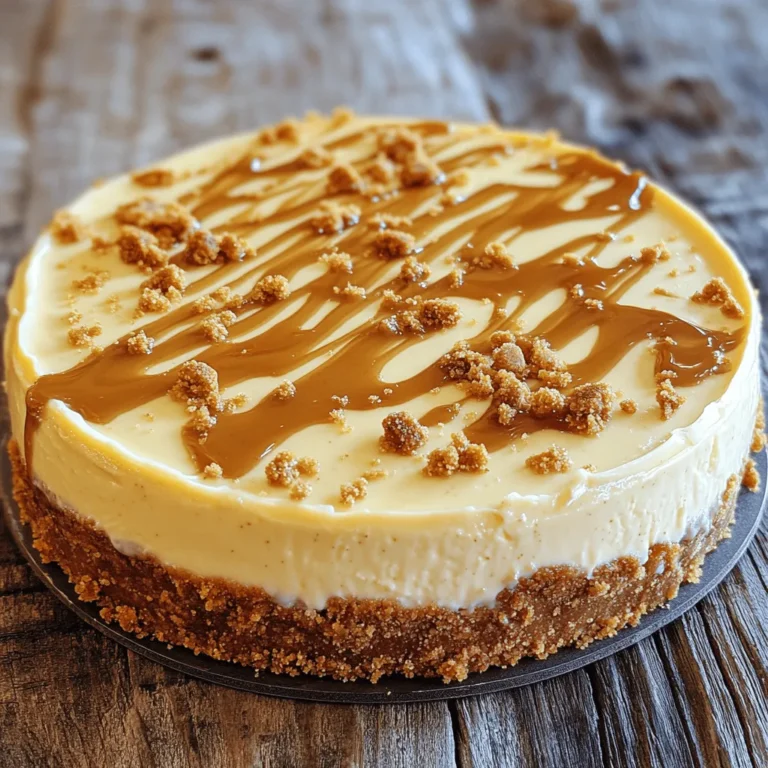 To make a delicious Biscoff cheesecake, you need these ingredients: - 200g Biscoff biscuits, crushed - 100g unsalted butter, melted - 400g cream cheese, softened - 200g Biscoff spread - 150g powdered sugar - 1 teaspoon pure vanilla extract - 300ml heavy whipping cream, chilled - 2 tablespoons gelatin powder (you can use agar-agar for a vegetarian option) - 100ml boiling water Make sure to measure each ingredient carefully. The right amounts will help your cheesecake set well. Use a kitchen scale for the biscuits and butter. For the cream cheese and heavy cream, a measuring cup will work fine. This recipe serves about 8 to 10 people, so adjust the amounts if you want more or less cheesecake. Feel free to customize your cheesecake with toppings. Here are some fun ideas: - Drizzle melted Biscoff spread on top for extra flavor. - Sprinkle crushed Biscoff biscuits on the surface for crunch. - Add a dollop of whipped cream for a creamy touch. - Fresh fruit like berries or banana slices can add color and taste. These options can elevate your cheesecake and make it even more delightful. Try mixing and matching to find your favorite combination! For the full recipe, check out the details provided above. To make the crust, start by crushing the Biscoff biscuits. You want them to be fine crumbs. Place the crumbs in a medium bowl. Add the melted unsalted butter to the bowl. Mix it well until all crumbs are coated in butter. This step is key for a tasty base. Next, take a 9-inch springform pan. Press the crumb mixture firmly into the bottom of the pan. Make sure it is even all around. Once pressed, place the pan in the refrigerator. Let it chill while you prepare the filling. Now, let’s whip up the cheesecake filling. In a large bowl, add the softened cream cheese. Then, add the Biscoff spread, powdered sugar, and pure vanilla extract. Use an electric mixer to beat these ingredients. Mix until the mixture is smooth and creamy. No lumps should remain. In a small bowl, combine the gelatin powder with boiling water. Stir until it dissolves completely. Let it cool for about 5 minutes. Once cooled, slowly pour the gelatin into the cream cheese mixture. Stir gently until fully combined. Next, in another clean bowl, whip the chilled heavy cream. Beat until you see stiff peaks form. Carefully fold the whipped cream into the cheesecake mixture. Use a rubber spatula to keep the air in the cream. Keep folding until no streaks remain. Now it’s time to assemble your cheesecake. Pour the creamy filling over the chilled Biscoff crust. Smooth out the top with a spatula for a nice finish. Cover the pan with plastic wrap. Place it in the fridge to chill for at least 4 hours, or overnight if you can wait. This helps the cheesecake set properly. Once set, unlock the springform pan and remove it. For decoration, drizzle melted Biscoff spread on top. You can also sprinkle crushed Biscoff biscuits for extra crunch. Enjoy your Biscoff cheesecake delight! For the full recipe, check the earlier section. Start with room temperature cream cheese. Cold cream cheese will not mix well. Use a hand mixer or stand mixer for the best results. Beat until the mixture is smooth and creamy. This helps avoid lumps in your cheesecake. Chill your mixing bowl and beaters before starting. This keeps the cream cold and helps it whip faster. Use heavy whipping cream for the best texture. Beat until stiff peaks form, but don’t over-whip. This keeps your cream light and fluffy. Always dissolve gelatin in boiling water first. Stir it until fully dissolved. Let it cool slightly before adding it to the cream cheese mix. If it’s too hot, it can melt your cream. Mix quickly to avoid clumps forming in the batter. {{image_4}} You can add fun flavors to your Biscoff cheesecake. Try mixing in peanut butter or chocolate. Swirls of caramel can also add a sweet twist. For a fruity touch, fold in some strawberry puree. These flavors make your cheesecake even more exciting! If you need a gluten-free cheesecake, use gluten-free Biscoff biscuits. You can find these in many stores. Make sure to double-check the label. The rest of the recipe is already gluten-free, so you can enjoy this treat without worry! To make a dairy-free version, use vegan cream cheese. You can also swap the heavy cream for coconut cream. Use dairy-free butter for the crust. These changes keep the cheesecake creamy and delicious while being kind to your diet. For the full recipe, check out the Biscoff Bliss Cheesecake! After enjoying your Biscoff cheesecake, store leftovers in the fridge. Use a sealed container to keep it fresh. You can also cover the cheesecake with plastic wrap. This keeps the flavors strong and the texture nice. Leftover cheesecake can last up to five days in the fridge. Make sure to slice it before storing. This way, it’s easy to grab a piece. To freeze the Biscoff cheesecake, wrap it well. Use plastic wrap first, then place it in a freezer-safe bag. This protects it from freezer burn. You can freeze the cheesecake for up to three months. If you freeze it whole, thaw it overnight in the fridge before serving. If you freeze slices, they will thaw faster. Thawing your cheesecake correctly is key. Always move it from the freezer to the fridge. This slow thaw keeps the texture smooth. Avoid thawing at room temperature, as it can become too soft. Once thawed, enjoy it within two days for the best taste. You can also add a touch of melted Biscoff spread on top for extra flavor after thawing. Yes, you can make Biscoff cheesecake ahead of time. In fact, it tastes better when it sits. Make it the day before your event. Allow it to chill overnight in the fridge. This lets the flavors blend well. Just keep it covered to prevent drying out. You will know the cheesecake is set when it feels firm. Gently shake the pan; the center should not jiggle. A toothpick inserted should come out clean. After chilling for at least four hours, it’s ready. For the best results, let it chill overnight. You can use agar-agar as a great alternative to gelatin. It is plant-based and works well for vegans. Simply follow the same steps as with gelatin. Another option is to use cornstarch. Mix it with water, then heat it until thick. It helps to set the cheesecake too. For the full recipe, check the complete instructions above. Enjoy your Biscoff cheesecake! You now know the key ingredients and steps to make a Biscoff cheesecake. You can create a delicious crust and a creamy filling. Remember the tips for perfect mixing and whipped cream. Explore variations to suit your taste, whether gluten-free or dairy-free. Finally, learn how to store or freeze any leftovers. This cheesecake is a treat you can enjoy anytime. Dive in and impress everyone with your baking skills!