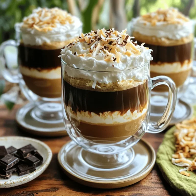 To make the Coconut Mocha Daydream, you need the following: - 1 cup freshly brewed hot coffee - 1/2 cup creamy canned coconut milk - 2 tablespoons unsweetened cocoa powder - 2 tablespoons pure maple syrup (adjust to taste) - 1/2 teaspoon pure vanilla extract - 1/4 teaspoon ground cinnamon - Whipped coconut cream (for topping) - Toasted shredded coconut (for garnish) - Dark chocolate shavings (optional, for garnish) Each ingredient plays a special role. The hot coffee gives a rich base. Coconut milk adds creaminess and a tropical twist. Cocoa powder brings that deep chocolate flavor. Maple syrup sweetens the drink naturally. Vanilla extract enhances the aroma. Ground cinnamon adds warmth and spice. Whipped coconut cream gives a nice, fluffy texture. Toasted coconut on top adds crunch. Dark chocolate shavings are for a touch of luxury. You may want to try some swaps for different diets. For a dairy-free option, use almond milk or oat milk instead of coconut milk. If you want a sugar-free drink, consider using stevia or a sugar substitute. To enhance flavor, you might add a pinch of nutmeg or a dash of flavored syrup. You could even use flavored coffee for an extra twist! These changes can make your Coconut Mocha Daydream even more delightful. First, brew your coffee. Use fresh coffee grounds for the best taste. I like to use a French press or pour-over method. Aim for a strong flavor that can stand up to the coconut and cocoa. Next, heat the coconut milk. Pour it into a medium saucepan. Place the saucepan over medium heat. Stir it gently and keep an eye on it. You want it steaming but not boiling. When it’s ready, it should have small bubbles around the edges. Now, let’s mix the magic. Take your hot coconut milk off the heat. Add in the cocoa powder, maple syrup, vanilla extract, and cinnamon. Use a whisk to mix it all together. Whisk until it’s smooth and creamy. It should look rich and inviting. Slowly pour in your hot coffee. Keep whisking until everything is blended well. This step is important to avoid clumps. Once it’s warm and ready, you can move to the next step. Pour your Coconut Mocha Daydream into your favorite mugs. Fill them generously for a cozy feel. To make it look fancy, add a dollop of whipped coconut cream on top. For extra flair, sprinkle toasted shredded coconut on the cream. Dark chocolate shavings can add a nice touch too, if you want. Serve your drink in clear mugs. This way, you can show off its beautiful layers. Don't forget a colorful straw and a small plate of toasted coconut for a tropical vibe. Enjoy your dreamy coffee delight! For the full recipe, check out the earlier section. To make your Coconut Mocha Daydream just right, you can adjust the sweetness and richness. Start with the maple syrup. If you like it sweeter, add more syrup. If you prefer less sugar, use less. This way, you can find your perfect taste. For the coffee, use a medium roast. It balances well with coconut milk and cocoa. Dark roasts can be too strong. If you want a light flavor, try a light roast. If your mixture curdles or separates, don’t worry. Just whisk it again over low heat. This helps bring it back together. You can also add a little more coconut milk to smooth it out. When heating coconut milk, always avoid boiling. Heat it slowly and stir often. This keeps it creamy and prevents burning. If it starts to bubble, take it off the heat right away. For making this drink, a medium saucepan is best. A good whisk helps mix everything smoothly. You can also use a milk frother for a frothy finish. When serving, choose clear glass mugs. They show off the drink’s layers. A colorful straw adds fun. A small plate with toasted coconut makes a great touch. Enjoy your dreamy coffee delight! {{image_4}} You can make your Coconut Mocha Daydream even more special. Adding spices like nutmeg or cardamom can elevate the taste. Just a pinch of nutmeg gives warmth, while cardamom adds a unique twist. You can also use flavored syrups. Try vanilla or hazelnut syrups for extra sweetness. Just a tablespoon can change the whole drink. Want a cool treat? You can easily turn this drink into an iced version. Start by making the coconut mocha as usual. Then, let it cool, and pour it over ice. This makes it refreshing, perfect for warm days. For garnishes, consider adding whipped coconut cream on top. You can also sprinkle it with toasted coconut or chocolate shavings. These add texture and flavor, making the drink look fabulous. You can enjoy this drink while meeting dietary needs. Make sure all ingredients are vegan and gluten-free. For non-dairy milk, I recommend brands like So Delicious or Silk. These have great taste and texture. Check labels for gluten-free cocoa powder, too. Enjoy your Coconut Mocha Daydream without worry! When you have leftover Coconut Mocha Daydream, store it in an airtight container. This keeps the drink fresh and tasty. You can refrigerate it for up to three days. If you want to save it for longer, freeze it in a freezer-safe container for up to one month. Just remember to leave some space at the top. The drink will expand as it freezes. To reheat your drink, pour it into a saucepan. Warm it over low heat. Stir often to avoid burning. Never let it boil; this can ruin the taste. You can also use a microwave for quick reheating. Heat it in short bursts. Stir in between to keep it even. This way, you keep the texture and flavor intact. Making a concentrated mix can save time. Blend together coffee, cocoa powder, and coconut milk. Store this mix in the fridge for up to a week. You can add hot water or more coffee when you want to drink it. For longer-lasting flavor, store your cocoa powder and coconut milk in a cool, dry place. This helps keep them fresh for many uses. A Coconut Mocha Daydream is a rich, creamy coffee drink. It blends hot coffee, coconut milk, and cocoa. You taste both chocolate and coconut in every sip. The drink is smooth and sweet, with a hint of spice from cinnamon. This drink is great for coffee lovers and coconut fans alike! Common questions about its ingredients include: - Is coconut milk healthy? Yes, it adds creaminess and is dairy-free. - Can I use sweetened cocoa? You can, but it will change the sweetness level. - What kind of coffee should I use? Use your favorite brewed coffee for the best taste. You can prepare some parts of this drink ahead of time. Brew the coffee and cool it down. You can also warm the coconut milk and mix it with cocoa. Keep it in the fridge for up to three days. Best practices for storage and reheating include: - Store the brewed coffee in an airtight container. - Keep the coconut mix in a separate jar. - When ready to drink, reheat both parts gently. I love pairing Coconut Mocha Daydream with sweet snacks. Try coconut macaroons, chocolate biscotti, or banana bread. These snacks enhance the drink's flavors. Tips for a complete coffee experience: - Serve with a small plate of toasted coconut. - Offer colorful straws for a fun touch. - Use clear mugs to show off the drink’s layers. For the full recipe, check out the Coconut Mocha Daydream section! This article shared how to make a delicious Coconut Mocha Daydream. You learned about key ingredients and swaps for dietary needs. You also got step-by-step instructions and tips for the perfect drink. Variations included making it iced or vegan. Lastly, we covered storing leftovers and reheating. Enjoying this drink is easy and fun. With practice, you'll master this tasty treat and impress others.