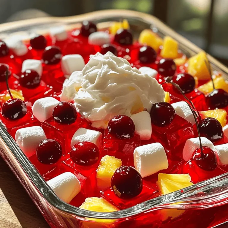 - 1 cup cherry cola (caffeine-free optional) - 1 cup cherry juice - 1 package (3 oz) cherry-flavored gelatin - 1 cup canned cherries, drained and halved - 1/2 cup mini marshmallows - 1/2 cup crushed pineapple, drained - 1 cup whipped cream or whipped topping - 1/2 cup chopped pecans (optional) To make Cherry Cola Jello Salad, you need a few key ingredients. First, you will want to grab your cherry cola. You can use a caffeine-free version if you like. Then, get some cherry juice for extra flavor. Don't forget the cherry-flavored gelatin, as it helps the salad set. Next, let's talk about the fun extras. Canned cherries add a nice bite, while mini marshmallows give it a sweet touch. Crushed pineapple brings a tropical twist, and whipped cream adds creaminess. If you want a crunch, chop up some pecans and toss them in. This mix of flavors creates a tasty treat that is sure to impress. For the full recipe, check out the instructions in the later sections. Enjoy each step as you create this delightful dish! - Heat 1 cup of cherry cola and 1 cup of cherry juice in a saucepan. - Stir gently until warm but do not boil. - Remove from heat and slowly sprinkle in 1 package of cherry-flavored gelatin. - Stir until the gelatin fully dissolves and the mix is smooth. - Let the mixture cool for a few minutes. - Fold in 1 cup of halved canned cherries, 1/2 cup of mini marshmallows, and 1/2 cup of drained crushed pineapple. - Make sure all ingredients mix evenly. - Carefully pour the mixture into a serving dish or individual bowls. - Refrigerate the salad for at least 4 hours, or until set. - After it sets, fold in 1 cup of whipped cream until light and fluffy. - If you like, add 1/2 cup of chopped pecans for a nice crunch. - Serve chilled and enjoy your Cherry Cola Jello Salad! For added flair, garnish with cherry halves and whipped cream. For the full recipe, check out the details provided. To avoid lumps in gelatin, always sprinkle it over warm liquids slowly. Stir it in well as you go. This step helps it dissolve evenly. If you see lumps, gently whisk the mixture until smooth. When folding in whipped cream, use a spatula for the best results. Start with a small portion of the whipped cream. This makes it easier to mix. Then, add the rest and fold gently. You want to keep the light, airy texture. Garnishing your Cherry Cola Jello Salad can make it pop. Use fresh cherries and mint leaves for a bright look. Place a few cherry halves on top for color. A dollop of extra whipped cream adds a nice touch, too. For serving bowls, think outside the box. Colorful glass bowls can add charm. You can also use clear cups for individual servings. This way, everyone can see the layers and colors. Preparing Cherry Cola Jello Salad in advance is smart. You can make it the day before a party. Chill it overnight for the best flavor and texture. Just make sure to store it in the fridge. This way, it will be ready to serve when you are. {{image_4}} You can add other fruits to your Cherry Cola Jello Salad for fun flavors. Strawberries and blueberries work great. They add sweet and tart notes. Fresh fruit keeps the dish bright and colorful. You can also try substituting other sodas for different flavors. Root beer or orange soda can give a new twist. This way, you can create your own unique recipe! If you need a healthier option, consider sugar-free alternatives. Use sugar-free gelatin and whipped cream. They make it easier to enjoy this treat without the extra sugar. For vegan options, use coconut cream instead of whipped topping. You can also find vegan gelatin made from agar-agar. These swaps let everyone enjoy this delightful dish! You can serve Cherry Cola Jello Salad in different ways. Individual servings look great and are easy to grab. Use small cups or jars for a fun touch. A large dish can be a nice centerpiece for a gathering. Layering different colors of Jello can create a stunning display. This adds visual appeal and makes it even more fun to eat! To keep your Cherry Cola Jello Salad fresh, store it in an airtight container. This helps prevent it from absorbing odors from the fridge. If you have leftovers, enjoy them within three to five days. The flavors will stay bright and tasty during this time. Can you freeze Jello salads? Yes, but I don't recommend it. Freezing can change the texture of the gelatin. If you decide to freeze it, use a freezer-safe container. When you want to eat it, let it thaw in the fridge overnight. Avoid using the microwave, as it can melt the gelatin unevenly. What can I substitute for cherry cola? You can use any fruit soda, like grape or orange soda. You can also try lemon-lime soda for a lighter twist. Keep in mind that the flavor will change. Is it safe to consume homemade Jello after a certain time? Homemade Jello is best eaten within a week. After that, it might lose its texture and taste. Always check for any signs of spoilage. Can I make Cherry Cola Jello Salad without gelatin? Yes, you can use agar-agar or pectin as a substitute. These options will create a similar texture without using gelatin. Why did my Jello not set properly? If your Jello did not set, it may be due to not using enough gelatin. Ensure you follow the recipe for the right amount. Also, check the temperature of the liquid; it should not be too hot when you mix in the gelatin. How can I fix a too-sweet Jello salad? To fix a too-sweet Jello salad, you can add a bit of lemon juice. This will help balance the sweetness. You can also mix in some unsweetened fruit like berries for a nice contrast. Is Cherry Cola Jello Salad gluten-free? Yes, Cherry Cola Jello Salad is gluten-free. All the ingredients, like gelatin and fruit, do not contain gluten. Always check the labels to be sure. Suitable alternatives for nut allergies? If you have nut allergies, simply leave out the chopped pecans. You can replace them with seeds, like pumpkin or sunflower seeds, for added crunch without the nuts. You now have all the steps to make a tasty Cherry Cola Jello Salad. From the main ingredients to helpful tips, each part plays a role in creating a fun dish. Remember to keep your salad chilled and feel free to mix in your favorite fruits or flavors. Making this dish is simple and can be done ahead of time. With a bit of creativity, this salad will be a hit at any gathering. Enjoy your delightful treat!