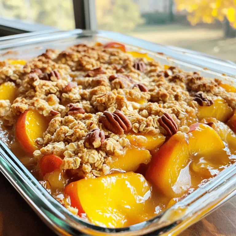 - 6 ripe peaches, peeled and sliced into wedges - 1/2 cup granulated sugar - 1 cup rolled oats - 1/2 cup all-purpose flour - 1/2 cup brown sugar, packed - 1/4 cup unsalted butter, melted - 1 teaspoon ground cinnamon, divided - 1/4 teaspoon freshly grated nutmeg - A pinch of salt - 1/2 teaspoon pure vanilla extract - 1/4 cup chopped pecans or walnuts (optional for added crunch) Using fresh ingredients makes a big difference. I love ripe peaches for their sweet taste. They should be firm but slightly soft to the touch. Granulated sugar brings out the peach flavor. Rolled oats give the topping a nice crunch. Now, let’s talk about pantry staples. All-purpose flour is key for binding. Brown sugar adds a rich flavor and moisture. Unsalted butter helps create that crumbly topping we all love. Flavor enhancers are the secret to a great peach crisp. Ground cinnamon adds warmth. Nutmeg brings a unique twist. A pinch of salt balances the sweetness. Pure vanilla extract elevates the flavor. If you want more crunch, try adding pecans or walnuts. For the full recipe, check out the detailed instructions above. - Preheat your oven to 350°F (175°C). - Grease a 9-inch square baking dish. - Toss sliced peaches with granulated sugar and cinnamon. - Spread the peach mixture evenly in the baking dish. - Combine rolled oats, flour, brown sugar, cinnamon, nutmeg, and salt. - Mix in melted butter and vanilla until crumbly. - Fold in nuts if desired and spread over the peaches. - Bake for 30-35 minutes until golden brown and bubbling. - Allow to cool for 10 minutes before serving. Make sure to follow each step closely. This is how you create that perfect Peach Crisp Delight. For the full recipe, refer to the earlier section. Enjoy the sweet aroma filling your kitchen as it bakes! - Use ripe peaches for the best flavor. Ripe peaches are juicy and sweet. - Opt for a mix of yellow and white peaches for added depth. This mix gives a richer taste. - Serve warm with vanilla ice cream. The cold ice cream melts into the warm crisp. - Drizzle with caramel sauce for an extra touch. This adds a sweet, rich flavor. - Garnish with fresh mint leaves. This adds color and freshness to your dish. - Serve in clear dessert bowls for an elegant display. Clear bowls showcase the layers beautifully. For the full recipe, check out Peachy Paradise Crisp . {{image_4}} You can easily change this recipe to fit your needs. For a gluten-free peach crisp, simply swap all-purpose flour with almond flour. This change keeps the crisp tasty while removing gluten. If you want a vegan option, replace the butter with coconut oil. Use a plant-based sugar to keep it vegan-friendly. Looking to spice things up? Add a pinch of ginger or cardamom to the topping for a unique twist. You can also mix in other fruits, like blueberries or raspberries. These additions bring fun flavors and colors to your peach crisp. You can adjust the recipe for your gathering size. For small get-togethers, cut the recipe in half. For larger crowds, double the ingredients. Another fun idea is to make mini peach crisps in individual ramekins. This way, everyone has their own serving, making it easy to enjoy! Store leftovers in an airtight container in the fridge for up to 3 days. This keeps the peach crisp fresh and tasty. If you enjoy it warm, just reheat before serving. You can freeze baked peach crisp for up to 3 months. When you are ready to enjoy it, thaw it overnight in the fridge. Reheat it in the oven for best results. This helps keep the crisp topping crunchy and the peaches juicy. Reheat your peach crisp in a preheated oven instead of the microwave. This way, you maintain the texture. Cover with foil to prevent over-browning. This simple step keeps your dessert looking and tasting great. Enjoy your warm peach crisp with a scoop of ice cream! Yellow or white peaches are ideal due to their sweetness and flavor. Yellow peaches have a bright taste and juicy texture. White peaches offer a floral note that enhances the dish. Both types work well, so choose what you like best. Yes, you can prepare the layers and bake it later for optimal freshness. Slice the peaches and mix them with sugar and cinnamon. Then, store them in the fridge. You can also make the crisp topping ahead. Just keep it in a separate container. When ready, combine and bake for a warm treat. Pair it with ice cream, whipped cream, or yogurt for a delightful dessert. Vanilla ice cream adds creaminess and balances the sweetness. Whipped cream lightens the dish, while yogurt offers a tangy contrast. Each option enhances the flavors in your peach crisp. Yes, try using honey or maple syrup as a natural sweetener. Both alternatives add a rich flavor without refined sugar. Adjust the amount based on your taste. You can also consider ripe peaches for their natural sweetness, which helps reduce the need for added sugars. Peach crisp is simple and delicious. You need fresh peaches and basic pantry items. The step-by-step instructions make it easy to create a warm, fruity treat. Remember to try different flavors and ingredients for variety. With some care, your peach crisp can impress anyone. Store leftovers for later, or freeze them for a quick dessert. Enjoy your baking, and share this tasty recipe with friends and family. It’s a treat that everyone will love. Happy baking!