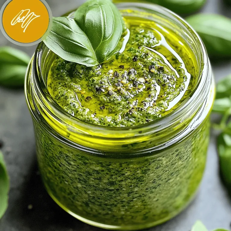 To make this nut-free pesto, gather these simple items: - 2 cups fresh basil leaves, tightly packed - 1/2 cup grated Pecorino cheese (or an alternative hard cheese of your choice) - 1/4 cup nutritional yeast - 2 garlic cloves, finely minced - 1/4 cup freshly squeezed lemon juice - 1/2 cup high-quality extra virgin olive oil - Sea salt and freshly cracked black pepper, to taste You can switch things up with these options: - Swap Pecorino for Parmesan cheese for a milder taste. - Use sunflower seeds or pumpkin seeds if you want a nut-like flavor. - Try parsley or arugula instead of basil for a different twist. - Add a pinch of red pepper flakes for some heat. - Use lime juice instead of lemon for a zingy change. This nut-free pesto is not just tasty, but also good for you. Here are some quick facts: - Calories: About 150 per serving - Protein: 4g - Fat: 12g (mostly healthy fats from olive oil) - Carbohydrates: 6g - Fiber: 1g - Vitamins: Rich in vitamins A and K from the basil This pesto recipe is easy to make and full of flavor. You can find the full recipe above! Start by gathering your ingredients. You will need fresh basil leaves, grated Pecorino cheese, nutritional yeast, garlic, lemon juice, and extra virgin olive oil. Measure out 2 cups of basil, 1/2 cup of cheese, and 1/4 cup of nutritional yeast. Peel two garlic cloves and mince them finely. Squeeze fresh lemon juice until you have 1/4 cup. Place the basil, cheese, nutritional yeast, and minced garlic into a food processor. Pulse the mixture a few times. Stop to scrape down the sides for even mixing. Next, with the processor on, slowly drizzle in the olive oil. Keep blending until the pesto is smooth and creamy. Pour in the lemon juice and add salt and pepper to taste. Pulse again to blend. Taste your pesto and adjust as needed. If it feels thick, add more olive oil. Transfer the pesto to an airtight container. To keep it fresh, press plastic wrap on the top before sealing. Store it in the fridge and use it within a week. Serve it over pasta or as a dip for veggies. Enjoy the bright flavors! To get the right texture for your pesto, start by using a food processor. I like to pulse the basil, cheese, nutritional yeast, and garlic until they are finely chopped. This step helps blend the flavors well. Remember to scrape down the sides of the bowl often. When you add olive oil, pour it in slowly. This helps create a smooth, creamy pesto. If it feels too thick, just add a little more olive oil. Flavor is key, even without nuts. I recommend using grated Pecorino cheese for a rich taste. Nutritional yeast adds a cheesy flavor too. You can also try a splash of lemon juice for brightness. Fresh herbs like parsley or arugula can boost the flavor as well. If you're feeling adventurous, add a pinch of red pepper flakes for heat. One common mistake is over-processing the ingredients. You want to keep some texture in your pesto. Another pitfall is not tasting as you go. Adjust the salt and lemon juice to your liking for the best flavor. Lastly, don’t forget to store it properly. Press plastic wrap onto the surface to keep it fresh and colorful. For more ideas, check out the Full Recipe. {{image_4}} You can switch up the cheese in your pesto. Pecorino cheese gives a bold flavor. If you want something milder, try Parmesan cheese. You can even use a vegan cheese for a dairy-free version. Each cheese brings something unique to the table. While basil is a classic choice, you can get creative with herbs. Try using parsley for a fresh taste. Cilantro adds a bright and zesty kick. You can mix herbs too, like basil and mint. This will change the flavor but keep it tasty. If you like heat, add red pepper flakes to your pesto. Start with a pinch and taste it. You can also try adding black pepper for warmth. For a smoky flavor, mix in some smoked paprika. These little changes can elevate your dish. Experiment with these variations to find your perfect pesto! Check out the Full Recipe for details. To keep your nut-free pesto fresh, use an airtight container. After you make it, press plastic wrap directly onto the pesto's surface. This helps keep it from turning brown. Store it in the fridge for up to one week. Always use a clean spoon when scooping out pesto. This prevents bacteria from getting in and spoiling it. Freezing pesto is simple and great for long-term storage. Pour the pesto into ice cube trays. Each cube will hold a perfect serving. Once frozen, transfer the cubes to a freezer bag. Make sure to label the bag with the date. You can freeze pesto for up to six months. When you're ready to use it, just thaw a cube in the fridge or at room temperature. Pesto lasts about a week in the fridge. If you see any discoloration or mold, toss it out. When using frozen pesto, add it to warm pasta or dishes straight from the freezer. This helps it melt quickly and mix in well. Always taste and adjust the seasoning if needed after thawing. Enjoy your vibrant nut-free pesto in many dishes! You can find the full recipe above. Yes, you can use many greens instead of basil. Spinach, arugula, or kale work well too. These greens give a fresh taste. They also bring their unique flavors. Feel free to mix and match! Try using a blend for a fun twist. Each green will change the taste a bit, keeping it interesting. Nutritional yeast adds a cheesy flavor. It also gives a nice umami kick. While it is not essential, I recommend using it for the best taste. If you cannot find it, you can use more cheese. Another option is to add a bit of miso paste. This will still give you a rich flavor. Pesto is super versatile! You can spread it on sandwiches or wraps for a tasty twist. Try mixing it into soups or using it as a dip with veggies. Drizzle it over grilled chicken or fish for added flavor. You can even stir it into scrambled eggs for a gourmet breakfast! The options are endless. In this post, we explored how to make pesto. We covered key ingredients, tasty alternatives, and the nutritional facts. The step-by-step instructions guided you through blending and serving. I shared tips for the best texture, flavor boosts without nuts, and common mistakes. We also discussed various cheese and herb options, as well as spice additions. Finally, I explained proper storage and answered common questions. With this knowledge, you can make delicious pesto anytime. Enjoy your cooking and experimenting with different flavors!