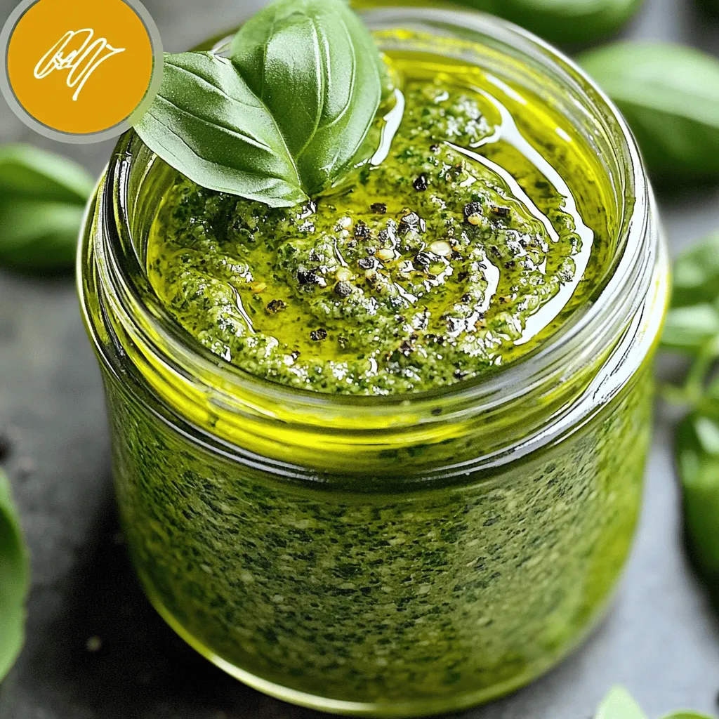 To make this nut-free pesto, gather these simple items: - 2 cups fresh basil leaves, tightly packed - 1/2 cup grated Pecorino cheese (or an alternative hard cheese of your choice) - 1/4 cup nutritional yeast - 2 garlic cloves, finely minced - 1/4 cup freshly squeezed lemon juice - 1/2 cup high-quality extra virgin olive oil - Sea salt and freshly cracked black pepper, to taste You can switch things up with these options: - Swap Pecorino for Parmesan cheese for a milder taste. - Use sunflower seeds or pumpkin seeds if you want a nut-like flavor. - Try parsley or arugula instead of basil for a different twist. - Add a pinch of red pepper flakes for some heat. - Use lime juice instead of lemon for a zingy change. This nut-free pesto is not just tasty, but also good for you. Here are some quick facts: - Calories: About 150 per serving - Protein: 4g - Fat: 12g (mostly healthy fats from olive oil) - Carbohydrates: 6g - Fiber: 1g - Vitamins: Rich in vitamins A and K from the basil This pesto recipe is easy to make and full of flavor. You can find the full recipe above! Start by gathering your ingredients. You will need fresh basil leaves, grated Pecorino cheese, nutritional yeast, garlic, lemon juice, and extra virgin olive oil. Measure out 2 cups of basil, 1/2 cup of cheese, and 1/4 cup of nutritional yeast. Peel two garlic cloves and mince them finely. Squeeze fresh lemon juice until you have 1/4 cup. Place the basil, cheese, nutritional yeast, and minced garlic into a food processor. Pulse the mixture a few times. Stop to scrape down the sides for even mixing. Next, with the processor on, slowly drizzle in the olive oil. Keep blending until the pesto is smooth and creamy. Pour in the lemon juice and add salt and pepper to taste. Pulse again to blend. Taste your pesto and adjust as needed. If it feels thick, add more olive oil. Transfer the pesto to an airtight container. To keep it fresh, press plastic wrap on the top before sealing. Store it in the fridge and use it within a week. Serve it over pasta or as a dip for veggies. Enjoy the bright flavors! To get the right texture for your pesto, start by using a food processor. I like to pulse the basil, cheese, nutritional yeast, and garlic until they are finely chopped. This step helps blend the flavors well. Remember to scrape down the sides of the bowl often. When you add olive oil, pour it in slowly. This helps create a smooth, creamy pesto. If it feels too thick, just add a little more olive oil. Flavor is key, even without nuts. I recommend using grated Pecorino cheese for a rich taste. Nutritional yeast adds a cheesy flavor too. You can also try a splash of lemon juice for brightness. Fresh herbs like parsley or arugula can boost the flavor as well. If you're feeling adventurous, add a pinch of red pepper flakes for heat. One common mistake is over-processing the ingredients. You want to keep some texture in your pesto. Another pitfall is not tasting as you go. Adjust the salt and lemon juice to your liking for the best flavor. Lastly, don’t forget to store it properly. Press plastic wrap onto the surface to keep it fresh and colorful. For more ideas, check out the Full Recipe. {{image_4}} You can switch up the cheese in your pesto. Pecorino cheese gives a bold flavor. If you want something milder, try Parmesan cheese. You can even use a vegan cheese for a dairy-free version. Each cheese brings something unique to the table. While basil is a classic choice, you can get creative with herbs. Try using parsley for a fresh taste. Cilantro adds a bright and zesty kick. You can mix herbs too, like basil and mint. This will change the flavor but keep it tasty. If you like heat, add red pepper flakes to your pesto. Start with a pinch and taste it. You can also try adding black pepper for warmth. For a smoky flavor, mix in some smoked paprika. These little changes can elevate your dish. Experiment with these variations to find your perfect pesto! Check out the Full Recipe for details. To keep your nut-free pesto fresh, use an airtight container. After you make it, press plastic wrap directly onto the pesto's surface. This helps keep it from turning brown. Store it in the fridge for up to one week. Always use a clean spoon when scooping out pesto. This prevents bacteria from getting in and spoiling it. Freezing pesto is simple and great for long-term storage. Pour the pesto into ice cube trays. Each cube will hold a perfect serving. Once frozen, transfer the cubes to a freezer bag. Make sure to label the bag with the date. You can freeze pesto for up to six months. When you're ready to use it, just thaw a cube in the fridge or at room temperature. Pesto lasts about a week in the fridge. If you see any discoloration or mold, toss it out. When using frozen pesto, add it to warm pasta or dishes straight from the freezer. This helps it melt quickly and mix in well. Always taste and adjust the seasoning if needed after thawing. Enjoy your vibrant nut-free pesto in many dishes! You can find the full recipe above. Yes, you can use many greens instead of basil. Spinach, arugula, or kale work well too. These greens give a fresh taste. They also bring their unique flavors. Feel free to mix and match! Try using a blend for a fun twist. Each green will change the taste a bit, keeping it interesting. Nutritional yeast adds a cheesy flavor. It also gives a nice umami kick. While it is not essential, I recommend using it for the best taste. If you cannot find it, you can use more cheese. Another option is to add a bit of miso paste. This will still give you a rich flavor. Pesto is super versatile! You can spread it on sandwiches or wraps for a tasty twist. Try mixing it into soups or using it as a dip with veggies. Drizzle it over grilled chicken or fish for added flavor. You can even stir it into scrambled eggs for a gourmet breakfast! The options are endless. In this post, we explored how to make pesto. We covered key ingredients, tasty alternatives, and the nutritional facts. The step-by-step instructions guided you through blending and serving. I shared tips for the best texture, flavor boosts without nuts, and common mistakes. We also discussed various cheese and herb options, as well as spice additions. Finally, I explained proper storage and answered common questions. With this knowledge, you can make delicious pesto anytime. Enjoy your cooking and experimenting with different flavors!