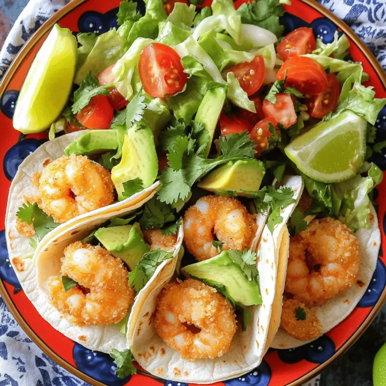 - 1 pound large shrimp, peeled and deveined - 1 cup all-purpose flour - 1/2 cup cornmeal - 1 teaspoon garlic powder - 1 teaspoon paprika - 1/2 teaspoon cayenne pepper (adjust according to your spice preference) - Salt and freshly ground black pepper, to taste - 2 large eggs, beaten - Vegetable oil for frying - 8 small corn tortillas - 1 cup shredded lettuce - 1 ripe avocado, sliced - 1/2 cup diced tomatoes - Fresh cilantro leaves for garnish - Lime wedges for serving The shrimp is the star of the show. It brings a sweet, tender taste. The flour and cornmeal create a crispy coating that makes each bite crunchy. Garlic powder adds strong flavor, while paprika brings a nice color and mild heat. Cayenne pepper gives a kick; you can adjust it for your taste. Eggs help the coating stick, and oil is needed for frying. Corn tortillas are perfect for holding all the goodness inside. The lettuce, avocado, and tomatoes add fresh flavors and textures. Finally, cilantro and lime wedges brighten up each taco. If you can't find large shrimp, medium ones work too. For a gluten-free option, use rice flour instead of all-purpose flour. You can swap cornmeal for crushed tortilla chips for a unique twist. If you want less spice, try sweet paprika instead of cayenne. If you don't have avocado, use sour cream or Greek yogurt for creaminess. You can also replace cilantro with parsley for a different herb flavor. Start with fresh shrimp. Peel and devein each shrimp. Rinse them in cold water. In a large bowl, mix the shrimp with salt, pepper, garlic powder, paprika, and cayenne. This adds great flavor. Toss until every shrimp is well coated in the spices. Let the shrimp sit for a few minutes. This helps the spices soak in. Set up a breading station. Use two shallow dishes. One dish holds the beaten eggs. The other dish has flour and cornmeal mixed together. Dip each seasoned shrimp in the egg. Let any extra egg drip off. Next, roll the shrimp in the flour-cornmeal mix. Make sure they are fully coated. This will give them that perfect crispy bite. In a large skillet, add about half an inch of vegetable oil. Heat the oil over medium-high heat. It should shimmer when ready. Fry the shrimp in batches. Avoid overcrowding the pan. Cook them for 2-3 minutes on each side. Look for a golden brown color. Use a slotted spoon to transfer the shrimp to a plate lined with paper towels. This helps absorb extra oil and keeps them crispy. While the shrimp fry, warm your corn tortillas. Use a dry skillet over medium heat. Place each tortilla in the skillet for about 30 seconds on each side. They should become soft and pliable. This step enhances the flavor and texture of the tortillas. Now it’s time to assemble! Take a warm tortilla and add a handful of shredded lettuce. Next, place 2-3 crispy shrimp on top. Add a few slices of creamy avocado and some diced tomatoes. Finish by sprinkling fresh cilantro on top. Serve with lime wedges for a fresh kick. Enjoy your tasty creation! For the complete cooking process, check out the Full Recipe. To keep your shrimp crispy, start with dry shrimp. Pat them with paper towels. A hot oil temperature is key. Heat the oil until it shimmers but does not smoke. Fry shrimp in small batches to avoid crowding. This helps them cook evenly. Turn them only once to get that golden crust. After frying, place them on paper towels to absorb extra oil. Toppings can really make your tacos shine. Use fresh ingredients like ripe avocados and juicy tomatoes. Squeeze fresh lime juice over the toppings for a zesty kick. Add a pinch of salt to the avocado to bring out its creaminess. Fresh cilantro adds freshness and color. You can even mix diced jalapeños for a spicy touch. Get creative with your toppings to match your taste. How you serve your tacos matters! Use a colorful platter to make the dish pop. Arrange the tacos neatly, and sprinkle fresh cilantro on top. Add lime wedges to the side for a fresh burst. You can also use a taco holder for fun. Serve them on a bed of shredded lettuce for a nice look. A little effort in presentation can impress your guests! {{image_4}} If you love heat, you can spice up these tacos. Just add more cayenne pepper to the shrimp. You can also mix in chopped jalapeños for a fresh kick. These additions will make your tacos extra spicy and flavorful. Serve with lime wedges to balance the heat. Not a shrimp fan? No problem! Try crispy cauliflower instead. Simply replace shrimp with cauliflower florets. Coat them in the same spices and breading as the shrimp. Fry them until golden and crunchy. This veggie option is just as tasty and fun. Serve with the same toppings for a colorful meal. You can get creative with toppings. Mango salsa adds a sweet touch, balancing the savory shrimp. Just mix diced mango, red onion, cilantro, and lime juice for a fresh burst of flavor. Chipotle mayo is another great choice. It brings a smoky flavor and a creamy texture. Just mix mayo with chipotle sauce to make your tacos even better. For the full recipe, check out the details provided earlier. To store your crispy garlic shrimp tacos, first, let them cool. Place the shrimp in an airtight container. Wrap the tortillas separately in plastic wrap or foil. Store both in the fridge. Use them within two days for the best taste. Keeping the shrimp and tortillas apart helps maintain their texture. Reheating crispy shrimp can be tricky. To keep them crunchy, preheat your oven to 375°F. Place the shrimp on a baking sheet. Bake for about 10 minutes until they are hot. For the tortillas, wrap them in foil. Heat them in the oven for about 5 minutes. This method keeps everything crispy and tasty. You can freeze the shrimp before frying. Place the breaded shrimp in one layer on a baking sheet. Freeze them for about an hour until solid. Then, transfer them to a zip-top bag. They can last up to three months. For the toppings, like avocado and tomatoes, it is best to add them fresh after reheating the shrimp. To make shrimp tacos crispy, coat the shrimp well. Use a mix of flour and cornmeal for the breading. Dip each shrimp in beaten eggs before rolling it in the flour-cornmeal mix. This double coating helps create that crunch you want. Fry the shrimp in hot oil, about 350°F. Cook them for 2-3 minutes per side until golden brown. Yes, you can use frozen shrimp! Just make sure to thaw them first. Place the frozen shrimp in the fridge overnight or run them under cold water for a quick thaw. After thawing, pat them dry with paper towels. This step helps the breading stick better. Serve crispy garlic shrimp tacos with simple sides. Here are some ideas: - Mexican rice - Black beans - Corn salad - Chips with salsa - Fresh guacamole These dishes add color and flavor to your meal. Yes, you can make these tacos gluten-free! Use a gluten-free flour blend instead of all-purpose flour. Also, check that your corn tortillas are gluten-free. Many brands offer great options. To adjust the spice level, change the amount of cayenne pepper. Use less for a milder taco or add more for heat. You can also add sliced jalapeños or a spicy sauce. Experiment until you find your perfect balance. For the full recipe, refer to the detailed instructions. Crispy garlic shrimp tacos are a tasty treat. We explored the key ingredients and their roles. I walked you through step-by-step frying and assembling the tacos. I shared tips to ensure crispiness and improve flavor. You can add variations like spicy shrimp or vegetarian tacos. Proper storage keeps leftovers safe and tasty. With this guide, you can make delicious tacos at home. Enjoy your cooking and impress your friends with these easy, fun meals.