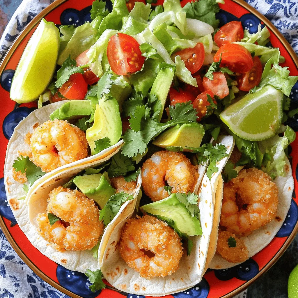 - 1 pound large shrimp, peeled and deveined - 1 cup all-purpose flour - 1/2 cup cornmeal - 1 teaspoon garlic powder - 1 teaspoon paprika - 1/2 teaspoon cayenne pepper (adjust according to your spice preference) - Salt and freshly ground black pepper, to taste - 2 large eggs, beaten - Vegetable oil for frying - 8 small corn tortillas - 1 cup shredded lettuce - 1 ripe avocado, sliced - 1/2 cup diced tomatoes - Fresh cilantro leaves for garnish - Lime wedges for serving The shrimp is the star of the show. It brings a sweet, tender taste. The flour and cornmeal create a crispy coating that makes each bite crunchy. Garlic powder adds strong flavor, while paprika brings a nice color and mild heat. Cayenne pepper gives a kick; you can adjust it for your taste. Eggs help the coating stick, and oil is needed for frying. Corn tortillas are perfect for holding all the goodness inside. The lettuce, avocado, and tomatoes add fresh flavors and textures. Finally, cilantro and lime wedges brighten up each taco. If you can't find large shrimp, medium ones work too. For a gluten-free option, use rice flour instead of all-purpose flour. You can swap cornmeal for crushed tortilla chips for a unique twist. If you want less spice, try sweet paprika instead of cayenne. If you don't have avocado, use sour cream or Greek yogurt for creaminess. You can also replace cilantro with parsley for a different herb flavor. Start with fresh shrimp. Peel and devein each shrimp. Rinse them in cold water. In a large bowl, mix the shrimp with salt, pepper, garlic powder, paprika, and cayenne. This adds great flavor. Toss until every shrimp is well coated in the spices. Let the shrimp sit for a few minutes. This helps the spices soak in. Set up a breading station. Use two shallow dishes. One dish holds the beaten eggs. The other dish has flour and cornmeal mixed together. Dip each seasoned shrimp in the egg. Let any extra egg drip off. Next, roll the shrimp in the flour-cornmeal mix. Make sure they are fully coated. This will give them that perfect crispy bite. In a large skillet, add about half an inch of vegetable oil. Heat the oil over medium-high heat. It should shimmer when ready. Fry the shrimp in batches. Avoid overcrowding the pan. Cook them for 2-3 minutes on each side. Look for a golden brown color. Use a slotted spoon to transfer the shrimp to a plate lined with paper towels. This helps absorb extra oil and keeps them crispy. While the shrimp fry, warm your corn tortillas. Use a dry skillet over medium heat. Place each tortilla in the skillet for about 30 seconds on each side. They should become soft and pliable. This step enhances the flavor and texture of the tortillas. Now it’s time to assemble! Take a warm tortilla and add a handful of shredded lettuce. Next, place 2-3 crispy shrimp on top. Add a few slices of creamy avocado and some diced tomatoes. Finish by sprinkling fresh cilantro on top. Serve with lime wedges for a fresh kick. Enjoy your tasty creation! For the complete cooking process, check out the Full Recipe. To keep your shrimp crispy, start with dry shrimp. Pat them with paper towels. A hot oil temperature is key. Heat the oil until it shimmers but does not smoke. Fry shrimp in small batches to avoid crowding. This helps them cook evenly. Turn them only once to get that golden crust. After frying, place them on paper towels to absorb extra oil. Toppings can really make your tacos shine. Use fresh ingredients like ripe avocados and juicy tomatoes. Squeeze fresh lime juice over the toppings for a zesty kick. Add a pinch of salt to the avocado to bring out its creaminess. Fresh cilantro adds freshness and color. You can even mix diced jalapeños for a spicy touch. Get creative with your toppings to match your taste. How you serve your tacos matters! Use a colorful platter to make the dish pop. Arrange the tacos neatly, and sprinkle fresh cilantro on top. Add lime wedges to the side for a fresh burst. You can also use a taco holder for fun. Serve them on a bed of shredded lettuce for a nice look. A little effort in presentation can impress your guests! {{image_4}} If you love heat, you can spice up these tacos. Just add more cayenne pepper to the shrimp. You can also mix in chopped jalapeños for a fresh kick. These additions will make your tacos extra spicy and flavorful. Serve with lime wedges to balance the heat. Not a shrimp fan? No problem! Try crispy cauliflower instead. Simply replace shrimp with cauliflower florets. Coat them in the same spices and breading as the shrimp. Fry them until golden and crunchy. This veggie option is just as tasty and fun. Serve with the same toppings for a colorful meal. You can get creative with toppings. Mango salsa adds a sweet touch, balancing the savory shrimp. Just mix diced mango, red onion, cilantro, and lime juice for a fresh burst of flavor. Chipotle mayo is another great choice. It brings a smoky flavor and a creamy texture. Just mix mayo with chipotle sauce to make your tacos even better. For the full recipe, check out the details provided earlier. To store your crispy garlic shrimp tacos, first, let them cool. Place the shrimp in an airtight container. Wrap the tortillas separately in plastic wrap or foil. Store both in the fridge. Use them within two days for the best taste. Keeping the shrimp and tortillas apart helps maintain their texture. Reheating crispy shrimp can be tricky. To keep them crunchy, preheat your oven to 375°F. Place the shrimp on a baking sheet. Bake for about 10 minutes until they are hot. For the tortillas, wrap them in foil. Heat them in the oven for about 5 minutes. This method keeps everything crispy and tasty. You can freeze the shrimp before frying. Place the breaded shrimp in one layer on a baking sheet. Freeze them for about an hour until solid. Then, transfer them to a zip-top bag. They can last up to three months. For the toppings, like avocado and tomatoes, it is best to add them fresh after reheating the shrimp. To make shrimp tacos crispy, coat the shrimp well. Use a mix of flour and cornmeal for the breading. Dip each shrimp in beaten eggs before rolling it in the flour-cornmeal mix. This double coating helps create that crunch you want. Fry the shrimp in hot oil, about 350°F. Cook them for 2-3 minutes per side until golden brown. Yes, you can use frozen shrimp! Just make sure to thaw them first. Place the frozen shrimp in the fridge overnight or run them under cold water for a quick thaw. After thawing, pat them dry with paper towels. This step helps the breading stick better. Serve crispy garlic shrimp tacos with simple sides. Here are some ideas: - Mexican rice - Black beans - Corn salad - Chips with salsa - Fresh guacamole These dishes add color and flavor to your meal. Yes, you can make these tacos gluten-free! Use a gluten-free flour blend instead of all-purpose flour. Also, check that your corn tortillas are gluten-free. Many brands offer great options. To adjust the spice level, change the amount of cayenne pepper. Use less for a milder taco or add more for heat. You can also add sliced jalapeños or a spicy sauce. Experiment until you find your perfect balance. For the full recipe, refer to the detailed instructions. Crispy garlic shrimp tacos are a tasty treat. We explored the key ingredients and their roles. I walked you through step-by-step frying and assembling the tacos. I shared tips to ensure crispiness and improve flavor. You can add variations like spicy shrimp or vegetarian tacos. Proper storage keeps leftovers safe and tasty. With this guide, you can make delicious tacos at home. Enjoy your cooking and impress your friends with these easy, fun meals.