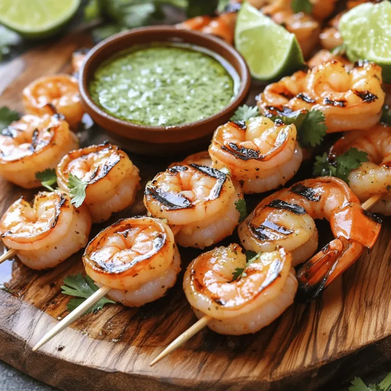 - 1 pound large shrimp, peeled and deveined - 2 tablespoons extra virgin olive oil - 2 cloves garlic, finely minced - 1 teaspoon smoked paprika - 1 teaspoon ground cumin - Sea salt and freshly cracked black pepper - Juice of 1 lime - 1/4 cup fresh cilantro, chopped - 1 jalapeño, deseeded and minced (optional) These ingredients create a burst of flavor. Each one plays a key role. The shrimp should be large and fresh. They soak up the marinade well. Olive oil adds richness and helps with cooking. Garlic gives a nice aroma and flavor. Smoked paprika adds depth, while cumin warms up the dish. Lime juice brightens everything up. Fresh cilantro adds a lovely herbal note. The jalapeño can spice things up if you want. - Grilling utensils (tongs, basting brush) - Soaked wooden skewers or metal skewers - Mixing bowl for marinade For grilling, you need some basic tools. Tongs help flip the shrimp easily. A basting brush is useful for adding marinade while cooking. Use wooden skewers that have soaked in water. This keeps them from burning on the grill. Metal skewers are a great option too. A mixing bowl helps combine everything smoothly. The right tools make cooking fun and simple! If you want the full recipe, check out the details above. - Whisk together marinade ingredients until mixed. - Add shrimp and coat thoroughly. - Cover and refrigerate for at least 30 minutes. I love marinating shrimp! It makes them tasty and juicy. Start by whisking together the olive oil, minced garlic, smoked paprika, ground cumin, lime juice, sea salt, and black pepper. This mix creates a great flavor. Next, add the shrimp. Make sure every shrimp gets coated. Cover the bowl and put it in the fridge for at least 30 minutes. This helps the shrimp soak up all the flavors. You can also let them sit longer for even more taste! - Preheat grill to medium-high. - Soak wooden skewers prior to grilling. While the shrimp marinate, prepare the grill. Preheat it to medium-high heat. This step is key for perfect grilling. If you use wooden skewers, soak them in water for about 30 minutes. This prevents them from burning on the grill. - Thread shrimp onto skewers. - Place skewers on the grill and cook for 2-3 minutes on each side. - Check for doneness (pink and firm). After marinating, it's time to grill! Carefully thread the shrimp onto the soaked skewers. Aim for 4-5 shrimp per skewer. Leave a little space between each shrimp. This helps them cook evenly. Place the skewers on the hot grill. Cook for about 2-3 minutes on each side. Keep an eye on them! The shrimp are done when they turn pink and feel firm to the touch. Overcooking can make them tough, so check often. Enjoy your flavorful creation! For the full recipe, you can refer back to the beginning. - Use a hot grill for better sear. A hot surface gives shrimp nice lines. - Leave space between shrimp on skewers. This helps cook them evenly. - Longer marination gives deeper flavor. Aim for at least 30 minutes. - Adjust seasonings based on personal preference. Add more lime for zing or salt for taste. - You can broil shrimp in the oven. Set the broiler to high and watch closely. - Pan-searing is also great. Use a hot skillet and add oil for flavor. Using these tips, you can make the best grilled shrimp skewers. For the full recipe, be sure to check out the details! {{image_4}} You can change the flavor of your grilled shrimp skewers by using different marinades. One fun option is a lemon garlic marinade. This gives the shrimp a light, fresh taste. Just mix lemon juice, minced garlic, olive oil, and a bit of salt. Let the shrimp soak in this mix for about 30 minutes before grilling. Another tasty idea is a teriyaki glaze. This Asian twist adds a sweet and savory flavor. Use store-bought teriyaki sauce or make your own with soy sauce, honey, and ginger. Marinate the shrimp for about 30 minutes for the best taste. Grilled shrimp skewers pair well with many sides. You can serve them with grilled vegetables for a colorful plate. Bell peppers, zucchini, and corn work great. A fresh salad also complements the shrimp. Use greens, cherry tomatoes, and a light vinaigrette for a refreshing side. For sauces, try sriracha aioli for a kick. Mix mayonnaise, sriracha, and lime juice to make it creamy and spicy. Garlic butter is another choice. Just melt butter and mix in minced garlic for a rich dip. If you want to change things up, try different proteins or veggies on the skewers. You can replace shrimp with chicken. Simply cut chicken into pieces and marinate like shrimp. Vegetables like mushrooms, bell peppers, and onions also work well. Skewer them alongside shrimp or on their own. For seafood lovers, scallops or fish like salmon can be great options, too. Just adjust the cooking time for these proteins to ensure they cook through. For the complete recipe, check out the Full Recipe provided earlier. To keep grilled shrimp fresh, store it in the fridge. Place leftovers in an airtight container. This helps prevent any strong odors from spreading. I recommend using glass or BPA-free plastic containers for best results. If you have extra skewers, freezing is a great option. First, let the shrimp cool completely. Then, place them in a freezer bag. Remove as much air as possible. This prevents freezer burn and keeps your shrimp tasty. When ready to eat, thaw the shrimp overnight in the fridge. Reheat them on a grill or in a skillet over medium heat for about 5 minutes. Grilled shrimp lasts about 3 days in the fridge. Make sure to check for signs of spoilage. If the shrimp smells off or has a slimy texture, it’s best to discard it. Always prioritize safety when storing food. Enjoy your grilled shrimp skewers with confidence! For the full recipe, check out the Grilled Shrimp Skewers with Zesty Cilantro-Lime Sauce. You can tell shrimp are done when they change color. Look for a bright pink hue. The flesh should also feel firm to the touch. Cook shrimp for about 2-3 minutes per side. Overcooking will make them tough and chewy, so watch closely. Yes, marinating shrimp for too long can make them mushy. Aim for 30 minutes to 2 hours. This timeframe allows flavors to soak in without harming the texture. If you exceed 2 hours, the shrimp may lose their firm bite. I like to serve grilled shrimp skewers on a rustic wooden platter. Drizzle with the zesty cilantro-lime sauce for added flavor. You can also add lime wedges and fresh cilantro for a pop of color. Pair with charred veggies or a crisp salad for balance. Yes, you can use frozen shrimp. Thaw them overnight in the fridge or run them under cold water. Dry the shrimp well before marinating. This helps the marinade stick better. Using frozen shrimp is a great option if fresh ones aren’t available. Grilled shrimp skewers are easy and tasty. We covered essential ingredients and equipment. Marinating and grilling techniques make the shrimp flavorful and fun. You learned tips to perfect your grilling too. With some creativity, you can try different flavors and pairings. Remember to store any leftovers properly. Enjoy making these skewers and impressing friends and family! Now, grab your grill and start cooking.