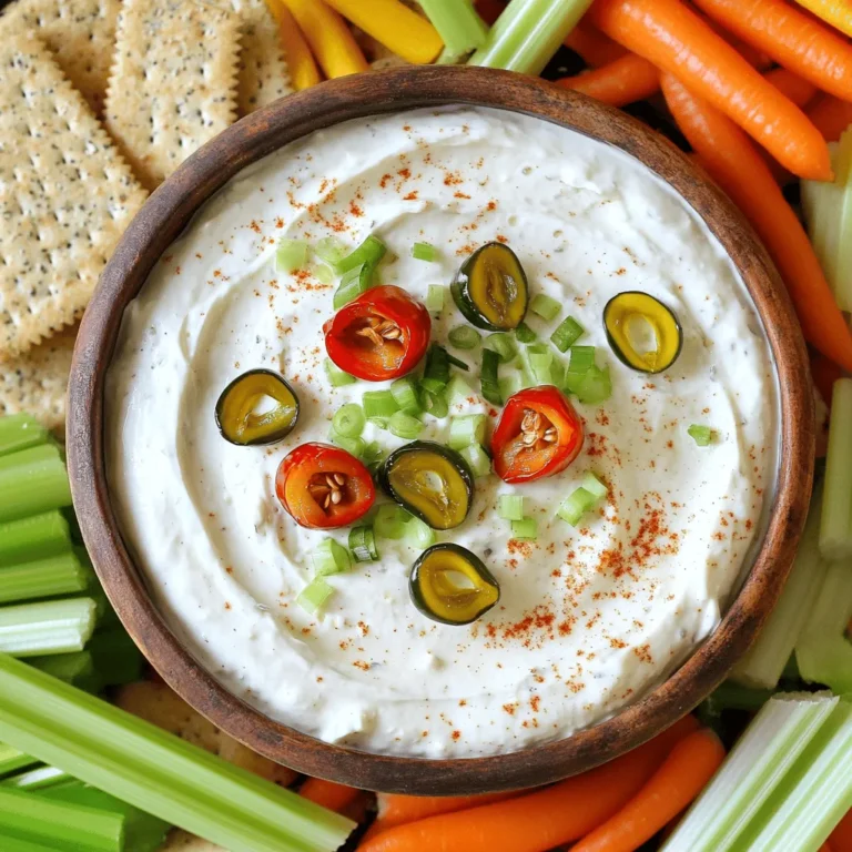 To create a tasty Pepperoncini Cream Cheese Dip, you need these key ingredients: - 8 oz cream cheese, softened at room temperature - 1 cup creamy Greek yogurt - 1/2 cup pepperoncini peppers, finely chopped (plus extra for an attractive garnish) - 1/4 cup green onions, thinly sliced - 1 teaspoon garlic powder - 1 tablespoon fresh lemon juice - Salt and freshly cracked black pepper to taste - 1/4 teaspoon smoked paprika for an added depth of flavor - An array of assorted crackers, breadsticks, and vibrant vegetable sticks for serving These ingredients blend well to make a creamy, flavorful dip. The cream cheese offers a smooth base, while Greek yogurt adds a nice tang. Pepperoncini peppers bring a unique, mild heat that makes this dip stand out. You can customize your dip with a few optional ingredients: - A pinch of cayenne pepper for heat - Chopped fresh herbs like dill or parsley - Shredded cheese like cheddar or mozzarella - A splash of Worcestershire sauce for umami These extras can change the dip's flavor profile and make it your own. Experiment with these additions to find what you like best! When picking ingredients for your dip, consider these tips: - Cream Cheese: Choose a full-fat version for a rich, creamy texture. - Greek Yogurt: Look for plain, unsweetened yogurt for the best taste. - Pepperoncini Peppers: Select jarred peppers that are bright in color and firm. - Fresh Produce: Use fresh green onions and herbs for a burst of flavor. Good quality ingredients make a big difference in the taste of your dip. Always choose fresh and flavorful items for the best results. Start by gathering your ingredients. You need cream cheese and Greek yogurt. Both should be at room temperature. This helps them blend well. Place the cream cheese and yogurt in a large mixing bowl. Now, use a hand mixer or a whisk to mix them together. Blend until the mixture is smooth and creamy. This is the base of your dip. It should look rich and inviting. Next, it’s time to add the fun flavors! Chop the pepperoncini peppers finely. You’ll want about half a cup. Add these to the creamy base along with the sliced green onions, garlic powder, fresh lemon juice, and smoked paprika. Mix all the ingredients well. Make sure every bite has a taste of pepperoncini and green onions. This dip is all about balance. Taste it and season with salt and black pepper to your liking. Adjust the flavors until it makes your taste buds dance! Once you mix it all, transfer the dip to a serving bowl. Use a spatula to smooth the top. This gives it a nice look. For a pretty finish, garnish with whole pepperoncini peppers and a sprinkle of green onions or smoked paprika. Now, cover the bowl with plastic wrap. Chill the dip in the fridge for at least 30 minutes. This time allows the flavors to blend perfectly. Trust me; it’s worth the wait! For the full recipe, check out the details above. Enjoy this flavorful party snack! To make your dip burst with flavor, adjust the seasonings. Start with the basics: salt and pepper. Taste after mixing and add more to fit your style. If you like a kick, add more garlic powder or smoked paprika. A small dash of hot sauce can also add heat. Remember, the key is to balance the flavors. Make your dip look as good as it tastes! Use a bright bowl that contrasts with the dip's color. Arrange colorful crackers, crunchy breadsticks, and fresh veggie sticks around the bowl. This makes a stunning display. You can also add a few whole pepperoncini on top for a fun garnish. It’s all about inviting your guests to dig in! You can prepare this dip a day in advance. Just follow the full recipe and store it in the fridge. This way, the flavors blend better. When it’s time to serve, take it out and let it sit for a few minutes. This helps it soften up. Garnish just before serving to keep it fresh and appealing. {{image_4}} To make a spicy version, add diced jalapeños. Use one or two, depending on your taste. Mix them into your dip along with the pepperoncini. This adds heat and extra flavor. If you want more heat, include a dash of hot sauce too. It gives the dip a nice zing that will impress your guests. You can swap out the green onions for fresh herbs. Fresh dill or parsley works well. Just chop them finely and stir them in. This change gives your dip a fresh taste. You can even try basil for a twist. Each herb adds its own flavor, making the dip unique every time you make it. To create a vegan version, replace cream cheese with a plant-based option. Use vegan cream cheese or silken tofu blended smooth. Substitute Greek yogurt with a dairy-free yogurt. This keeps the dip creamy and delicious without dairy. Add a splash of lemon juice for brightness. Your vegan friends will love this tasty treat. For the full recipe, check out the Pepperoncini Paradise Cream Cheese Dip. Enjoy experimenting with these fun variations! To keep your Pepperoncini Cream Cheese Dip fresh, store it in the fridge. Use an airtight container for best results. Make sure the lid seals tightly. This prevents air from getting in, which can dry out the dip. If you plan to serve it later, cover the dip with plastic wrap before sealing it. This extra layer helps keep the flavors locked in. You can store the dip for about 3 to 5 days in the fridge. After that, the flavors may start to fade. If you notice any change in smell or texture, it's best to toss it. Always check for signs of spoilage before digging in. Enjoy the dip while it's fresh for the best taste! If you want to enjoy your Pepperoncini Cream Cheese Dip warm, gently heat it. Place it in a microwave-safe bowl. Heat it in short bursts, stirring in between. This prevents it from getting too hot or clumpy. If the dip seems thick after refrigeration, stir in a little Greek yogurt or cream cheese. This refreshes the dip and keeps it creamy. For the full recipe, check out the detailed instructions above. You can serve this dip with many tasty snacks. Try it with: - Assorted crackers - Crunchy breadsticks - Colorful vegetable sticks like carrots and bell peppers - Pita chips - Tortilla chips These pairings add fun and flavor to your party spread. Guests will love the mix of textures and tastes! Yes, you can use fresh peppers! I suggest using mild varieties. Look for sweet banana peppers or fresh pepperoncini. Just chop them finely before adding. Fresh peppers bring a nice crunch and bright flavor. However, jarred peppers have a tangy brine that adds depth. Choose what you prefer! To add heat, try these tips: - Incorporate more chopped pepperoncini - Add a dash of cayenne pepper or red pepper flakes - Mix in some diced jalapeños These options let you control the spice level. Taste as you go, and adjust until it’s just right for you. For the full recipe, check out the details above! You can make a tasty Pepperoncini Cream Cheese Dip with key ingredients and simple steps. We covered essential and optional ingredients, tips for picking quality items, and how to prepare the dip. I shared ways to enhance flavors, present it well, and make it ahead of time. There are fun variations, storage tips, and answers to common questions. Now, you have the tools to create your own delicious dip. Enjoy making it for your next gathering or snack time!