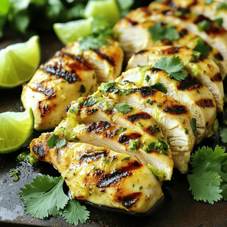- 4 boneless, skinless chicken breasts - 1 cup coconut milk (preferably full-fat for creaminess) - 2 tablespoons freshly squeezed lime juice - Zest of 1 lime - 2 tablespoons honey - 2 cloves garlic, minced - 1 teaspoon fresh ginger, grated - 1 teaspoon ground cumin - Salt and pepper to taste - 1 tablespoon olive oil The main ingredients in Coconut Lime Chicken create a perfect balance of flavors. The chicken breasts are the star, providing a solid base. Coconut milk adds creaminess and richness. Lime juice brings bright acidity and zest. Honey balances the tanginess. Garlic and ginger enhance depth, while cumin adds warmth. - Fresh cilantro leaves - Lime wedges for serving Garnishes can elevate your dish. Fresh cilantro adds a pop of color and freshness. Lime wedges provide an extra burst of citrus when served. - Grill or skillet - Resealable plastic bag for marinating A grill or skillet works great for cooking the chicken. The resealable bag is perfect for marinating. It helps the chicken soak up all those delicious flavors. For the Full Recipe, check out the detailed instructions that guide you through the steps to make this delicious Coconut Lime Chicken. To start, gather your ingredients. Combine 1 cup of coconut milk, 2 tablespoons of lime juice, lime zest, 2 tablespoons of honey, 2 minced garlic cloves, 1 teaspoon of grated ginger, and 1 teaspoon of ground cumin in a medium bowl. Add a pinch of salt and pepper to boost the flavor. Whisk these ingredients together until they blend well. This creates a creamy and fragrant marinade. - Tip: Use a sturdy whisk to mix. It helps create a smooth consistency without clumps. Next, it's time to marinate the chicken. Place 4 boneless, skinless chicken breasts into a large resealable plastic bag. Pour the marinade over the chicken. Make sure each piece is coated evenly. Seal the bag tightly and press out any air. For the best flavor, marinate in the fridge for at least 30 minutes. You can marinate for up to 4 hours for a richer taste. - Tip: Flip the bag halfway through marinating. This ensures all sides soak up the flavor. Now, let’s cook the chicken. Preheat your grill or a large skillet over medium-high heat. If using a skillet, drizzle in 1 tablespoon of olive oil. Let it heat until it shimmers but does not smoke. Carefully remove the chicken from the marinade. Allow any excess marinade to drip off. Place the chicken on the grill or in the skillet. Cook each piece for about 6-7 minutes on each side. The chicken is done when it is no longer pink inside and reaches an internal temperature of 165°F. - Tip: If using a skillet, turn the chicken often for even cooking. Once cooked, transfer the chicken to a plate. Let it rest for about 5 minutes. Resting helps the juices stay inside. Finally, slice the chicken and serve it with leftover marinade, fresh cilantro, and lime wedges. For the Full Recipe, check the complete details in the earlier section. Enjoy your Coconut Lime Chicken! Marinating your chicken is key for great taste. I recommend marinating for at least 30 minutes. For deeper flavors, let it sit for up to 4 hours. The coconut milk and lime juice work wonders together. You can also add spices like paprika or herbs like thyme. These will give your dish a unique twist. Resting your chicken after cooking is crucial. Let it sit for 5 minutes before slicing. This helps the juices stay inside. The ideal internal temperature for fully cooked chicken is 165°F (75°C). Use a meat thermometer to check. This step ensures your chicken stays juicy and tender. A great plate makes your meal more inviting. Arrange the sliced chicken on a bright platter. Sprinkle fresh cilantro over the top for color. Serve lime wedges on the side for extra zest. You can also add a side of coconut rice or a fresh salad. These choices elevate your dish, making it visually appealing and delicious. For the full recipe, check out the Coconut Lime Chicken recipe. {{image_4}} You can change the protein in this dish. Try shrimp or tofu for a fun twist. Each option offers a unique taste while soaking up the coconut and lime flavors. If you want to switch up the marinade, use pineapple juice instead of lime juice. This swap adds a sweet touch that works well. You can cook Coconut Lime Chicken in different ways. Oven-baking gives a nice, even cook. Set the oven to 375°F and bake for 25-30 minutes. Slow-cooking is great for busy days. Just put the marinated chicken in a slow cooker for 4-6 hours on low. Grilling adds a smoky flavor that many people love. It gives nice grill marks and a bit of char. Pan-searing is quick and keeps the chicken juicy. Use medium-high heat and watch it closely for great results. Coconut Lime Chicken pairs well with many sides. Coconut rice is a perfect fit. The creaminess of the rice matches the chicken's flavors. A fresh garden salad with lime vinaigrette adds brightness. You can also serve it with roasted vegetables for a colorful plate. For drinks, try a light white wine like Sauvignon Blanc. It complements the lime well. Coconut water is also refreshing and ties in with the meal. If you want a fun twist, mix a tropical cocktail with rum and pineapple juice. For the full recipe, check the earlier section. Enjoy your cooking adventure! To keep your Coconut Lime Chicken fresh, follow these simple steps. First, let the chicken cool completely after cooking. Place any leftover chicken in an airtight container. You can store it in the fridge for up to four days. If you want to keep it longer, freeze the chicken. Wrap it tightly in plastic wrap, then place it in a freezer bag. This helps prevent freezer burn. It can last up to three months in the freezer. When you're ready to eat, remember to label your container with the date. This will help you track how long it's been stored. Reheating your Coconut Lime Chicken is easy, but do it carefully. To keep it moist, I suggest using the oven. Preheat it to 350°F (175°C). Place the chicken in a baking dish, cover it with foil, and heat for about 15 to 20 minutes. Make sure it reaches an internal temperature of 165°F (75°C). You can also reheat in the microwave. Use a microwave-safe dish and cover it with a damp paper towel. Heat for one minute, then check if it's warm. If not, heat in 30-second bursts until hot. Avoid overheating, as this can dry out the chicken. If you want to enjoy your leftovers, consider adding them to salads or wraps for a tasty twist. I recommend marinating the chicken for at least 30 minutes. This time gives the chicken a nice flavor boost. If you have more time, you can marinate it for up to 4 hours. Longer marinating allows the flavors to soak in deeper. Just remember, do not marinate for more than 4 hours. The acid in lime juice can make the chicken tough if left too long. Yes, you can use canned coconut milk for this recipe. I suggest using full-fat coconut milk for the best results. Full-fat coconut milk adds creaminess and richness to the dish. It also helps create a smooth marinade that clings well to the chicken. Low-fat coconut milk can work, but it may not have the same depth of flavor. Coconut Lime Chicken pairs well with many side dishes. Here are some great options: - Coconut rice: It complements the flavor beautifully. - Fresh garden salad: A light salad adds crispness. - Grilled vegetables: They add color and nutrition. - Quinoa: A healthy grain that absorbs flavors well. You can also serve it with lime wedges for an extra citrus kick! For a refreshing drink, consider coconut water or a light mojito. For the full recipe, check out the [Full Recipe]. This blog post covered the key ingredients and steps for making Coconut Lime Chicken. We discussed the main ingredients, marinade tips, and cooking techniques. I shared ways to enhance flavor and ensure juicy chicken, plus creative serving ideas. You can explore variations and proper storage tips for leftovers. Remember, using quality ingredients and following these steps leads to tasty meals. Enjoy experimenting with this recipe to create your perfect dish!