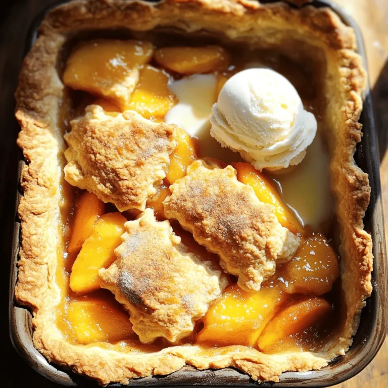 For this delightful cobbler, you need six ripe peaches. Choose peaches that feel firm but yield slightly when pressed. These peaches should have a vibrant color and a sweet aroma. Peel and slice them for the best flavor and texture in your dish. You will also need some basic ingredients from your pantry. Here’s a quick list: - 1 cup granulated sugar - 1 tablespoon lemon juice - 1 teaspoon ground cinnamon - 1 tablespoon cornstarch - 1 cup all-purpose flour - 1/2 teaspoon baking powder - 1/4 teaspoon salt - 1/2 cup unsalted butter, melted - 1/2 cup milk - 1 teaspoon vanilla extract - 1/4 cup brown sugar (for topping) - 1 teaspoon additional cinnamon (for topping) These staples create the rich and sweet base for the cobbler. To make your peach cobbler even better, consider these tasty toppings: - Vanilla ice cream - Whipped cream - Caramel sauce - Fresh mint leaves These toppings add flavor and visual appeal to your dish. Enjoy experimenting with different combinations! You can find the Full Recipe in the previous section. First, preheat your oven to 350°F (175°C). This step is key for a well-cooked cobbler. While the oven heats, grab six ripe peaches. Peel and slice them, then place the peach slices in a large bowl. Add one cup of granulated sugar, one tablespoon of lemon juice, one teaspoon of ground cinnamon, and one tablespoon of cornstarch. Mix gently with a spatula, making sure each slice gets coated. Let the peaches sit for about 10 minutes. This allows the flavors to mix and the juices to flow. In another bowl, combine one cup of all-purpose flour, half a teaspoon of baking powder, and a quarter teaspoon of salt. Whisk these dry ingredients until they blend well. Gradually add half a cup of melted unsalted butter. Then, pour in half a cup of milk and one teaspoon of vanilla extract. Stir this mix until it forms a thick and smooth batter. It should feel dough-like. Now, grease a 9x13 inch baking dish. Pour half of your batter into the dish. Spread it evenly as the bottom layer. Next, layer the marinated peaches over this batter. Make sure the peaches are evenly spread out. Finally, pour the rest of the batter over the peaches. Do this carefully to keep the layers intact. In a small bowl, mix a quarter cup of brown sugar with an additional teaspoon of cinnamon. Sprinkle this mixture on top of the last layer of batter. This will create a sweet crust as it bakes. Place the dish in your preheated oven. Bake for 45 to 50 minutes. You know it’s done when the top is golden brown and the peach juices bubble around the edges. To check, insert a toothpick into the batter. It should come out clean. After baking, let the cobbler cool for 10 to 15 minutes. This helps the juices set, making it easy to serve. Enjoy warm, topped with vanilla ice cream for an extra treat! For the full recipe, check out the earlier sections. Choosing the right peaches is key. You want to select ripe, juicy peaches for the best flavor. Here are some tips: - Look for peaches with a sweet smell. This shows they are ripe. - Check for slight softness when you gently squeeze. They should yield a bit, but not be mushy. - Aim for peaches with a rich color. Bright yellow or orange often means they are sweet. The crust makes your cobbler special. Here’s how to get it just right: - Use cold butter to create a flaky texture. Cut it into the flour until it looks like crumbs. - Don’t overmix the batter. Stir just until combined for a light and airy crust. - Layer the batter carefully. Pour it slowly over the peaches to keep the layers intact. You can make your dessert even better with great serving ideas. Here are my favorites: - Serve warm with a scoop of vanilla ice cream. The cold ice cream melts into the warm cobbler. - Drizzle caramel sauce on top for a sweet touch. It adds a nice flavor contrast. - For a lovely look, use ramekins. Serve individual portions with whipped cream on top. For detailed steps, refer to the Full Recipe. Enjoy your delicious creation! {{image_4}} You can switch peaches for other fruits. Try ripe nectarines or juicy pears. Berries like blueberries or raspberries also work well. The key is to use fresh, sweet fruit. Their flavors mix with the batter, making a tasty treat. If you need gluten-free options, use almond flour or oat flour. Both work great in this recipe. For a dairy-free choice, swap the milk with almond or coconut milk. Use vegan butter instead of regular butter for the best results. This way, everyone can enjoy the dessert. Want to make your cobbler special? Add a dash of nutmeg or ginger for warmth. A splash of almond extract gives a nice twist. You can even mix in some chopped nuts for a crunchy texture. These small changes can elevate your cobbler from simple to stunning. To keep your cobbler fresh, allow it to cool down first. Once cool, cover it with plastic wrap or aluminum foil. You can also place it in an airtight container. Store it in the fridge for up to four days. This keeps flavors intact and prevents it from drying out. When you want to enjoy your cobbler again, take it out of the fridge. Preheat your oven to 350°F (175°C). Place the cobbler in a baking dish and cover it with foil to avoid burning the top. Heat for about 20-25 minutes or until it’s warm throughout. For a crispy top, remove the foil for the last 5 minutes. You can freeze your cobbler for later enjoyment. First, let it cool completely, then slice it into portions for easy serving. Wrap each piece tightly in plastic wrap and place them in a freezer-safe bag. Label it with the date. It can last up to three months in the freezer. To enjoy, simply thaw it in the fridge overnight and reheat as mentioned above. This way, you can savor your Triple Crust Peach Cobbler anytime! You can tell when the cobbler is done by looking for a golden brown top. The peach juices should bubble around the edges. A toothpick inserted into the batter should come out clean. This shows that the batter has cooked through and is ready to enjoy. Yes, you can make this cobbler ahead of time. Prepare the cobbler and cover it well. Store it in the fridge for up to 24 hours before baking. When ready to bake, let it sit at room temperature for a few minutes, then bake as directed. I love serving this peach cobbler warm with a scoop of vanilla ice cream. You can also add whipped cream or a drizzle of caramel sauce for extra sweetness. Fresh mint leaves can add a nice touch too. It pairs well with a cup of coffee or tea. The Full Recipe for Triple Crust Peach Cobbler includes ripe peaches, sugar, lemon juice, and spices, among other ingredients. You can find it all listed above in the article. Enjoy making this delicious treat! In this post, we explored how to create a delicious Triple Crust Peach Cobbler. You learned about selecting the right peaches and key pantry staples. I shared step-by-step instructions for making your cobbler. We also covered tips for perfecting the crust and variations for different tastes. Now, you have the tools and knowledge to bake a tasty treat. Enjoy every bite, share it with loved ones, and make it your own!