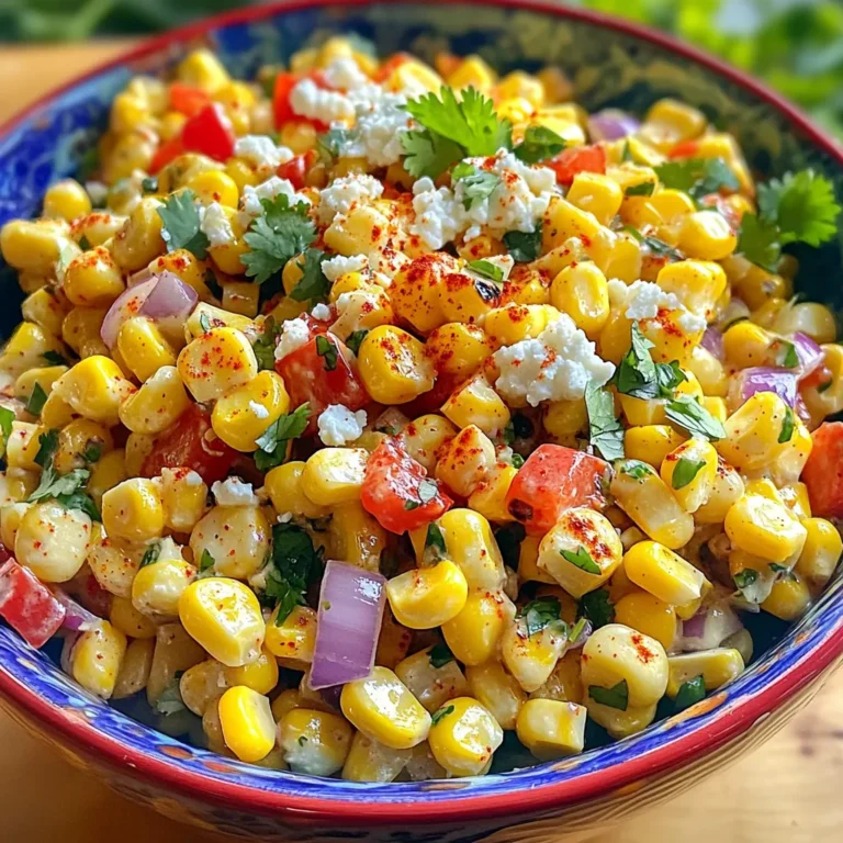 To make a tasty Mexican street corn salad, gather these ingredients: - 4 ears of corn, husked and cleaned - 1/2 cup red bell pepper, finely diced - 1/4 cup red onion, finely diced - 1/2 cup queso fresco, crumbled - 1/4 cup mayonnaise - 1 tablespoon fresh lime juice - 1 teaspoon chili powder - 1/2 teaspoon ground cumin - Salt, to taste - Freshly ground black pepper, to taste - Fresh cilantro, chopped (for garnish) These ingredients create a fresh salad with bold flavors. The corn brings sweetness, while the peppers and onions add crunch. The queso fresco gives a creamy touch, and the spices make it pop. You can make this salad your own with a few swaps: - Mayonnaise: Use Greek yogurt for a lighter option. It adds creaminess without extra fat. - Queso Fresco: Feta cheese works well if you can't find queso fresco. It gives a similar taste. - Vegan Options: Substitute mayonnaise with avocado or a plant-based mayo. Use a vegan cheese for queso fresco. For seasonal ingredients, consider adding diced tomatoes in summer or roasted butternut squash in fall. Both options provide a unique twist to the dish. Start by preheating your grill to medium-high heat. This step is key to getting that perfect char. Place the husked corn on the grill, making sure to turn it every few minutes. You want to grill it for about 10 to 12 minutes. Look for nice grill marks, and the kernels should feel tender. Before grilling, husk the corn. Remove all the silk and any discolored leaves. Rinse it briefly under cold water to clean it. This prep helps the corn cook evenly. Once the corn is grilled, let it cool for a few minutes. Use a sharp knife to slice off the kernels. Make sure to slice down the cob to get all the good bits. Place the fresh kernels in a large mixing bowl. Next, add the diced red bell pepper, diced red onion, and crumbled queso fresco to the bowl. Mix gently but thoroughly. The right balance of ingredients makes the salad pop. You want each bite to have a bit of everything. To make the dressing, grab a small bowl. Whisk together the mayonnaise, fresh lime juice, chili powder, ground cumin, salt, and black pepper. Keep whisking until the mixture is smooth. This dressing packs a punch! Drizzle the dressing over the corn and veggies. Use a spatula to fold everything together. Make sure every piece gets coated. Taste the salad and adjust the seasoning if needed. If it feels bland, add more lime juice or chili powder. Let the salad sit for about 10 minutes. This resting time lets the flavors mingle. Just before serving, top it off with fresh cilantro for a burst of color and flavor. For the full recipe, refer to the earlier section. Enjoy your fresh and flavorful Mexican Street Corn Salad! For serving your Mexican Street Corn Salad, think colorful! Use a big bowl to show off the bright ingredients. Garnish with fresh cilantro and lime wedges. This makes the dish pop. Pair it with grilled meats or tacos. The salad brings a fresh crunch to rich meals. You can also serve it as a side at parties. It adds fun and flavor to any dish. Want more flavor? Consider adding spices! Try garlic powder or smoked paprika. These spices add depth and warmth. Fresh herbs like parsley or chives also boost taste. If you like heat, add cayenne pepper or jalapeños. Start with a small amount, then adjust to your spice level. Taste as you go to find your perfect mix. Watch out for overcooking the corn. Too much heat can make it mushy. Grill it just until tender with nice char marks. Also, mix the dressing well. This ensures every bite is full of flavor. Don’t forget to let the salad sit for a while. This helps the flavors blend beautifully. Lastly, balance your seasonings. A little salt and lime juice can make a big difference. For the full recipe, check out the detailed steps above. {{image_4}} You can easily change the taste of your Mexican street corn salad. For a spicy kick, add diced jalapeños or a splash of hot sauce. If you like sweet flavors, try adding a spoonful of honey or some diced mango. For a tangy twist, mix in some chopped pickled red onions or extra lime juice. These small changes make a big difference in flavor. Feel free to play with the ingredients in this salad. You can swap the red bell pepper for corn, black beans, or avocados. Each new veggie adds a unique taste. If you want protein, try adding grilled chicken or shrimp. These additions make the salad heartier and more filling. This recipe can fit many diets. For a gluten-free option, check your mayonnaise brand. Most are gluten-free, but it’s good to be sure. If you want a vegan version, you can use avocado instead of mayonnaise and skip the queso fresco. For a low-calorie option, cut back on the mayo and cheese or use a yogurt alternative. These changes keep the flavor while fitting your dietary needs. To keep your salad fresh, store it in an airtight container. This helps prevent air and moisture from getting in. Make sure to cool the salad to room temperature before sealing it. If you add any garnishes, like cilantro, store those separately. This keeps them fresh and bright. Typically, you can enjoy this salad cold. If you prefer it warm, gently heat it in a pan over low heat. Stir often to avoid burning. You can also use a microwave to warm it up. Just heat for a short time and stir in between. You can store Mexican Street Corn Salad in the fridge for about 3 to 5 days. After that, check for any signs of spoilage, like a sour smell or changes in texture. If it looks or smells off, it’s best to toss it. Enjoy the freshness while it lasts! Check out the Full Recipe for more details. Mexican Street Corn Salad lasts about 3 to 5 days in the fridge. Store it in an airtight container to keep it fresh. Watch for signs of spoilage, like a change in smell or color. If it smells off or looks slimy, it is best to toss it. Yes, you can make this salad ahead of time. I recommend making it a day in advance. This allows the flavors to blend nicely. Just keep it in the fridge until you're ready to serve. Add fresh cilantro just before serving for extra flavor. You can add many ingredients to this salad. Consider diced avocado for creaminess. Chopped jalapeños can add heat. Black beans or diced tomatoes make great additions too. Feel free to mix it up based on your taste. Fresh corn gives the best flavor, but you can use frozen or canned corn. If you use frozen corn, make sure to thaw it first. Canned corn should be drained and rinsed. These options work well, but fresh corn packs a punch in taste. This salad is best served cold. Chilling enhances the flavors and makes it refreshing. However, you can serve it at room temperature if needed. Just don’t serve it warm, as it changes the texture and taste. Enjoy it chilled for the best experience. This blog covered how to make a tasty Mexican Street Corn Salad. We discussed the ingredients needed and offered substitution options for various diets. Our step-by-step instructions guided you through grilling corn and mixing flavors just right. I shared tips for serving and avoiding common mistakes. You learned about variations and proper storage methods. In conclusion, enjoy this salad's vibrant flavors in many ways. Experiment with your own ideas and share it with friends. Simple ingredients can create delicious meals!