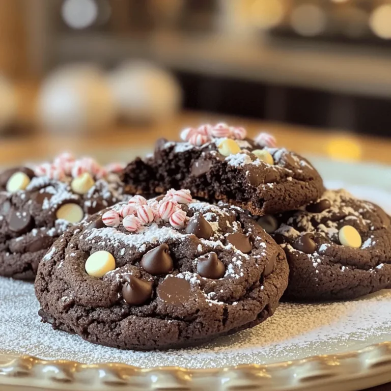 Gathering the right ingredients is key to making delicious Double Chocolate Peppermint Cookies. Below is a list of what you need: - 1 cup all-purpose flour - 1/2 cup unsweetened cocoa powder - 1/2 teaspoon baking soda - 1/4 teaspoon salt - 1/2 cup unsalted butter, softened to room temperature - 1 cup granulated sugar - 1/2 cup packed brown sugar - 1 large egg - 1 teaspoon pure vanilla extract - 1/2 teaspoon peppermint extract - 1 cup semi-sweet chocolate chips - 1/2 cup crushed peppermint candies (reserve some for topping) These ingredients come together to create a rich, chocolatey cookie with a refreshing mint twist. The all-purpose flour and cocoa powder form the base. The butter adds a creamy texture, while the sugars bring sweetness. The egg binds everything, and the extracts infuse that festive flavor. Chocolate chips add extra richness, and crushed peppermint brings a delightful crunch. For the full recipe, check out the details on how to combine and bake these ingredients into a festive treat! - Preheat the oven and prepare baking sheets: Start by preheating your oven to 350°F (175°C). Line your baking sheets with parchment paper to keep the cookies from sticking. - Mix the dry ingredients: In a medium bowl, whisk together 1 cup of all-purpose flour, 1/2 cup of unsweetened cocoa powder, 1/2 teaspoon of baking soda, and 1/4 teaspoon of salt. Set this dry mix aside for now. - Cream the butter and sugars: In a large bowl, take 1/2 cup of softened butter, 1 cup of granulated sugar, and 1/2 cup of brown sugar. Use an electric mixer to beat these ingredients until they turn light and fluffy, about 2-3 minutes. - Incorporate egg and extracts: Add 1 large egg, 1 teaspoon of vanilla extract, and 1/2 teaspoon of peppermint extract to the butter-sugar blend. Mix until everything is smooth and well combined. - Combine wet and dry mixtures: Gradually add the dry ingredients to the wet mix. Stir on low speed until just combined. Don’t worry if a few flour streaks are left; it’s okay! - Add chocolate and peppermint: Gently fold in 1 cup of semi-sweet chocolate chips and 1/2 cup of crushed peppermint candies. Make sure they’re evenly mixed into the dough. - Form cookie dough balls: With a tablespoon or cookie scoop, drop balls of dough onto the lined baking sheets. Space them about 2 inches apart to allow room for spreading. - Top with candies: Before you bake, sprinkle a few extra crushed peppermint candies on top of each cookie. This adds a fun, festive touch. - Bake the cookies: Place your baking sheets in the preheated oven. Bake for 10-12 minutes. The edges should be set, and the centers should feel soft for a chewy bite. - Cool the cookies: After baking, take the cookies out of the oven. Let them cool on the baking sheet for about 5 minutes. Then, move them to a wire rack to cool completely. You can find the Full Recipe for all the details! - How to achieve the best texture For soft and chewy cookies, measure your flour correctly. Use a spoon to scoop flour into your measuring cup. Then level it off with a knife. This prevents too much flour, which can make cookies dry. - Preventing cookies from spreading Chill your dough for about 30 minutes before baking. This helps keep the cookies from spreading too much. Also, use parchment paper on your baking sheets. It keeps cookies from sticking and helps them hold shape. - Ensuring cookies are soft in the center Bake your cookies until the edges are set, but the centers look slightly underbaked. They will continue to cook as they cool. Aim for a baking time of 10-12 minutes for the best results. - Festive presentation suggestions To make your cookies look extra special, serve them on a bright platter. Surround them with whole peppermint sticks. Dust with powdered sugar for a snowy effect. This adds a fun touch to your holiday table. - Using different toppings Try adding different toppings for variety. Use white chocolate chips or crushed nuts. You can also drizzle melted chocolate on top for a beautiful look. This will impress your guests and make your cookies unique. For the full recipe, check out the [Full Recipe]. {{image_4}} When making Double Chocolate Peppermint Cookies, it’s great to know your options. Here are some easy swaps: - Gluten-free alternatives: Use a gluten-free flour blend. Look for one that has xanthan gum for better texture. - Vegan options: Replace the butter with a plant-based butter. Use a flax egg for the egg. Mix 1 tablespoon of flaxseed meal with 2.5 tablespoons of water, then let it sit for 5 minutes. - Adjusting sweetness levels: If you want less sugar, cut the granulated sugar by 1/4 cup. You can also use coconut sugar for a different flavor. To deepen the flavor of your cookies, consider these tips: - Using dark chocolate instead of semi-sweet: Dark chocolate gives a richer taste. You can use 70% cocoa chocolate for a more intense flavor. - Adding spices for more depth: Try adding a pinch of cinnamon or a dash of espresso powder. These spices can bring out the chocolate flavor even more. Experimenting with these variations can help you create a cookie that fits your taste. Check the Full Recipe for the base you can build upon! To keep your Double Chocolate Peppermint Cookies fresh, follow these tips: - Cool completely: Let the cookies cool on a wire rack. - Use airtight containers: Store them in a container with a tight seal. - Layer with parchment: If stacking, place parchment paper between layers to avoid sticking. For the best taste, eat them within a week. If you need them to last longer, freezing is a great option. To freeze your cookies properly, do this: - Cool first: Ensure the cookies are cool before freezing. - Flash freeze: Place them on a baking sheet in a single layer. Freeze for about two hours. - Transfer to bags: Once frozen, move cookies to a freezer-safe bag. Remove as much air as possible. When you want to enjoy them: - Thaw at room temp: Leave them out for about 30 minutes. - Warm them up: For a fresh-from-the-oven taste, heat them in the oven for a few minutes at 350°F. These steps keep your cookies delicious and ready for any occasion. Try out the [Full Recipe] for the perfect baking experience! To make Double Chocolate Peppermint Cookies from scratch, start with simple ingredients. You will need flour, cocoa powder, baking soda, salt, butter, sugar, an egg, vanilla extract, peppermint extract, chocolate chips, and crushed peppermint candies. Mix your dry ingredients first, then cream the butter and sugars. Add the egg and extracts, then combine everything. Finally, fold in the chocolate chips and peppermint candies. Drop spoonfuls of dough onto a baking sheet and bake at 350°F for about 10-12 minutes. You can find the Full Recipe above. Yes, you can make these cookies ahead of time. You can prepare the dough and chill it in the fridge for up to 24 hours. This helps the flavors blend and improves the texture. You can also bake the cookies and store them in an airtight container for up to a week. If you don't have peppermint extract, you can use vanilla extract for a different flavor. For a minty twist, try using fresh mint leaves. Crush them and add to the dough. Just remember, fresh mint will give a lighter mint flavor than extract. Double Chocolate Peppermint Cookies last about a week when stored properly. Keep them in an airtight container at room temperature. If you want them to last longer, you can freeze them for up to three months. Just make sure they are well-wrapped. Yes, you can use mint chocolate chips instead of semi-sweet chocolate chips. This change will add extra mint flavor and make the cookies even more festive. Just keep in mind that mint chocolate chips are usually sweeter, so you may want to reduce the added sugar slightly. In this blog post, we explored how to create delicious Double Chocolate Peppermint Cookies. We covered the ingredients needed, from flour to crushed peppermint candies. I shared step-by-step instructions for the perfect bake and tips for great texture. You can also find variations, storage methods, and answers to common questions. With these easy steps, you can impress anyone with your baking. Enjoy your tasty treats!