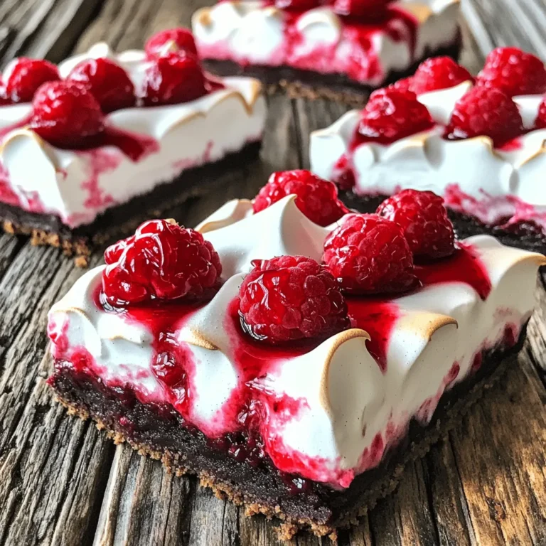 To make delicious raspberry meringue bars, gather these simple ingredients: - 1 cup all-purpose flour - 1/2 cup unsweetened cocoa powder - 1/2 cup powdered sugar - 1/2 teaspoon salt - 1/2 cup cold unsalted butter, cubed - 1/4 cup granulated sugar (for raspberry filling) - 2 cups fresh raspberries - 4 large egg whites - 1/4 teaspoon cream of tartar - 1/2 teaspoon vanilla extract - 1/4 cup granulated sugar (for meringue) For the crust, you need all-purpose flour, cocoa powder, powdered sugar, and salt. Mix these dry items well. Then, you will add cold, cubed butter to this mix. This makes a crumbly texture that forms the base of your dessert. Next, focus on the filling. Use fresh raspberries for the best flavor. You will need about 2 cups. Sweeten them with 1/4 cup of granulated sugar. This mixture will create a tasty, syrupy layer that pairs perfectly with the crust. Now, let's talk meringue. You will need 4 large egg whites and 1/4 teaspoon of cream of tartar. The cream of tartar helps stabilize the egg whites. Beat them until soft peaks form. Gradually, add another 1/4 cup of granulated sugar to create a smooth, glossy meringue. This combination of ingredients creates a delightful treat. If you want to see how to mix them all together, check out the Full Recipe! Start by preheating your oven to 350°F (175°C). This step ensures even baking. Next, take an 8x8 inch baking pan. Line it with parchment paper. Make sure the paper hangs over the edges. This helps to remove the bars easily later. In a large bowl, mix together the dry ingredients. Whisk the all-purpose flour, cocoa powder, powdered sugar, and salt until blended. Then add the cold, cubed butter. Use your fingers or a pastry cutter to blend the mix. You want it to look like coarse crumbs. Once ready, press this mixture firmly into the bottom of the prepared pan. In a medium saucepan, cook the fresh raspberries with 1/4 cup of granulated sugar. Stir gently over medium heat. After about 5 minutes, the raspberries will break down and form a syrupy mix. Remove from heat and let it cool slightly. Spread this raspberry filling over the cooled crust. In a clean bowl, beat the egg whites and cream of tartar together. Start at medium speed until soft peaks form. Gradually add the remaining 1/4 cup of granulated sugar. Increase the speed to high. Beat until you see stiff peaks and a glossy finish. Finally, mix in the vanilla extract for flavor. Evenly pour the raspberry filling over the crust. Then dollop the meringue on top. Use a spatula to spread it smoothly. Create peaks and swirls for a nice look. Bake in the oven for 15 to 20 minutes. The meringue should turn light golden when done. Cool the raspberry meringue bars in the pan. Use the parchment overhang to lift them out. Once cooled, slice into squares or bars. For serving, garnish with fresh raspberries on top for a lovely touch. You can find the full recipe above to try at home! To make the best meringue, start with clean bowls. Any grease can ruin the texture. Use fresh egg whites for the best volume. Room temperature egg whites whip up better than cold ones. Beat them until soft peaks form. Then, slowly add sugar while mixing. This helps make a glossy meringue. To prevent weeping, add cream of tartar. This stabilizes the meringue and helps it hold its shape. Avoid mixing too long, as overbeating can lead to dryness. Bake the meringue just until lightly golden. This keeps it soft inside. When picking raspberries, look for bright color and firmness. Avoid any that are mushy or have spots. Fresh raspberries are best, but frozen ones work too. If you use frozen, thaw them first and drain excess juice. You can also try other berries like blackberries or strawberries if raspberries are not available. Serve the raspberry meringue bars chilled for a refreshing treat. They pair well with a scoop of vanilla ice cream. For a fun twist, try them with a dollop of whipped cream. To make your bars look fancy, top with fresh raspberries and mint leaves. Arrange the bars on a colorful plate for a pop of color. You could even dust them lightly with powdered sugar for extra flair. For the full recipe, check the details above! {{image_4}} You can change the flavor of your meringue easily. Adding different extracts can give your bars a new twist. For example, almond or lemon extract can brighten the taste. You can even mix in a little coconut or mint for a fun surprise. Also, you don’t have to stick to raspberries. Try using strawberries, blueberries, or blackberries in your filling. Each berry brings its own unique flavor and color. This way, you can enjoy a tasty treat all year long. Want to make gluten-free Raspberry Meringue Bars? Use almond or coconut flour instead of all-purpose flour. These flours work well and keep the taste great. If you need a low-sugar option, use a sugar substitute like stevia or erythritol. Just make sure to check the conversion ratios on the package. For those who need vegan options, you can make meringue without eggs. Use aquafaba, the liquid from canned chickpeas, instead of egg whites. It whips up nicely and creates a fluffy topping. Just remember to add a bit of cream of tartar to help stabilize it. You can turn these bars into mini delights. Simply cut them into smaller squares or make tartlets using a muffin tin. These mini treats are perfect for parties or gatherings. For individual servings, think about using dessert cups. Layer the raspberry filling and meringue in clear cups. This way, everyone can see the pretty layers. Plus, it makes serving easy and fun! For the complete recipe, check out the Full Recipe. To keep your raspberry meringue bars fresh, store them in the fridge. Place them in an airtight container to prevent drying out. They will stay fresh for about three days. If you want to keep them longer, freeze them. Wrap each bar in plastic wrap, then place them in a freezer bag. In the freezer, they can last up to three months. When you're ready to enjoy your bars again, take them out of the fridge. If frozen, let them thaw in the fridge overnight. To warm them, place a bar in the microwave for about 10 seconds. This will keep the meringue soft and the filling delicious. Avoid heating for too long, or the texture may change. Check your raspberry meringue bars for any signs of spoilage. If you see mold or notice an off smell, it's best to discard them. The meringue may also lose its texture if it becomes too soft or sticky. To avoid waste, only make what you can eat within a few days. Enjoy your baking and savor each bite! For the full recipe, check the section above. Raspberry meringue bars last about three days at room temperature. Keep them in an airtight container to maintain freshness. If you store them in the fridge, they can last up to a week. However, the texture may change slightly. For the best taste, eat them fresh. Yes, you can make these bars ahead of time. Prepare the crust and raspberry filling one day before serving. Store them separately in the fridge. Make the meringue just before baking for the best results. This keeps the meringue light and fluffy. If you need a substitute for egg whites, use aquafaba. Aquafaba is the liquid from canned chickpeas. Use three tablespoons of aquafaba for each egg white. This works well for a vegan meringue. Whip it just like you would egg whites for great results! Yes, you can freeze these bars. Cut them into squares before freezing for easy serving later. Wrap each piece tightly in plastic wrap, then place them in a freezer-safe container. They can be frozen for up to three months. Thaw them in the fridge before serving. Meringue can weep due to too much moisture in the air. It can also happen if the meringue is not cooked long enough. To prevent weeping, ensure your mixing bowl is completely dry before whipping the egg whites. Bake the meringue until it's firm and lightly golden for the best texture. Raspberry Meringue Bars are a delightful treat made with simple ingredients. You learned how to create a tasty crust, a sweet raspberry filling, and a fluffy meringue. Tips helped you achieve the perfect texture and flavor. Consider variations like different fruits or dietary swaps. Store them properly to keep them fresh longer. These bars are fun to make and share. Now, gather your ingredients and enjoy baking!