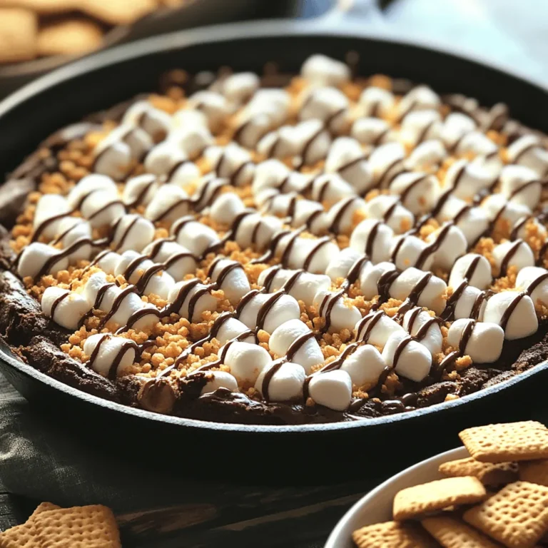 For a delicious S'mores Brownie Skillet Dip, gather the following ingredients: - 1 cup all-purpose flour - 1 cup granulated sugar - 1/2 cup unsweetened cocoa powder - 1/2 teaspoon baking powder - 1/4 teaspoon salt - 1/2 cup unsalted butter, melted - 2 large eggs - 1 teaspoon vanilla extract - 1 cup semi-sweet or dark chocolate chips - 1 cup mini marshmallows - 1/2 cup graham cracker crumbs - Extra graham crackers for serving These ingredients blend together to create a rich, chocolatey dip. The all-purpose flour and cocoa give it a brownie base. The sugar adds sweetness, while the baking powder helps it rise slightly. The melted butter keeps it rich and moist. The eggs and vanilla extract add flavor and structure. Chocolate chips provide bursts of chocolatey goodness. Mini marshmallows, when baked, become soft and gooey, adding that classic S'mores taste. Finally, the graham cracker crumbs create a crunchy topping, perfect for dipping. Use this list to prepare your dip. Following these steps ensures you get the best flavor and texture. For full details, check out the Full Recipe. - Preheat oven to 350°F (175°C). This helps the dip cook evenly. - In a large bowl, mix the dry ingredients: flour, sugar, cocoa powder, baking powder, and salt. Stir well to combine. - In another bowl, combine the wet ingredients: melted butter, eggs, and vanilla extract. Mix gently until they blend together. - Pour the wet mix into the dry mix. Stir until just combined. Do not overmix; a few lumps are okay. - Now, fold in the chocolate chips. This adds rich flavor and texture to the dip. - Grease a 10-inch cast-iron skillet or oven-safe dish. Pour the brownie batter into the skillet. Spread it evenly. - Top the batter with mini marshmallows and graham cracker crumbs. This gives the dip that classic s'mores taste. - Place the skillet in the preheated oven. Bake for 20-25 minutes. The edges should be set, and the center should be soft. The marshmallows will puff up and turn golden. - Once baked, take the skillet out of the oven. Let it cool for a few minutes. This makes it safe to eat. Enjoy this warm dip with extra graham crackers for a fun treat! To avoid overmixing the batter, mix just until the wet and dry ingredients blend. You want some lumps for that fudgy texture. Too much mixing makes the brownies tough. For the perfect marshmallow topping, add them during the last few minutes of baking. This lets them brown nicely without burning. Keep an eye on them. You want golden, not charred! The best snacks for dipping are graham crackers, of course! You can also use fruit like strawberries or bananas. They add a nice, fresh taste to the rich dip. For a great presentation, drizzle melted chocolate on top before serving. Add some colorful fruit on the side. It makes the dish look fun and inviting. {{image_4}} You can make this dessert fit your needs with some easy swaps. If you want a gluten-free option, use gluten-free flour. It works well and keeps the taste great. You can also switch the chocolate. Dark chocolate gives a rich taste, while milk chocolate is sweeter. Choose what you like best! Add more fun to your dip with flavor extras. Chopped nuts add crunch and taste. Walnuts or pecans work best. If you love sweetness, drizzle some caramel over the top. It makes the dip even more special. You can also try different extracts. Almond extract gives a nice twist. Coconut extract can add a tropical touch. Just use a little bit to taste and enjoy! To keep your S'mores Brownie Skillet Dip fresh, store it in the fridge. First, let it cool completely. Then, cover the skillet tightly with plastic wrap or transfer it to an airtight container. When stored this way, it can last for about 3 days. If you have more than you can eat, freezing is an option. Scoop the dip into a freezer-safe container. Leave a little space at the top, as it may expand. It can last up to 2 months in the freezer. Just remember to label the container with the date for easy tracking. When it's time to enjoy your leftovers, reheating is simple. You can warm it up in the oven. Preheat the oven to 350°F (175°C). Place the skillet in the oven for about 10-15 minutes. This helps keep the dip gooey and warm. You can also reheat in the microwave if you're short on time. Use a microwave-safe bowl and heat in short bursts. Stir between each burst to ensure even warming. This way, the marshmallows remain soft and fluffy, just like when it was first made. Can I make this dish ahead of time? Yes, you can prepare the batter ahead. Just store it in the fridge. Bake it right before serving for best results. What can I use if I don’t have a cast-iron skillet? You can use any oven-safe dish. A glass or ceramic baking dish works well too. Just make sure to grease it well. How can I make it less sweet? To cut back on sweetness, use less sugar or dark chocolate. You can also add a pinch of salt to balance the flavors. What is the best way to serve this dip? Serve it warm with extra graham crackers. You can also add fresh fruit like strawberries or bananas for dipping. - Check out the [Full Recipe] for detailed instructions. This blog post covers a fun and tasty s'mores brownie skillet dip. You learned how to mix the right ingredients and bake this treat perfectly. I shared tips to make it even better and suggestions for serving. With storage info, you can save leftovers too. Enjoy making this sweet dip for your next gathering! It’s easy, fun, and sure to impress. Remember that you can personalize it with your favorite flavors. Happy baking!