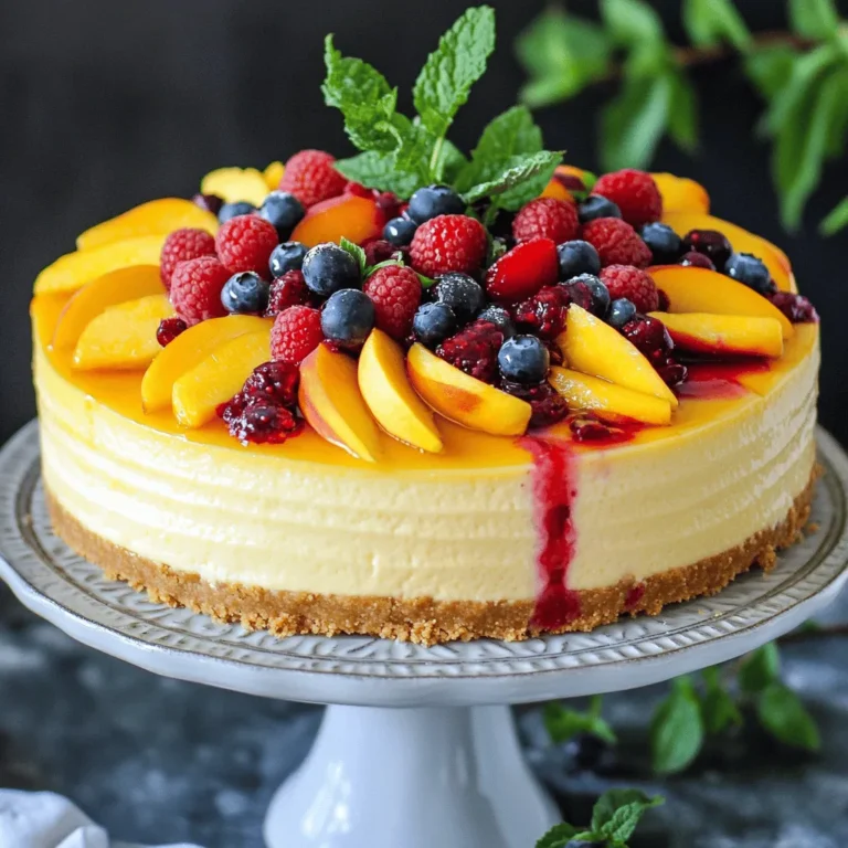 For this Summer Berry Peach Cheesecake, you will need the following ingredients: - 1 ½ cups graham cracker crumbs - ⅓ cup unsalted butter, melted - 2 tablespoons granulated sugar - 16 oz cream cheese, softened - 1 cup powdered sugar - 1 teaspoon pure vanilla extract - 2 cups heavy whipping cream - 2 ripe peaches, sliced - 1 cup mixed berries - Fresh mint leaves for garnish Each ingredient plays a key role in the taste and texture of the cheesecake. The graham cracker crumbs form a crunchy crust, while the melted butter binds them together. Sugar adds sweetness, balancing the rich cream cheese. The cream cheese and powdered sugar mix to create a smooth filling. Vanilla enhances the flavor, making it more delightful. Heavy whipping cream adds lightness, giving the cheesecake a fluffy texture. Fresh peaches and mixed berries bring vibrant color and flavor. They add freshness and a slight tartness, which contrasts with the creamy filling. Lastly, mint leaves serve as a lovely garnish, adding a pop of green to your presentation. To see how to use these ingredients, check out the Full Recipe. Start by gathering your graham cracker crumbs, melted butter, and sugar. In a medium bowl, combine the crumbs with the butter and sugar. Mix until you achieve a sandy texture. Next, press this mixture firmly into the bottom of a 9-inch springform pan. Ensure it covers the base evenly. Now, place the pan in the refrigerator to chill. This helps the crust set nicely. In a large mixing bowl, take your softened cream cheese. Beat it with an electric mixer until it is smooth and creamy. Slowly add the powdered sugar and pure vanilla extract while mixing on low speed. This step is key to avoid lumps. Mix until everything is well blended and smooth. In another bowl, whip the heavy cream until it forms stiff peaks. This means when you lift the beaters, the cream holds its shape. Next, gently fold the whipped cream into the cream cheese mixture. Use a spatula to carefully combine them. Be gentle to keep the air in the whipped cream, making your cheesecake light and fluffy. Pour half of your creamy cheesecake filling over the chilled crust. Use a spatula to smooth it out evenly. Now, arrange the peach slices on top, followed by half of the mixed berries. This adds color and flavor. Pour the rest of the cheesecake filling over the fruit and smooth it again. Finally, scatter the remaining mixed berries on top for a beautiful finish. Cover the springform pan with plastic wrap. Place it in the refrigerator to chill for 4-6 hours, or overnight if you can wait. This step is crucial as it allows the cheesecake to set properly. When the cheesecake is ready, carefully remove the sides of the springform pan. Use a sharp knife to slice the cheesecake into wedges. For a lovely touch, garnish each slice with fresh mint leaves. This not only looks great but adds a fresh flavor. Enjoy your delicious Summer Berry Peach Cheesecake! For more details, check out the Full Recipe. A great crust sets the stage for your cheesecake. Use finely crushed graham cracker crumbs for the best texture. This keeps the crust light and crisp. Make sure your melted butter is evenly distributed throughout the crumbs. This step helps to bind the crust together, so it does not crumble when you slice the cheesecake. The texture of your cheesecake matters. Soften your cream cheese at room temperature. This helps it blend smoothly with other ingredients. Mix slowly and gently to avoid lumps. Overmixing can make your cheesecake dense. Garnishing adds flair to your cheesecake. Drizzle berry sauce around the plate for a colorful touch. This sauce enhances the look and flavor. You can also add extra peach and berry toppings on top. Fresh mint leaves can make your dessert pop with color. For more ideas, check out the Full Recipe. {{image_4}} You can switch up the fruits in this cheesecake for fun. Instead of berries, try cherries or mango. They bring a sweet and juicy flavor. For a tropical twist, use bananas or kiwi. These fruits add a lovely layer of taste that complements the creamy cheesecake. You can boost the flavor with zest. Adding lemon or lime zest gives a bright and refreshing note. It makes the cheesecake taste even more vibrant. Another option is to mix in almond or coconut extract. These flavors add a unique twist that can surprise your taste buds. If you need a gluten-free option, make a crust with different crackers. You can use almond flour or gluten-free graham crackers. For those who follow a vegan diet, swap out regular cream cheese for plant-based cream cheese. This way, everyone can enjoy this treat without worry. Check out the Full Recipe for all the details! You can store the cheesecake in the fridge for up to 5 days. Make sure to keep it covered with plastic wrap to avoid drying out. This helps maintain its creamy texture and fresh taste. If you want to save some for later, freeze the slices wrapped in foil or in airtight containers. This way, they will stay fresh for up to two months. When you're ready to enjoy it, just thaw the slices in the refrigerator before serving. This method keeps the cheesecake delicious and ready to eat. For the best taste, consume the cheesecake within a week. Avoid storing it with strong-smelling foods, as it can soak up those odors and lose its own lovely flavor. Keeping it in a separate area helps preserve its freshness. Check your fridge, and enjoy this delightful treat while it’s at its best! Prep time is 30 minutes, with a total time of 6 hours including chilling. Yes, but thaw and drain excess moisture to prevent sogginess. I recommend fresh fruit for the best taste. Fresh peaches and berries shine in this dessert. Use mascarpone cheese or a non-dairy whipping cream alternative. This keeps the cheesecake creamy and delicious. You can also try coconut cream for a tasty twist. It should be firm to the touch and not jiggle in the center. This means it is ready to slice. A well-set cheesecake holds its shape nicely. Yes, it’s ideal to prepare it a day in advance for optimal flavor. This gives the flavors time to meld together. Plus, it saves time on the day of serving. You can relax and enjoy the moment! This recipe for Summer Berry Peach Cheesecake offers a delightful mix of sweet flavors. You learned how to prepare a simple graham cracker crust and a creamy filling. Layering fresh fruits adds vibrancy and taste. Remember, small tips can improve texture and presentation. You can also customize it with different fruits and flavors. Store it correctly for freshness. Enjoy your cheesecake, and share it with friends for a perfect summer treat.