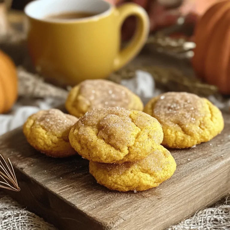 To make pumpkin spice snickerdoodles, you will need the following ingredients: - 1 cup unsalted butter, softened to room temperature - 1 cup granulated sugar - 1 cup packed light brown sugar - 1 cup pure pumpkin puree - 2 large eggs, at room temperature - 3 ½ cups all-purpose flour - 2 teaspoons cream of tartar - 1 teaspoon baking soda - 1 teaspoon baking powder - 1 teaspoon ground cinnamon - ½ teaspoon ground nutmeg - ½ teaspoon ground ginger - ¼ teaspoon ground cloves - ½ teaspoon salt - 1 tablespoon pure vanilla extract - ½ cup granulated sugar (for rolling) - 2 teaspoons ground cinnamon (for rolling) If you want to switch things up, here are some easy swaps: - Use coconut oil instead of butter for a dairy-free option. - Substitute brown sugar with coconut sugar for a deeper flavor. - If you don’t have pumpkin puree, use mashed banana or applesauce instead. - Try almond flour instead of all-purpose flour for a gluten-free version. Using high-quality ingredients makes a big difference. Here are some tips: - Choose unsalted butter for better control of saltiness in cookies. - Use pure pumpkin puree, not pumpkin pie filling, for the best taste. - Fresh spices enhance the flavor profile. Check your spice jars for freshness. - Organic sugars can add a richer flavor and better quality to your cookies. These ingredients come together to create a rich, cozy treat perfect for fall. The blend of spices and pumpkin gives each bite a warm hug. Ready to bake? Check out the full recipe for step-by-step instructions! To start, preheat your oven to 350°F (175°C). This will help the cookies bake evenly. Line your baking sheets with parchment paper. This step stops the cookies from sticking. In a large bowl, beat the softened butter, granulated sugar, and brown sugar together. Mix them on medium speed until light and fluffy. This takes about 2-3 minutes. Next, add the pumpkin puree to the mixture. Mix until well combined. Then, add the eggs one at a time, beating well after each. Finally, stir in the vanilla extract. In another bowl, mix together the flour, cream of tartar, baking soda, baking powder, salt, and spices. Whisk until there are no lumps. Slowly add this dry mixture to the wet mixture. Blend on low speed until just combined. Be careful not to overmix. This step is key for soft cookies. Now, make the rolling sugar. In a small bowl, mix ½ cup of granulated sugar with 2 teaspoons of ground cinnamon. Roll tablespoon-sized pieces of dough into balls. Then, coat each ball in the cinnamon sugar mixture. Place the dough balls on the lined baking sheets, leaving about 2 inches between them. This space allows the cookies to spread while baking. Bake for 10-12 minutes. You want the edges to turn golden brown, while the centers remain soft. After baking, let the cookies cool on the baking sheets for about 5 minutes. This time helps them set. Then, move the cookies to a wire rack to cool completely. For serving, stack the warm cookies on a rustic wooden board. Lightly dust them with extra cinnamon sugar. They pair perfectly with a cup of chai or hot chocolate. Enjoy the warm aromas as you share these tasty treats with friends and family. For the full recipe, check out the complete guide. To get soft, chewy Pumpkin Spice Snickerdoodles, follow these steps: - Use room temperature butter. It will blend well with sugars. - Don’t overmix your dough. Mix until just combined for the best texture. - Roll your dough balls tightly. This helps them hold their shape while baking. Baking time is also key. Bake until the edges are golden, but the center is soft. This gives you that perfect cookie texture. Here are some mistakes to watch out for: - Using cold butter. This can lead to a dense cookie. - Skipping the chilling time. Chilling dough helps cookies spread less. - Not measuring flour correctly. Too much flour makes cookies dry. Use the spoon and level method for measuring. Avoid these pitfalls, and you’ll have great cookies every time! Want to amp up the flavor? Here are some ideas: - Add a pinch of sea salt for balance. - Mix in chocolate chips for a sweet twist. - Use fresh spices instead of ground ones. They add a vibrant taste. Try these tips to customize your Pumpkin Spice Snickerdoodles. Each bite will be delicious! For the full recipe, check out the details above. {{image_4}} You can make these cookies gluten-free! Simply swap out all-purpose flour for a good gluten-free blend. Look for one that includes xanthan gum. This will help the cookies hold their shape. You will still enjoy the warm spices and sweet pumpkin. Trust me, they will taste just as good! Want to boost flavor and texture? Add nuts or chocolate chips! Chopped pecans or walnuts add crunch. For a sweet twist, mix in chocolate chips. Dark or white chocolate works great. Just fold them into the dough before rolling. This way, every bite will be a delight! Change up the spices for a new taste. Try adding cardamom for a floral note or allspice for warmth. Even a dash of cayenne pepper can give a fun kick! Mix and match spices to find your favorite blend. This will keep your pumpkin spice snickerdoodles fresh and exciting. You could even try a pumpkin pie spice mix for a classic touch. Explore your creativity with these variations to make the most of your pumpkin spice snickerdoodles. Enjoy the process and share your creations! If you want the full recipe, check out the section above. To store leftover pumpkin spice snickerdoodles, place them in an airtight container. This keeps them fresh and soft. You can layer parchment paper between the cookies to prevent sticking. Store the container at room temperature for up to one week. If you live in a warm area, consider refrigerating them. For longer storage, you can freeze the cookies. First, cool them completely. Then, wrap each cookie in plastic wrap. Place the wrapped cookies in a freezer-safe bag or container. They can last up to three months in the freezer. To enjoy, thaw them at room temperature or warm them in the oven. Pumpkin spice snickerdoodles last about one week at room temperature. After this, they may become dry or hard. If you see mold, or if the cookies smell off, it's best to discard them. Always check for these signs to ensure you’re enjoying your treats at their best. Yes, you can make Pumpkin Spice Snickerdoodles ahead of time. Prepare the dough and chill it. This helps the flavors blend. You can store it in the fridge for up to three days. When ready to bake, roll the dough in cinnamon sugar and bake as directed. If you don’t have pumpkin puree, you can use applesauce. It adds moisture and sweetness. You can also use sweet potato puree or butternut squash puree. Both can give a nice flavor. Make sure they are smooth and unsweetened for the best results. To make your cookies chewier, try adding more brown sugar. Brown sugar has more moisture than white sugar. You can also reduce the flour slightly. This can help keep the cookies soft. Do not overmix the dough. Overmixing can make cookies tough. You can find the full recipe for Pumpkin Spice Snickerdoodles right here. It includes all the steps and tips to make the best cookies. Just follow the link to get started on your delicious fall treats! Now you have all the tools to bake perfect Pumpkin Spice Snickerdoodles. We covered ingredients, steps, and helpful tips. Remember, using fresh spices makes a big difference. Keep an eye on texture to avoid common mistakes. You can also try fun variations, like gluten-free options or adding chocolate. Lastly, store your cookies well to keep them fresh. Enjoy baking and sharing these tasty treats!