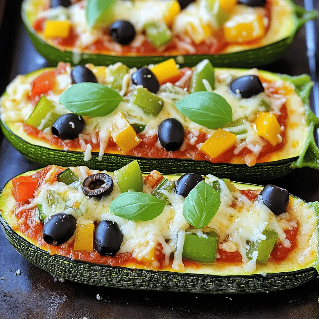 To make delicious zucchini pizza boats, you need fresh and simple items. Here are the main ingredients: - 4 medium zucchinis - 1 cup marinara sauce - 1 cup shredded mozzarella cheese - 1/2 cup assorted bell peppers, thinly sliced (red, yellow, or green) - 1/2 cup black olives, sliced - 1/2 teaspoon Italian seasoning - 1/4 teaspoon red pepper flakes (optional for heat) - Fresh basil leaves, for garnish - Salt and freshly ground pepper to taste These ingredients create a tasty base. The zucchinis become soft and hold all the flavors. You can customize your zucchini pizza boats with various add-ins. Here are some fun options: - Ground turkey or beef for added protein - Spinach or kale for more veggies - Cherry tomatoes for a fresh twist - Different cheese like feta or cheddar - Fresh herbs like oregano or thyme Adding different toppings makes each boat unique. Feel free to get creative with your choices! Zucchini pizza boats are not only tasty but also healthy. Here’s a brief look at the nutritional info per serving: - Calories: Approximately 250 - Protein: 12g - Carbohydrates: 20g - Fat: 15g - Fiber: 3g These boats pack a good mix of protein and fiber. They keep you full without too many carbs. Enjoy a guilt-free meal that the whole family loves! For the full recipe, check out the Zesty Zucchini Pizza Boats. To start, you need to prepare the zucchinis. First, wash them well. Dry them with a towel. Next, slice each zucchini in half lengthwise. Use a small spoon to scoop out the inner flesh. This creates the boat shape. Make sure to leave about 1/4 inch of the zucchini flesh. This helps the boats keep their shape while baking. After scooping, sprinkle a little salt and freshly ground pepper inside each half. This adds flavor. Now it’s time for the pizza filling. In a mixing bowl, combine 1 cup of marinara sauce with 1/2 teaspoon of Italian seasoning. If you like heat, add 1/4 teaspoon of red pepper flakes. Stir the mixture well. This helps spread the flavors. Once mixed, generously spoon the seasoned sauce into each zucchini boat. Fill them to the top for a delicious bite. Next, sprinkle 1 cup of shredded mozzarella cheese over the sauce. Add 1/2 cup of thinly sliced bell peppers and 1/2 cup of sliced black olives for extra flavor and color. Next, it's time to bake the zucchini boats. Preheat your oven to 375°F (190°C). Place the stuffed zucchini boats on a baking sheet with the cut side facing up. Bake them for 20-25 minutes. You’ll know they are done when the zucchini is tender and the cheese is melted, bubbly, and lightly golden. After baking, let them cool for a few minutes. This makes them easier to handle. Just before serving, add fresh basil leaves on top for a nice touch. These Zucchini Pizza Boats are now ready to enjoy! For the full recipe, check out the complete guide. To create perfect zucchini boats, choose firm zucchinis. Look for ones that feel heavy for their size. Slice them in half lengthwise and scoop out the insides. Leave about 1/4 inch of flesh to hold the shape. This keeps them sturdy while baking. Sprinkle a little salt and pepper inside to add flavor. Don’t skip this step; it enhances the taste! Mozzarella is the classic choice for zucchini pizza boats. Its meltiness makes it perfect. You can also mix in provolone or fontina for extra flavor. For a sharp bite, try adding some Parmesan on top. If you want a dairy-free option, use vegan cheese. Just ensure it melts well for the best results. Zucchini pizza boats are great on their own, but you can pair them with a salad. A fresh green salad adds a nice crunch. You can also serve them with garlic bread for a complete meal. For drinks, consider iced tea or sparkling water. If you want to spice things up, serve them with a side of marinara for dipping. For the full recipe, check out the earlier section. {{image_4}} You can make zucchini pizza boats vegetarian with simple swaps. Use your favorite vegetables like mushrooms, spinach, or artichokes. You can mix these with the marinara sauce for great flavor. Top the boats with extra cheese for a cheesy delight. You can also try different herbs like oregano or thyme to add more zest. Want to add some protein? You can include cooked chicken, turkey, or sausage. Just chop the meat into small pieces and mix it into your marinara sauce. This gives your pizza boats a hearty texture. You can also use beans, like black beans or chickpeas, for a plant-based protein boost. For gluten-free options, stick with the basic zucchini. The recipe is naturally gluten-free as is. If you want extra crunch, use gluten-free breadcrumbs on top. This adds a nice texture without the gluten. Always check your sauces and toppings to ensure they are gluten-free as well. For the full recipe, check out the details above. To keep your leftover zucchini pizza boats fresh, place them in an airtight container. Make sure to let them cool down first before sealing. Store them in the fridge for up to three days. This way, you can enjoy them again without losing flavor. When you’re ready to eat your leftovers, preheat your oven to 350°F (175°C). Place the zucchini boats on a baking sheet. Cover them with foil to keep them moist. Heat for about 15 minutes, or until they are warm throughout. You can also use a microwave, but the oven keeps them crispier. If you want to save your zucchini pizza boats for later, freezing is a great option. First, let them cool completely. Wrap each boat tightly in plastic wrap. Then, place them in a freezer-safe bag or container. They can last up to three months in the freezer. To reheat, follow the instructions above after thawing them overnight in the fridge. For the full recipe and step-by-step guide on making these delicious zucchini pizza boats, check out the Full Recipe section. To stop zucchini from being soggy, salt them first. After slicing and scooping, sprinkle salt inside. Let them sit for about 15 minutes. This draws out excess water. Pat them dry before adding sauce and toppings. With less moisture, your zucchini pizza boats stay firm and tasty. Yes, you can! Many veggies work well as pizza bases. Eggplant slices make great bases. Bell peppers can hold toppings nicely too. Portobello mushrooms are fun for mini pizzas. You can even use sweet potatoes for a twist. Each option adds its own flavor and texture. Zucchini pizza boats pair well with many sides. Here are a few quick ideas: - Simple salad: Toss greens with olive oil and lemon. - Garlic bread: Toast slices of bread with garlic butter. - Steamed veggies: Broccoli or green beans add color and nutrients. - Fruit platter: Fresh fruit like berries or melon is refreshing. These sides are easy and complement the main dish nicely. For the full recipe, check the earlier section. Zucchini pizza boats are a tasty and healthy dish. We covered how to make them, from ingredients to cooking. You can customize toppings or choose gluten-free options too. Finding the right cheese improves flavor and texture. Store leftovers properly for easy meals later. With all these tips, you can make perfect zucchini boats every time. Dive into this fun twist on pizza, and enjoy experimenting with flavors and textures!