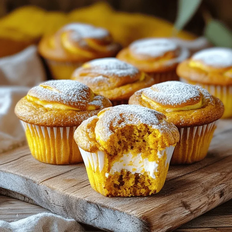 - 1 ½ cups all-purpose flour - ½ teaspoon baking soda - 1 teaspoon baking powder - ½ teaspoon salt - 1 teaspoon ground cinnamon - ½ teaspoon ground nutmeg - ¼ teaspoon ground ginger - ¾ cup granulated sugar - ½ cup packed brown sugar - ½ cup vegetable oil - 2 large eggs - 1 cup canned pumpkin puree - 1 teaspoon vanilla extract - 8 oz cream cheese, softened - ¼ cup powdered sugar - 1 teaspoon vanilla extract The right mix of ingredients makes these pumpkin cream cheese muffins a fall treat. First, we start with dry ingredients. Flour gives structure while baking soda and baking powder help them rise. The spices—cinnamon, nutmeg, and ginger—bring warmth and flavor that says autumn. Next, we have the wet ingredients. Granulated and brown sugar add sweetness and moisture. Vegetable oil keeps them soft. Eggs bind everything together, and pumpkin puree adds that cozy fall flavor. Don't forget the vanilla extract for a hint of sweetness. Lastly, we make the cream cheese filling. Softened cream cheese mixes with powdered sugar and more vanilla. This mix adds a creamy surprise inside each muffin. For the full recipe, just follow the steps, and you'll have delicious muffins ready in no time. - Preheat the oven to 350°F (175°C). - Line the muffin tin or grease cups. Start by preheating your oven. This ensures even baking. While the oven heats, prepare your muffin tin. You can use paper liners or grease the cups. This helps the muffins come out easily. - Combine cream cheese, powdered sugar, and vanilla until smooth. In a bowl, mix the softened cream cheese with the powdered sugar. Add a teaspoon of vanilla extract for flavor. Use a mixer or a whisk to blend until smooth. This filling adds creaminess to each bite. - Whisk together dry ingredients. - Combine wet ingredients separately. - Fold wet into dry ingredients. In a large bowl, whisk the flour, baking soda, baking powder, salt, and spices. This mix gives the muffins flavor. In another bowl, combine the sugars, oil, and eggs. Mix well, then add pumpkin and vanilla. Pour the wet mix into the dry ingredients. Stir gently until just combined. It’s okay if it’s a bit lumpy; don’t over-mix. - Fill muffin cups with batter and cream cheese filling. - Layer with remaining batter. Using a spoon, fill each muffin cup halfway with batter. Add a dollop of cream cheese filling on top. Then, cover the filling with more batter until the cups are two-thirds full. This layers the flavors nicely. - Bake muffins and check doneness. - Let muffins cool in tin before transferring. Place the muffin tin in the oven. Bake for 20 to 25 minutes. To check if they are done, insert a toothpick in the center. If it comes out clean, they are ready. Once baked, let the muffins cool in the tin for about 5 minutes. Then, move them to a wire rack to cool completely. If you want the full recipe, check out the provided details. - Avoid over-mixing the batter: Over-mixing makes muffins tough. Stir gently until just combined. - Check for doneness with a toothpick: Stick a toothpick in the center. If it comes out clean, your muffins are ready. - Dust with powdered sugar: This adds a sweet touch and makes them look pretty. - Top with whipped cream cheese: A swirl of cream cheese makes them extra special. - Add chocolate chips or nuts for extra texture: They add a delightful crunch. You can use walnuts or pecans for a nutty flavor. - Experiment with spices for unique flavors: Try adding cardamom or allspice for a twist. You can mix and match to find your favorite blend. These tips will help you create the best pumpkin cream cheese muffins ever! To find specific measurements and a complete guide, check the Full Recipe. {{image_4}} You can make these muffins gluten-free! Use a gluten-free flour blend instead of all-purpose flour. Look for one that has xanthan gum to help with texture. Also, swap baking powder with gluten-free baking powder. This keeps your muffins light and fluffy. Want a vegan version? Replace the eggs with flaxseed meal. Mix one tablespoon of flaxseed meal with three tablespoons of water. Let it sit for a few minutes until it thickens. For the cream cheese, use vegan cream cheese options available in stores. This keeps the rich taste without any animal products. Add cranberries or walnuts for a fun twist! Fold in one cup of fresh or dried cranberries. They add a nice tart flavor. If you like nuts, mix in half a cup of chopped walnuts. They give a great crunch and make your muffins even better. For the full recipe, check out the complete instructions above. To keep your pumpkin cream cheese muffins fresh, store them in airtight containers. This will help them stay moist and flavorful. You can keep them at room temperature for up to three days. For longer storage, refrigerate them for about a week. If you want to save them for later, freezing is a great option. Place the muffins in freezer-safe bags or containers. They can last for up to three months in the freezer. Just remember to label them with the date, so you know when they were frozen. When you're ready to enjoy your muffins again, reheating them is easy. The best method is to use the oven. Preheat it to 350°F (175°C). Place the muffins on a baking sheet and heat them for about 10 minutes. This helps maintain their soft texture. If you're in a hurry, you can microwave them for about 15 to 20 seconds. Just be careful not to overheat them, or they may become dry. Enjoy your pumpkins muffins warm for the best taste! For the full recipe, check out the details above. Yes, you can make these muffins ahead of time. To do this, bake them and let them cool completely. Then, store them in an airtight container. You can also freeze the muffins for longer storage. Wrap each muffin in plastic wrap, then place them in a freezer bag. When you want to enjoy them, thaw them overnight in the fridge or microwave them for a few seconds. Look for a few signs to tell if your muffins are done. Besides the toothpick test, check if the tops are golden brown and feel firm to the touch. The muffins should spring back when gently pressed. If they sink in the middle, they need more time. Yes, you can use fresh pumpkin. To do this, start with a sugar pumpkin. Cut it, remove the seeds, and roast it until soft. Then, scoop out the flesh and mash it. Measure out one cup for the recipe. Fresh pumpkin has a slightly different flavor, so adjust spices to your taste. These muffins can last up to a week at room temperature. Keep them in an airtight container to maintain freshness. If you need to store them longer, they can go in the freezer for up to three months. Just thaw and enjoy whenever you like. This guide covered all you need to bake delicious muffins. We explored the important ingredients, like flour, sugar, eggs, and spices. We detailed the steps for mixing and baking, plus tips for great results. You learned how to make a creamy filling and variations to suit your taste. Lastly, we discussed storing and reheating your muffins. Now, you’re set to impress with homemade treats. Enjoy making and sharing these tasty delights!