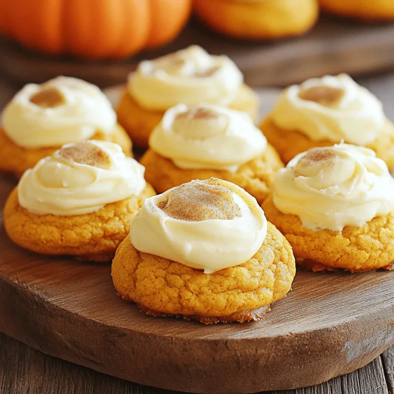 - 2 cups all-purpose flour - 1 teaspoon baking soda - 1 teaspoon baking powder - 1 teaspoon ground cinnamon - 1 teaspoon ground nutmeg - ½ teaspoon salt - ½ cup unsalted butter, softened - 1 cup brown sugar, packed - ½ cup granulated sugar - 1 large egg - 1 cup pure pumpkin puree - 1 teaspoon vanilla extract - 8 oz cream cheese, softened - ½ cup unsalted butter, softened - 3 cups powdered sugar, sifted - 1 teaspoon vanilla extract - A pinch of salt When I make soft pumpkin cookies, I start by gathering my dry ingredients. I use flour, baking soda, baking powder, cinnamon, nutmeg, and salt. These create the perfect base for the cookies. Next, I focus on the wet ingredients. I mix softened butter, brown sugar, and granulated sugar until they are light and fluffy. Then, I add a large egg, pumpkin puree, and vanilla extract. This mixture gives the cookies their rich flavor and soft texture. For the cream cheese frosting, I whip up softened cream cheese and butter until smooth. I slowly add powdered sugar and finish with vanilla and salt. This frosting adds a sweet touch to the cookies. Remember to check out the Full Recipe for precise measurements and steps. Each ingredient plays a vital role in making these cookies a delight you won’t forget! - Preheat your oven to 350°F (175°C). Line two baking sheets with parchment paper. This helps cookies bake evenly and makes cleanup easy. - In a medium bowl, whisk together 2 cups of flour, 1 teaspoon of baking soda, 1 teaspoon of baking powder, 1 teaspoon of ground cinnamon, 1 teaspoon of ground nutmeg, and ½ teaspoon of salt. Set this mixture aside for later. - In a large bowl, cream together ½ cup of softened butter, 1 cup of brown sugar, and ½ cup of granulated sugar. Beat this for 2-3 minutes until it is light and fluffy. - Add 1 large egg, 1 cup of pumpkin puree, and 1 teaspoon of vanilla extract to the butter-sugar mix. Mix thoroughly until everything is well combined. - Carefully fold in the dry ingredients. Use a spatula or wooden spoon to mix just until combined. Do not overmix, as this will help keep your cookies soft. - Use a cookie scoop or tablespoon to drop rounded balls of dough onto the prepared baking sheets. Space them about 2 inches apart. - Place the baking sheets in the oven. Bake the cookies for 12-15 minutes. They should feel set at the edges but look a bit underbaked in the center. - After baking, let the cookies cool on the sheet for 5 minutes. Then, transfer them to a wire rack to cool completely. To make soft pumpkin cookies, do not overmix your dough. Overmixing can lead to tough cookies. Mix the wet and dry ingredients just until they come together. This keeps the cookies soft and tender. For the right dough consistency, it should be thick but sticky. If it feels too dry, add a touch more pumpkin puree. If it seems too wet, sprinkle in a bit of flour. Use a cookie scoop for even shapes, which helps them bake nicely. To get the perfect cream cheese frosting, start with softened cream cheese and butter. Beat them together until smooth. Then, slowly add the sifted powdered sugar. This method helps avoid lumps. For extra flavor, you can add spices like cinnamon or vanilla. To make the frosting smoother, use a splash of milk or cream. This helps it glide on the cookies without clumping. When serving your cookies, arrange them on a colorful platter. This adds a fun touch to any gathering. You can lightly dust the tops with cinnamon or nutmeg for added flair. For gifting, use decorative cookie boxes or bags. Wrap them up nicely with ribbon or twine. This makes your soft pumpkin cookies with cream cheese frosting delightful gifts for family and friends. For the full recipe, check out the details above. {{image_4}} You can make your soft pumpkin cookies even more fun. Adding chocolate chips or nuts gives them a nice crunch. Try using semi-sweet or dark chocolate chips. Nuts like walnuts or pecans add a lovely texture as well. You can also change the spices. Try ginger or allspice for a different taste. Vanilla extract can be swapped for almond extract to bring a new twist. If you need gluten-free cookies, it’s easy to switch the flour. Use almond flour or a gluten-free blend instead. Make sure the blend has xanthan gum for the best texture. You may also need to adjust the liquids a bit. This will help keep the dough from being too dry. Always check the labels to ensure all ingredients are gluten-free. Want a vegan option? You can replace butter with coconut oil or vegan butter. For the egg, use a flax egg or applesauce. A flax egg is made by mixing one tablespoon of ground flaxseed with three tablespoons of water. For frosting, use non-dairy cream cheese. These swaps keep the cookies soft and tasty while being plant-based. For the full recipe, visit the section above to get started on these delightful treats! To keep your soft pumpkin cookies fresh, store them in an airtight container. You can layer parchment paper between the cookies to prevent sticking. This simple step keeps them soft and tasty. They can stay fresh for about one week at room temperature. For longer storage, place them in the fridge, where they can last up to two weeks. If you have leftover cream cheese frosting, store it in a sealed container in the fridge. It stays fresh for about one week. To save time, you can make the frosting ahead of time. Just keep it in the fridge until you are ready to frost your cookies. Before using, let it sit at room temperature for a bit to soften. You can freeze the dough or the baked cookies. If you freeze the dough, scoop it into balls and place them on a baking sheet. Freeze until solid, then transfer the dough balls to a zip-top bag. They can stay frozen for up to three months. When you are ready to bake, just add a few extra minutes to the baking time. If you freeze baked cookies, let them cool completely. Place them in a single layer in an airtight container or zip-top bag. They can be stored like this for up to three months. Thaw them at room temperature when you want to enjoy a cookie. If you like, pop them in the oven for a few minutes to warm them up. For the full recipe, check back to the beginning of the article. Enjoy your cookies! To make your pumpkin cookies soft, you want to focus on a few key steps: - Don't overmix: Mix just until the dough comes together. Overmixing can make cookies tough. - Use brown sugar: This adds moisture and keeps your cookies soft. - Add an extra egg yolk: This can help create a richer and softer texture. - Bake until just set: Remove them from the oven when the edges are firm but the center looks soft. They will continue to cook as they cool. These tips will help you achieve a delightful, soft bite in every cookie. Yes, you can use fresh pumpkin! Here’s how they compare: - Flavor: Fresh pumpkin tends to have a brighter and more vibrant taste. Canned pumpkin often has a deeper, sweeter flavor. - Texture: Fresh pumpkin can be more watery, so you may need to cook it down to remove excess moisture. Canned pumpkin is ready to use. - Convenience: Canned pumpkin is quicker and easier. Fresh pumpkin requires some prep time. Both options work well, but your choice will affect the final taste and texture of your cookies. Frosting your cookies can be fun and creative! Here are a few tips: - Use a piping bag: This allows for a neat and pretty finish. You can create fun designs or swirls. - Spread with a spatula: For a more rustic look, simply spread the frosting on with a spatula. - Chill the frosting: If it’s too soft, chill it for a bit to make it easier to spread. - Add toppings: Consider sprinkling some cinnamon or nuts on top for extra flair. Frost your cookies once they are completely cool for the best results. You can find the full recipe for these soft pumpkin cookies with cream cheese frosting in the recipe section. This blog covered all the steps to make delicious pumpkin cookies. We included the key ingredients, detailed instructions, and helpful tips. You learned how to create soft cookies and make a tasty cream cheese frosting. We also explored flavor variations and storage methods. In the end, baking is fun and allows for creativity. Enjoy the process, and don’t hesitate to share your results! Happy baking!