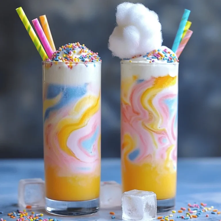 To make the Cotton Candy Ice Drink, gather these items: - 2 cups cotton candy (mix of colors for visual appeal) - 1 cup milk (or a dairy-free option like almond milk) - 1/2 cup whipped cream (for topping) - 1 tablespoon vanilla extract - 1 cup ice cubes - Rainbow sprinkles (for a fun garnish) - Optional: Food coloring (to enhance the drink's vibrancy) You can swap ingredients based on your taste or needs: - Use coconut milk instead of almond milk for a tropical twist. - Use heavy cream instead of whipped cream for a richer topping. - Try flavored extracts like almond or hazelnut in place of vanilla for a unique taste. The Cotton Candy Ice Drink can change with the seasons: - In summer, add fresh fruit like strawberries or blueberries for a fruity kick. - In fall, mix in pumpkin spice for a cozy, seasonal flavor. - During winter, use peppermint extract to create a festive treat. This drink is all about fun and creativity! Explore different colors and flavors to make it your own. Start by tearing the cotton candy into small pieces. You need about 2 cups. Mix different colors for a bright look. This makes your drink fun and playful. The fluffy texture adds to the drink's charm. In a blender, combine the torn cotton candy, milk, and vanilla extract. If you want, add a few drops of food coloring for extra brightness. Blend on high speed until the cotton candy fully dissolves. The result should be a sweet and colorful mix. Next, add the ice cubes and blend again. This will make the drink smooth and frothy, just like a creamy milkshake. Pour the vibrant drink into tall glasses. Top each glass with a generous swirl of whipped cream. Then, sprinkle rainbow sprinkles on top for a fun finish. For a cute touch, place a small piece of cotton candy on the whipped cream. You can also use it as a stirrer. This adds to the cotton candy fun! Enjoy your Cotton Candy Ice Drink! For the full recipe, check the recipe section. To boost the flavor of your cotton candy ice drink, try using flavored milk. Strawberry or chocolate milk can add a fun twist. You can also mix in some fruit puree. This adds a fresh taste. For a richer flavor, use heavy cream instead of regular milk. It will make your drink extra creamy. Make your drink look amazing. Use tall, clear glasses to show off those bright colors. Add colorful straws for extra flair. You can sprinkle some edible glitter on top. This adds a magical touch. Don’t forget to put a small piece of cotton candy on the whipped cream. It makes the drink more fun! If you have extra cotton candy, don’t waste it! You can use it in other treats. Try adding it to cupcakes or cookies for a sweet surprise. You can even mix it into yogurt or ice cream. This keeps your cotton candy fun and tasty for longer. For the full recipe, check out the Cotton Candy Ice Drink section above! {{image_4}} You can mix things up with flavor combinations for your Cotton Candy Ice Drink. Try using flavored milk, like strawberry or chocolate. This gives a unique twist. You can also add fruit purees, like berry or mango, for a fresh touch. To bring in some zing, a splash of lemon or lime juice works wonders. Each mix creates a new taste adventure! If you want a healthier version, use low-fat milk or a nut milk. This keeps it light yet creamy. For those who avoid sugar, sugar-free cotton candy is a great choice. You can also use natural sweeteners like honey or agave syrup. These swaps make the drink fit many diets without losing fun. This drink fits perfectly into many kids’ party themes. For a circus theme, serve it with popcorn and colorful balloons. A rainbow theme is also fun—use different colored cotton candy. You can even make it a DIY drink station. Let kids mix their own flavors and toppings. This adds excitement and creativity to the party. For more tips, check out the Full Recipe. If you have leftover cotton candy, store it in a cool, dry place. Keep it in an airtight container. This helps it stay fluffy and fresh. Avoid moisture, as it can make cotton candy sticky and hard. You can store the Cotton Candy Ice Drink in the refrigerator. Use a sealed container to keep it chilled. Drink it within one day for the best taste. The whipped cream may lose its texture, so add fresh cream before serving. You can get creative with leftover ingredients! Use extra cotton candy to top cupcakes or ice cream. The milk can be added to smoothies or cereal. Whipped cream is great on pies or hot cocoa. This way, nothing goes to waste! To make a sugar-free version, skip the cotton candy. Use sugar-free syrup instead. Choose a flavor you like, such as vanilla or raspberry. Blend this syrup with your milk and ice. You'll still enjoy a sweet drink without the sugar. You can find cotton candy at many stores. Look in candy shops, grocery stores, or fairs. Some online shops also sell it. Choose a mix of colors for a fun look in your drink. Yes, you can make it vegan! Use almond milk or any other non-dairy milk. Ensure your cotton candy is vegan, as some brands may use animal products. This way, you can enjoy a delicious vegan treat. You can get creative with toppings! Try chopped nuts, chocolate sauce, or fruit. Use mini marshmallows or even flavored whipped cream. Each topping adds a new taste and fun look to your cotton candy ice drink. To get the best texture, blend well. Ensure the cotton candy dissolves fully in the milk. Add ice last and blend until smooth. This gives you a creamy, frothy drink. For extra fun, serve it with colorful straws! You now know how to make a fun cotton candy drink. We explored the ingredients, substitutions, and seasonal choices. I shared easy steps for preparation, blending, and serving. You learned tips to enhance flavor and keep your drink fresh. We also talked about fun variations and storage ideas. Each step adds joy to your drink-making. Remember, you can get creative with flavors and themes. Enjoy making your cotton candy drinks and share them with others!