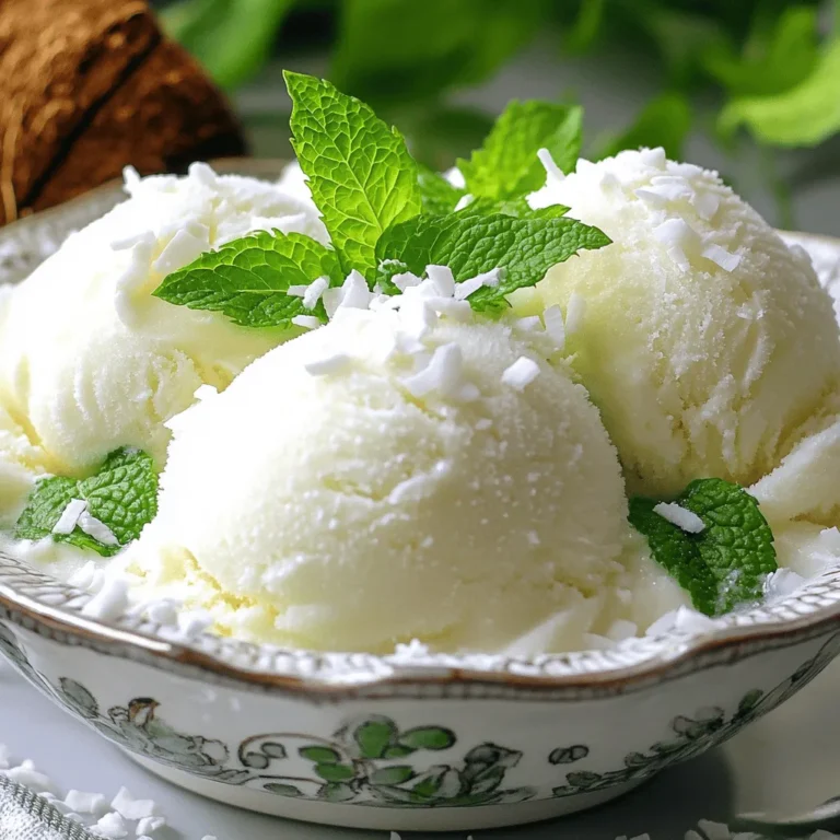 To make a great coconut sorbet, you need a few simple ingredients. Here’s what you will need: - 1 can full-fat coconut milk - 1 cup coconut water - ½ cup sugar - 1 teaspoon vanilla extract - 2 tablespoons lime juice - Pinch of sea salt - Optional: Fresh mint leaves for garnish Each ingredient plays a key role. The full-fat coconut milk gives your sorbet a rich and creamy texture. Coconut water adds a refreshing taste and lightness. Sugar sweetens the mix, but you can adjust it if you like it less sweet. Vanilla extract enhances the flavor, while lime juice adds a zesty kick. The sea salt balances the sweetness and brings out the flavors. If you want, add fresh mint leaves for a touch of color and flavor. For the full recipe, follow the step-by-step instructions that will guide you through the process. This coconut sorbet is a delight during summer, and it’s so easy to make! - Combine coconut milk, coconut water, and sugar in a bowl. - Add vanilla extract, lime juice, and a pinch of sea salt. - Blend the mixture until smooth and frothy. This step is key to getting the right texture. Mixing these ingredients creates a lovely base for your sorbet. The coconut milk gives it creaminess while the coconut water adds a refreshing touch. The sugar balances the flavors and helps with the sweetness. - Using an ice cream maker: Pour the blended mixture into your ice cream maker. Follow the machine’s instructions. Churn for about 20-25 minutes. It should become creamy and fluffy. - No ice cream maker method: Pour the mixture into a shallow dish. Place it in the freezer. Every 30 minutes, stir it well with a fork. This helps break up ice crystals. Keep this up for about 3-4 hours. Both methods work great. The ice cream maker gives a smoother sorbet. The fork method takes longer but is just as tasty. - Scoop the sorbet into bowls and garnish with fresh mint. - For a nice touch, add a wedge of lime on the side. Serving it in chilled bowls makes it look fancy. The mint adds a pop of color and flavor. You can enjoy it right away or save it for later. For the full recipe, check out the Coconut Bliss Sorbet section. To make great coconut sorbet, start by adjusting the sweetness. Taste the mixture before you freeze it. If you like it sweeter, add more sugar. Remember, the final flavor will be less sweet once frozen. Next, ensure a smooth texture. Blend the coconut milk and water well. A blender works best for this task. If you notice lumps, blend longer until smooth. This step is key for a creamy sorbet. One common mistake is letting ice crystals form. To prevent this, stir the mixture every 30 minutes while it freezes. Use a fork to break up any ice that forms. This keeps your sorbet soft and easy to scoop. If you use an ice cream maker, follow the manufacturer's instructions closely. Churn for the right amount of time. Over or under-churning can ruin the texture. To boost the flavor, try adding spices. A pinch of cinnamon or nutmeg can make a big difference. Just a little can enhance the coconut taste without overpowering it. You can also experiment with fruit purees. Try blending in mango, pineapple, or even a splash of lime. This gives your sorbet a fresh twist. Mix it in just before freezing for a delightful surprise in every bite. For the Full Recipe, refer back to the ingredients and instructions laid out above. {{image_4}} You can make coconut sorbet even more fun by adding fruit. Try mixing in mango or pineapple. These fruits bring a sweet and tangy flavor. You can also infuse your sorbet with fresh herbs. Basil or lemongrass adds a unique twist. Just add these ingredients while blending for a fresh taste. If you want a richer texture, use coconut cream instead of coconut milk. This change makes your sorbet creamier. You can also explore different dairy substitutes. Almond or cashew milk can add new flavors while keeping it dairy-free. Get creative with how you serve coconut sorbet. Try making coconut sorbet floats by adding sparkling water. This bubbly drink is refreshing and fun. You can also layer sorbet with cake for a beautiful dessert. Place a scoop of sorbet on top of sponge cake or brownies. Each bite will be a delightful mix of flavors. For the complete recipe, check out the Full Recipe section. To keep your coconut sorbet fresh, use airtight containers. Glass or plastic containers work well. Make sure the container is clean and dry before adding the sorbet. Store it in the back of your freezer, where it stays cold and stable. The ideal temperature to maintain the right texture is at or below 0°F (-18°C). This keeps your sorbet creamy and prevents it from turning icy. Coconut sorbet lasts about 1 to 2 weeks in the freezer. After that, it may lose flavor and texture. If you need to refreeze it, do so carefully. Let it sit at room temperature for a few minutes before scooping. This helps prevent ice crystals. When you refreeze, try to stir it well to keep it smooth. Aim to consume it within a few days after refreezing for the best taste. Watch for changes in color and texture. If the sorbet looks discolored or has ice crystals on top, it may not be good. A hard or grainy texture is also a sign of spoilage. If it smells off or has an unusual taste, it's best to throw it away. Enjoy your coconut bliss sorbet while it's fresh for the best experience! Coconut sorbet is dairy-free and made with coconut milk and water. It feels light and refreshing. Coconut ice cream contains dairy and is creamier. It has a richer texture and taste. Sorbet is a great choice for those who want a lighter dessert. Yes, you can use light coconut milk. However, it may change the texture of the sorbet. Full-fat coconut milk gives a richer taste and creamier texture. Light coconut milk can still work but may result in a less creamy sorbet. To make coconut sorbet without an ice cream maker, pour the mixture into a shallow dish. Place it in the freezer. Every 30 minutes, stir the mixture with a fork to break up ice crystals. Repeat this for about 3-4 hours. This method gives you smooth and delicious sorbet. Coconut sorbet can be a healthy dessert choice. It has fewer calories than ice cream. It is also dairy-free, making it good for those with lactose issues. However, it does contain sugar, so enjoy it in moderation. Absolutely! You can adjust the sweetness to match your taste. Start with the ½ cup of sugar, then add more if you want it sweeter. Taste the mixture before freezing to find your perfect level of sweetness. Coconut sorbet pairs well with many flavors. Try serving it with fresh tropical fruits like mango or pineapple. It also goes great with berries for a nice contrast. You can even add a splash of rum for a fun adult twist. For a light meal, serve it alongside a salad or grilled fish. Coconut sorbet is a simple and tasty treat. We covered its key ingredients and how to make it. You learned the best tips and tricks to avoid common mistakes. Plus, variations and storage info to enhance your sorbet skills. In short, making coconut sorbet can be fun and rewarding. Enjoy experimenting with flavors and impress friends. Share your creations and savor every bite.