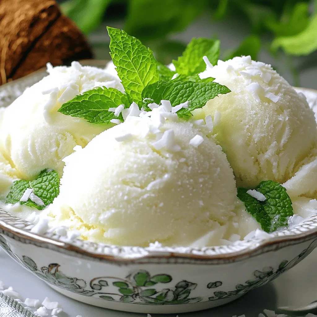 To make a great coconut sorbet, you need a few simple ingredients. Here’s what you will need: - 1 can full-fat coconut milk - 1 cup coconut water - ½ cup sugar - 1 teaspoon vanilla extract - 2 tablespoons lime juice - Pinch of sea salt - Optional: Fresh mint leaves for garnish Each ingredient plays a key role. The full-fat coconut milk gives your sorbet a rich and creamy texture. Coconut water adds a refreshing taste and lightness. Sugar sweetens the mix, but you can adjust it if you like it less sweet. Vanilla extract enhances the flavor, while lime juice adds a zesty kick. The sea salt balances the sweetness and brings out the flavors. If you want, add fresh mint leaves for a touch of color and flavor. For the full recipe, follow the step-by-step instructions that will guide you through the process. This coconut sorbet is a delight during summer, and it’s so easy to make! - Combine coconut milk, coconut water, and sugar in a bowl. - Add vanilla extract, lime juice, and a pinch of sea salt. - Blend the mixture until smooth and frothy. This step is key to getting the right texture. Mixing these ingredients creates a lovely base for your sorbet. The coconut milk gives it creaminess while the coconut water adds a refreshing touch. The sugar balances the flavors and helps with the sweetness. - Using an ice cream maker: Pour the blended mixture into your ice cream maker. Follow the machine’s instructions. Churn for about 20-25 minutes. It should become creamy and fluffy. - No ice cream maker method: Pour the mixture into a shallow dish. Place it in the freezer. Every 30 minutes, stir it well with a fork. This helps break up ice crystals. Keep this up for about 3-4 hours. Both methods work great. The ice cream maker gives a smoother sorbet. The fork method takes longer but is just as tasty. - Scoop the sorbet into bowls and garnish with fresh mint. - For a nice touch, add a wedge of lime on the side. Serving it in chilled bowls makes it look fancy. The mint adds a pop of color and flavor. You can enjoy it right away or save it for later. For the full recipe, check out the Coconut Bliss Sorbet section. To make great coconut sorbet, start by adjusting the sweetness. Taste the mixture before you freeze it. If you like it sweeter, add more sugar. Remember, the final flavor will be less sweet once frozen. Next, ensure a smooth texture. Blend the coconut milk and water well. A blender works best for this task. If you notice lumps, blend longer until smooth. This step is key for a creamy sorbet. One common mistake is letting ice crystals form. To prevent this, stir the mixture every 30 minutes while it freezes. Use a fork to break up any ice that forms. This keeps your sorbet soft and easy to scoop. If you use an ice cream maker, follow the manufacturer's instructions closely. Churn for the right amount of time. Over or under-churning can ruin the texture. To boost the flavor, try adding spices. A pinch of cinnamon or nutmeg can make a big difference. Just a little can enhance the coconut taste without overpowering it. You can also experiment with fruit purees. Try blending in mango, pineapple, or even a splash of lime. This gives your sorbet a fresh twist. Mix it in just before freezing for a delightful surprise in every bite. For the Full Recipe, refer back to the ingredients and instructions laid out above. {{image_4}} You can make coconut sorbet even more fun by adding fruit. Try mixing in mango or pineapple. These fruits bring a sweet and tangy flavor. You can also infuse your sorbet with fresh herbs. Basil or lemongrass adds a unique twist. Just add these ingredients while blending for a fresh taste. If you want a richer texture, use coconut cream instead of coconut milk. This change makes your sorbet creamier. You can also explore different dairy substitutes. Almond or cashew milk can add new flavors while keeping it dairy-free. Get creative with how you serve coconut sorbet. Try making coconut sorbet floats by adding sparkling water. This bubbly drink is refreshing and fun. You can also layer sorbet with cake for a beautiful dessert. Place a scoop of sorbet on top of sponge cake or brownies. Each bite will be a delightful mix of flavors. For the complete recipe, check out the Full Recipe section. To keep your coconut sorbet fresh, use airtight containers. Glass or plastic containers work well. Make sure the container is clean and dry before adding the sorbet. Store it in the back of your freezer, where it stays cold and stable. The ideal temperature to maintain the right texture is at or below 0°F (-18°C). This keeps your sorbet creamy and prevents it from turning icy. Coconut sorbet lasts about 1 to 2 weeks in the freezer. After that, it may lose flavor and texture. If you need to refreeze it, do so carefully. Let it sit at room temperature for a few minutes before scooping. This helps prevent ice crystals. When you refreeze, try to stir it well to keep it smooth. Aim to consume it within a few days after refreezing for the best taste. Watch for changes in color and texture. If the sorbet looks discolored or has ice crystals on top, it may not be good. A hard or grainy texture is also a sign of spoilage. If it smells off or has an unusual taste, it's best to throw it away. Enjoy your coconut bliss sorbet while it's fresh for the best experience! Coconut sorbet is dairy-free and made with coconut milk and water. It feels light and refreshing. Coconut ice cream contains dairy and is creamier. It has a richer texture and taste. Sorbet is a great choice for those who want a lighter dessert. Yes, you can use light coconut milk. However, it may change the texture of the sorbet. Full-fat coconut milk gives a richer taste and creamier texture. Light coconut milk can still work but may result in a less creamy sorbet. To make coconut sorbet without an ice cream maker, pour the mixture into a shallow dish. Place it in the freezer. Every 30 minutes, stir the mixture with a fork to break up ice crystals. Repeat this for about 3-4 hours. This method gives you smooth and delicious sorbet. Coconut sorbet can be a healthy dessert choice. It has fewer calories than ice cream. It is also dairy-free, making it good for those with lactose issues. However, it does contain sugar, so enjoy it in moderation. Absolutely! You can adjust the sweetness to match your taste. Start with the ½ cup of sugar, then add more if you want it sweeter. Taste the mixture before freezing to find your perfect level of sweetness. Coconut sorbet pairs well with many flavors. Try serving it with fresh tropical fruits like mango or pineapple. It also goes great with berries for a nice contrast. You can even add a splash of rum for a fun adult twist. For a light meal, serve it alongside a salad or grilled fish. Coconut sorbet is a simple and tasty treat. We covered its key ingredients and how to make it. You learned the best tips and tricks to avoid common mistakes. Plus, variations and storage info to enhance your sorbet skills. In short, making coconut sorbet can be fun and rewarding. Enjoy experimenting with flavors and impress friends. Share your creations and savor every bite.