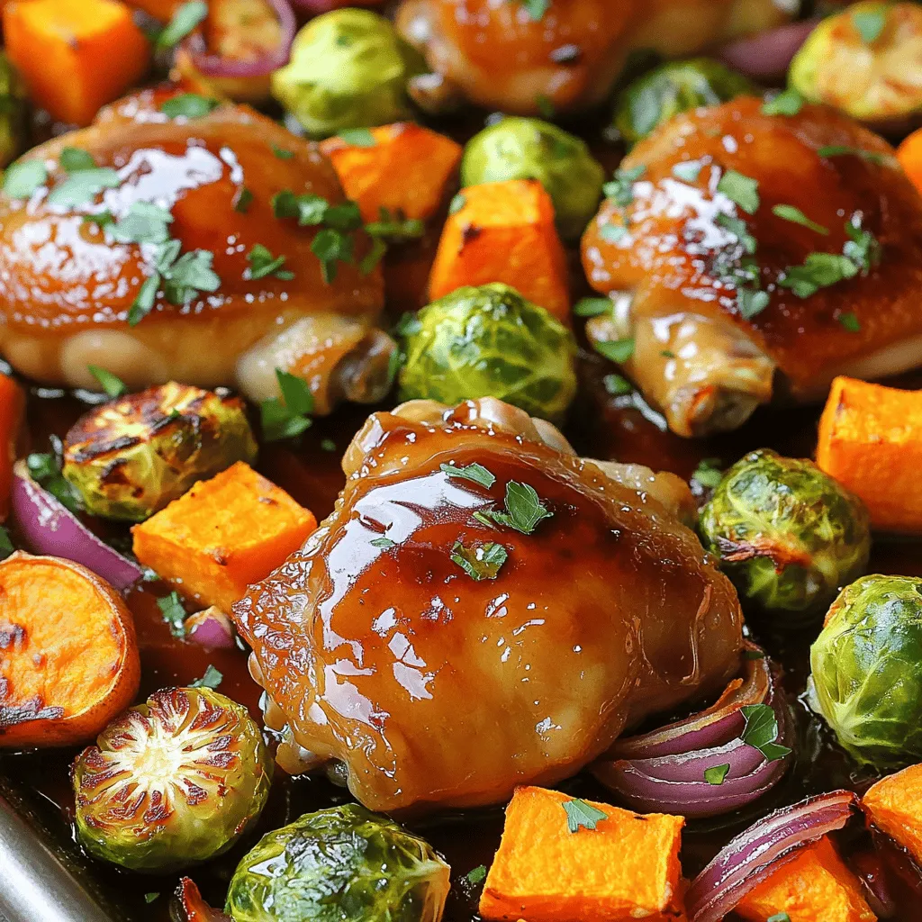 To make One Pan Harvest Chicken and Maple Veggies, gather these key ingredients: - 4 boneless, skinless chicken thighs - 1 large sweet potato, peeled and diced into 1-inch cubes - 2 cups Brussels sprouts, halved - 2 medium carrots, sliced into rounds - 1 large red onion, cut into wedges - 1/4 cup pure maple syrup These ingredients create a colorful and flavorful dish. The chicken provides protein, while the veggies add texture and sweetness. For the delicious marinade, you will need: - 2 tablespoons extra virgin olive oil - 1 teaspoon garlic powder - 1 teaspoon smoked paprika - 1 teaspoon dried thyme - Salt and freshly ground black pepper, to taste This mix of spices brings depth to the chicken. The olive oil helps keep the meat moist and tender. Feel free to switch up the veggies based on what is fresh. Here are some ideas: - Swap sweet potatoes for butternut squash in the fall. - Try green beans instead of Brussels sprouts in the summer. - Use parsnips in place of carrots for a unique flavor. Adjusting your veggies can keep this dish exciting and fresh throughout the year. For the full recipe, check out the complete guide. First, preheat your oven to 400°F (200°C). This step is key for even cooking. While the oven heats, gather your ingredients. You will need chicken thighs, veggies, and seasonings. Make sure to wash the vegetables well. This ensures a fresh taste in your dish. In a large bowl, add two tablespoons of extra virgin olive oil. Then, mix in one teaspoon each of garlic powder, smoked paprika, and dried thyme. Don’t forget to sprinkle in some salt and pepper. This blend will give your chicken great flavor. Now, add the chicken thighs to the bowl. Use your hands or a spoon to coat each piece well with the marinade. Make sure every inch gets some love. In another bowl, toss together the sweet potatoes, Brussels sprouts, carrot rounds, and red onion wedges. Drizzle half of the maple syrup over the veggies. Stir them until they are well coated. Next, take a large baking sheet or oven-safe skillet. Place the marinated chicken in the center and surround it with the veggies. This layout helps everything cook evenly. Finally, pour the remaining maple syrup over the chicken and veggies. This adds sweetness and flavor. Now, you’re ready to bake! For the full recipe details, check out [Full Recipe]. To get juicy chicken, choose boneless, skinless thighs. They stay moist and cook evenly. Use a meat thermometer to check doneness. Aim for 165°F (75°C) in the thickest part. Let the chicken rest for a few minutes after baking. This helps keep the juices inside. Each vegetable cooks at a different rate. Sweet potatoes need longer, while Brussels sprouts cook fast. Cut the sweet potatoes smaller for even cooking. If you want softer carrots, slice them thinner. Always check the doneness of your veggies with a fork. They should be tender but not mushy. For a rustic look, serve right from the pan. This shows off the colors and textures. If you prefer a more formal style, plate the chicken and veggies separately. Drizzle some maple glaze over the dish for shine and flavor. Adding fresh parsley as a garnish gives a bright touch. For a fun twist, use colorful plates to enhance the dish's appeal. For full details, check the Full Recipe. {{image_4}} You can mix and match veggies for your dish. If you want to try something new, consider using: - Butternut squash - Cauliflower florets - Green beans - Zucchini, sliced These options add different colors and tastes to your meal. Each veggie cooks well with the chicken and maple glaze. Feel free to experiment with what you have at home! You can switch up the protein for this recipe. If you prefer beef, use tender beef cuts. For a leaner option, turkey thighs work well too. If you want a plant-based meal, try chickpeas or tofu. Both soak up the flavors nicely. Use the same cooking time to keep everything balanced. Changing the herbs and spices can give your dish a fresh twist. Here are some ideas: - Swap thyme for rosemary for a woodsy taste. - Use cumin for a warm, earthy flavor. - Add a pinch of cinnamon for a hint of sweetness. These changes not only add new tastes but also keep things exciting in the kitchen. Don't hesitate to play around with different combinations to find what you love! Store any leftovers in an airtight container. This keeps the chicken and veggies fresh. Let them cool to room temperature before sealing. You can keep them in the fridge for up to three days. If you want to enjoy the meal later, consider freezing it. To reheat, preheat your oven to 350°F (175°C). Place the leftovers in an oven-safe dish. Cover it with foil to keep moisture in. Heat for about 15-20 minutes. This method helps keep the chicken juicy and the veggies tender. You can also use a microwave if you're short on time. Just cover the dish and heat for a few minutes until warm. If you freeze the dish, make sure to use a freezer-safe container. It can last up to three months in the freezer. When you're ready to eat, thaw it in the fridge overnight. This helps maintain texture and taste. After thawing, reheat it using the oven or microwave for the best results. Enjoy your meal again with great flavor! Yes, you can use chicken breast. Chicken breasts cook faster than thighs. They may dry out if overcooked. I recommend checking the temperature early. Aim for 165°F (75°C). Adjust the cooking time to about 20-25 minutes. This keeps the meat tender and juicy. To make this dish gluten-free, ensure all ingredients are gluten-free. The spices and maple syrup should be checked for gluten. Avoid any sauces or mixes that may contain gluten. This recipe naturally uses whole foods, so it's easy to keep it gluten-free. This dish pairs well with a few sides. Consider serving it with: - Quinoa for a hearty grain option - A fresh green salad for crunch - Mashed potatoes for comfort - Crusty bread to soak up the sweet sauce These sides complement the flavors of the chicken and veggies. Enjoy experimenting with different combinations! You’ve now learned how to make One Pan Harvest Chicken and Maple Veggies. We covered ingredients, preparation steps, and helpful tips for perfecting this dish. You can also try different veggies and proteins to keep it fresh. Store leftovers properly to enjoy again. Cooking should be fun and easy, so don’t hesitate to experiment. Trust in your skills, and enjoy every tasty bite. Happy cooking!