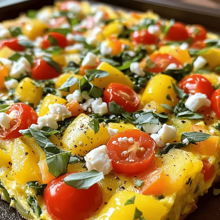 To make a veggie-packed frittata, you'll need: - 6 large eggs - 1/2 cup milk (plant-based milk can be used as a substitute) - 1 cup bell peppers, diced (a colorful mix of red, yellow, and green) - 1 cup baby spinach, roughly chopped - 1/2 cup cherry tomatoes, halved - 1/4 cup red onion, finely diced - 1/2 cup feta cheese, crumbled (or any favorite cheese) - 1 tablespoon olive oil - Salt and freshly cracked black pepper to taste - Fresh herbs for garnish (such as basil or parsley) You can swap ingredients based on what you have: - Use any cheese you like, such as cheddar or goat cheese. - Change the veggies to mushrooms, zucchini, or kale. - For a dairy-free option, replace milk with almond milk or oat milk. - If you want more protein, add cooked sausage or diced ham. Having the right tools makes cooking easier: - A 9-inch oven-safe skillet or baking dish for cooking the frittata. - A large mixing bowl for whisking the eggs and milk. - A spatula for mixing and serving. - A whisk for blending the egg mixture smoothly. - A knife and cutting board for chopping veggies. These ingredients and tools will let you create a tasty frittata. For the full recipe, refer to the earlier sections. First, I preheat the oven to 375°F (190°C). This step is key to cooking the frittata evenly. Next, I lightly grease a 9-inch oven-safe skillet with olive oil. This helps prevent sticking. In a large bowl, I whisk together 6 large eggs and 1/2 cup of milk. A pinch of salt and a few cracks of black pepper add flavor. I mix until it looks frothy. This egg mixture forms the base of our frittata. I heat olive oil in the greased skillet over medium heat. I add 1/4 cup of finely diced red onion first. After about 2-3 minutes, it turns clear and fragrant. Then, I throw in 1 cup of diced bell peppers. I sauté them for another 2-3 minutes. Finally, I add 1 cup of chopped spinach and 1/2 cup of halved cherry tomatoes. I stir gently until the spinach wilts. Once the veggies are cooked, I pour the egg mixture over them. Using a spatula, I carefully lift the vegetables to mix. I want to ensure even coverage. Next, I sprinkle 1/2 cup of crumbled feta cheese on top. I let the frittata cook on the stove for 2-3 minutes. I watch for the edges to set. Then, I carefully transfer the skillet to the oven. I bake for 15-20 minutes. The frittata should puff up and the center should set. After baking, I let it cool for a few minutes. I slice it into wedges and serve warm. A sprinkle of fresh herbs makes it look nice. This is a simple and flavorful meal! For a great frittata, focus on the eggs. Whisk them well with milk until frothy. This helps create a light, airy texture. Don't overcook the frittata, as it can become dry. Bake it just until set in the center. Check it often toward the end of cooking. Add depth to your frittata with spices. Try a pinch of smoked paprika or a dash of cayenne for heat. Fresh herbs also make a big difference. Basil, chives, or parsley brighten the dish. You can even add a splash of hot sauce for extra flavor. Presentation matters! After slicing, sprinkle fresh herbs on top. This adds color and freshness. Serve with a side salad for a vibrant plate. You can also drizzle olive oil on top for richness. A few slices of avocado can enhance the meal's appeal. Using these tips, you can make your frittata not just tasty, but also beautiful. For the complete recipe, check out the Full Recipe section. {{image_4}} You can change the veggies in your frittata to suit your taste. Try using zucchini, mushrooms, or broccoli. These add great flavor and texture. For a spicy kick, add jalapeños or red pepper flakes. You can also use seasonal vegetables, like asparagus in spring. The more colorful the mix, the more fun your frittata will look! Feta cheese is delicious, but you can swap it out easily. Try cheddar, mozzarella, or goat cheese. Each cheese brings a unique flavor. If you want a dairy-free option, use vegan cheese or nutritional yeast. This will keep your frittata creamy and tasty without dairy. Want to make your frittata heartier? Add proteins like sausage or bacon. Cook them first, then mix them in with the veggies. For a healthier option, use turkey sausage or diced ham. You can also add beans for a vegetarian protein boost. This adds flavor and makes your meal more filling. Remember, the Full Recipe is a great guide to get started with these ideas! After enjoying your frittata, you might have some leftovers. To keep it fresh, let it cool down to room temperature. Then, wrap the frittata tightly in plastic wrap or place it in an airtight container. This keeps moisture in and prevents it from drying out. Store it in the fridge for up to four days. When you want to eat it again, you’ll have a tasty meal ready. To reheat the frittata, you can use the oven or microwave. For the oven, preheat it to 350°F (175°C). Place the frittata on a baking sheet and cover it with foil. Bake for about 10-15 minutes, or until it’s warm. If you choose the microwave, cut the frittata into slices. Heat each slice on a microwave-safe plate for 30-60 seconds. Be careful not to overheat, or it may get rubbery. You can also freeze your frittata for later. Cut it into slices and wrap each slice in plastic wrap. Then, place them in a freezer-safe bag. Make sure to label the bag with the date. The frittata can stay in the freezer for up to three months. When you’re ready to eat, thaw it in the fridge overnight. Then, reheat using the instructions above. Enjoy a quick meal that tastes fresh! You can tell the frittata is done when the center is set and no longer jiggles. The edges should look firm and slightly golden. A toothpick inserted in the middle should come out clean. If it’s still wet, bake it a few more minutes. Keep an eye on it to avoid overcooking. Yes, you can make a frittata ahead of time. It holds well in the fridge for about 3 to 4 days. Just let it cool, cover it tightly, and store it. You can reheat it in the oven or microwave when ready to eat. This makes it great for meal prep or brunch gatherings. The main difference lies in how they are cooked. An omelette is folded and cooked quickly on the stovetop. A frittata cooks slowly and is often finished in the oven. Frittatas use more filling and are thicker than omelettes. This makes them perfect for feeding a group. To customize a frittata, swap ingredients based on dietary needs. For dairy-free, use plant-based milk and cheese. Add extra veggies for gluten-free options. If you're vegan, replace eggs with a chickpea flour mixture. Always check labels for allergens. This way, everyone can enjoy a slice! For the full recipe, check the Veggie-Packed Easy Frittata section above. This blog post covered essential ingredients and tools for your frittata. I shared step-by-step instructions to make cooking easy. Plus, I offered tips for perfecting texture and flavor. You learned about fun variations with veggies and proteins. Finally, I explained best storage practices to keep leftovers fresh. Embrace your creativity as you cook. Enjoy your frittata and impress everyone at your table!