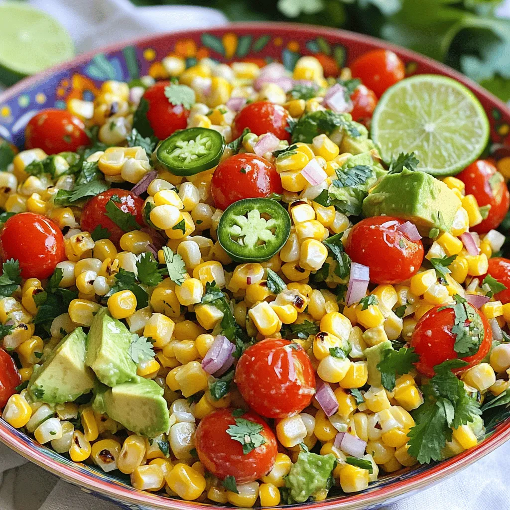 To create a vibrant grilled corn salad, gather the following fresh ingredients. Each one adds flavor and texture to the dish. - Fresh Corn - Cherry Tomatoes - Avocado - Red Onion - Jalapeño Pepper - Cilantro - Lime Juice - Olive Oil - Salt and Pepper - Feta Cheese (optional) Using fresh corn is key. It brings sweetness and crunch. I love to pick corn in season for the best flavor. Cherry tomatoes add a juicy burst. Choose ripe ones for a colorful display. Avocado lends creaminess, making every bite satisfying. Red onion adds a sharp bite, while jalapeño gives a hint of heat. Adjust the amount to your spice level. Fresh cilantro brings a bright note, balancing the flavors. Lime juice adds acidity, making the salad pop. Olive oil smooths everything together. Season with salt and pepper to taste. For an optional twist, crumbled feta cheese enhances the salad’s flavor profile. It adds a nice salty element. This ingredient list sets you up for a fresh and flavorful delight. Check out the Full Recipe for detailed steps on how to combine these ingredients into a dish you will love. Preheat your grill to medium-high heat. This step ensures even cooking and a nice char on the corn. A hot grill helps lock in moisture and flavor. Place the husked corn directly on the grill grates. Grill the corn for about 10-12 minutes. Turn the corn every few minutes to get a good char on all sides. You want the kernels to look golden and feel tender. Once done, carefully remove the corn and let it cool slightly. While the corn cools, grab a large mixing bowl. Add the halved cherry tomatoes, diced avocado, finely chopped red onion, minced jalapeño, and chopped cilantro. Mix these ingredients gently to combine. This colorful mix will add freshness to your salad. Next, take your cooled corn and cut the kernels off each cob using a sharp knife. Add these fresh corn kernels to your vegetable mixture. The corn will add sweetness and a great crunch. In a small bowl, whisk together the juice of two limes, two tablespoons of olive oil, salt, and pepper. This dressing will bring all the flavors together. Make sure to whisk well until combined. Drizzle the dressing over your corn and vegetable mix. With clean hands or utensils, toss everything together. Make sure every piece gets coated with that zesty dressing. Taste the salad and adjust the flavors if needed. You can add more lime juice or salt for extra flavor. This step-by-step guide makes preparing your grilled corn salad easy and fun. For the full recipe, check out the details above and let your kitchen adventure begin! To grill corn well, start with fresh ears. Remove the husk completely. Preheat your grill to medium-high heat. This step helps cook the corn evenly. Place the corn directly on the grill grates. Turn the corn every few minutes. Aim for a light char without burning. You want tender kernels that pop with flavor. To boost the taste, try adding herbs like basil or parsley. Chopped green onions also add a nice touch. For a spicy kick, consider a pinch of cayenne or smoked paprika. These spices bring extra warmth and depth. A drizzle of balsamic glaze can add sweetness, too. Mix and match to find your favorite flavor combo! For a lovely display, use a big, colorful bowl. Layer the salad for visual appeal. Top it with extra cilantro leaves for a fresh look. Serve lime wedges on the side for extra zest. Guests can squeeze fresh lime over their servings. This adds a burst of flavor and makes it fun! For the full recipe, click here. {{image_4}} You can make this grilled corn salad even better by adding proteins. Grilled chicken is a great choice. Just slice it thin and mix it in. Shrimp also works well; grill it until pink and toss it in. For a plant-based option, add beans like black beans or chickpeas. They add protein and make the salad hearty. While the lime dressing is fresh, you can try other dressings too. A creamy ranch dressing adds a cool taste. A balsamic vinaigrette brings a sweet tang. You can also try a zesty cilantro-lime dressing for a twist. Just whisk up your choice and pour it over the salad. Taste it, and adjust if needed. Make this salad shine with seasonal veggies. In summer, sweet bell peppers add color and crunch. In fall, diced apples give a sweet bite. In winter, roasted butternut squash adds warmth. Each season brings new flavors. Experiment with what you find fresh at the market. You can keep the base, then swap in your favorite seasonal finds. To keep your grilled corn salad fresh, store it in an airtight container. Ensure the salad cools to room temperature before sealing it. This way, you avoid steam build-up, which can make it soggy. If possible, separate the dressing from the salad for better texture. This keeps the salad crisp. You should eat the leftovers within three days. After that, the flavors and textures can change. If the salad looks or smells off, it's best to toss it. Always check for signs of spoilage before consuming. If you want to refresh the salad, do not microwave it. Instead, let it sit at room temperature for about 15 minutes. This helps bring back some freshness. You can also add a bit more lime juice or olive oil to brighten the flavors. Yes, you can prepare Grilled Corn Salad ahead. Just grill the corn and chop the veggies. Store them separately in the fridge. Mix them right before serving. This keeps the salad fresh and tasty. The flavors will blend well when you let it sit for a bit. But be careful; too long, and the veggies may get soggy. Grilled Corn Salad pairs well with many dishes. Try serving it with grilled chicken or fish. It works great as a side for burgers or steak too. You can even serve it with tacos for a fun twist. It adds a fresh touch to any meal. Yes, Grilled Corn Salad is gluten-free. It contains no wheat or gluten-based ingredients. This makes it a safe choice for those with gluten allergies. Always check your dressings and additional toppings for hidden gluten. To make Grilled Corn Salad more filling, add protein. Grilled chicken, shrimp, or black beans work well. You could also toss in quinoa for extra texture. Adding these ingredients keeps the flavor and boosts your meal. Fresh sweet corn is best for grilling. Look for ears with bright green husks and plump kernels. Silver Queen and Sugar Pop are great choices. You want corn that is sweet and juicy. This makes for a more flavorful salad. This blog post covers how to make a fresh and tasty grilled corn salad. We talked about the key ingredients and how to prepare and grill the corn. I shared tips for mixing, dressing, and presenting your salad. You can even try different proteins and dressings or use seasonal veggies to switch things up. Remember, proper storage helps keep leftovers fresh. Enjoy making this salad for your next meal or gathering!