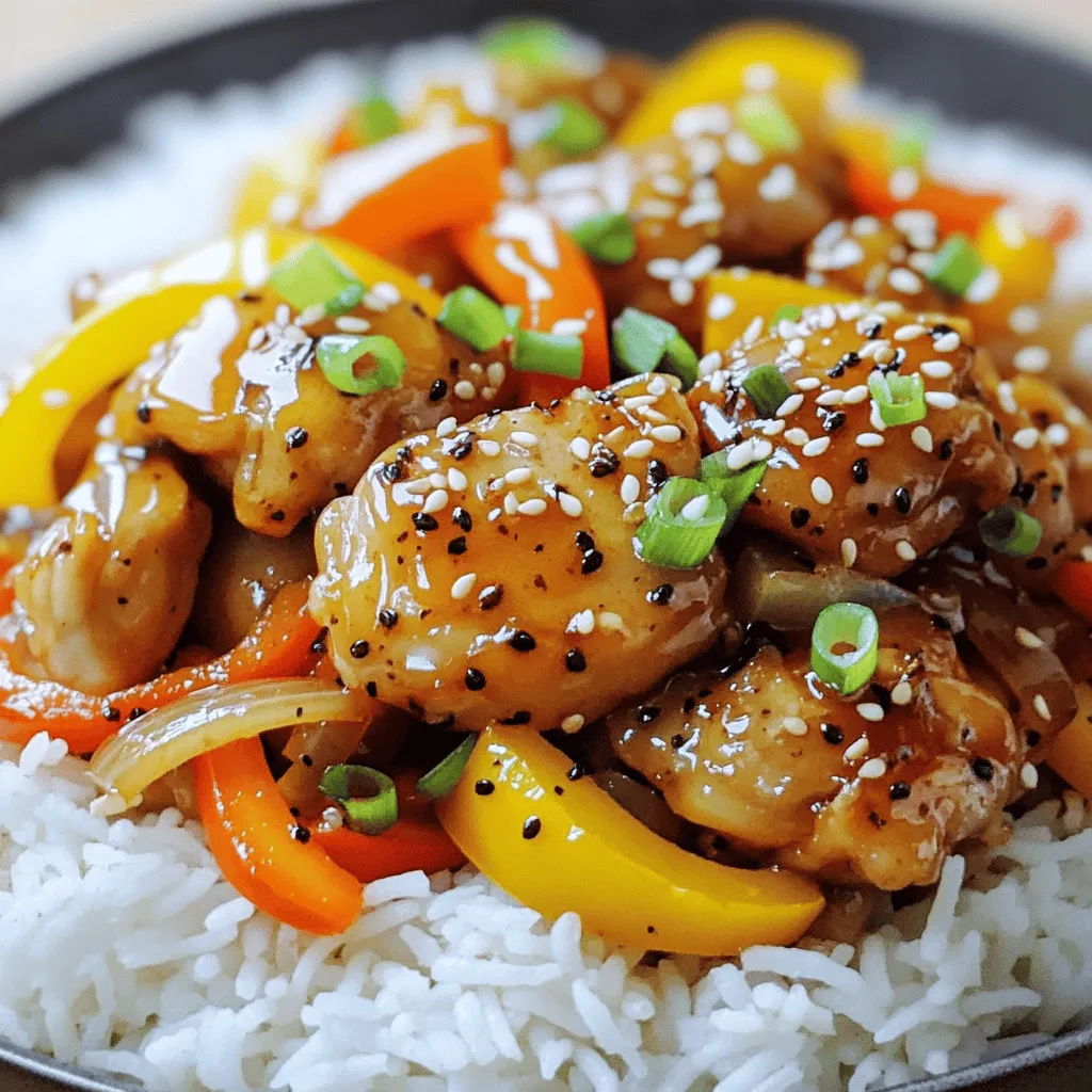 - 500g boneless chicken thighs - 2 tablespoons freshly cracked black pepper - 2 tablespoons soy sauce - 1 tablespoon oyster sauce (optional) - 1 tablespoon cornstarch - 2 tablespoons vegetable oil - 1 bell pepper (red or green) - 1 onion - 3 garlic cloves - 1 thumb-sized piece of ginger - 1 tablespoon honey - 2 green onions - Sesame seeds - Large skillet or wok - Mixing bowl - Cutting board and knife In this recipe, I use chicken thighs for their juicy texture. The black pepper adds a wonderful kick. Soy sauce gives depth, while oyster sauce adds a touch of umami. Cornstarch helps the chicken get crispy. For veggies, I love using bell peppers and onions. They add color and crunch. Garlic and ginger bring fragrant notes. Honey balances the spice and adds sweetness. Finally, green onions and sesame seeds make great garnishes. To cook, you’ll need a large skillet or wok. A mixing bowl is perfect for marinating the chicken. A cutting board and knife are essential for chopping your ingredients. If you want to make this dish, check out the Full Recipe. It’s easy to follow and brings all these flavors together. First, take 500g of boneless chicken thighs. Cut them into bite-sized pieces. In a mixing bowl, combine the chicken with 2 tablespoons of soy sauce, 1 tablespoon of oyster sauce (if you like), and 1 tablespoon of cornstarch. Mix it well to coat the chicken. Let it marinate for 15 to 30 minutes. This step adds flavor and helps the chicken stay juicy. While the chicken marinates, heat 2 tablespoons of vegetable oil in a large skillet over medium-high heat. You want the oil to shimmer, so wait until it is hot enough before adding anything. Next, add 3 minced garlic cloves and 1 thumb-sized piece of minced ginger to the hot oil. Sauté them for about 30 seconds until they smell great. Be careful here; you don’t want to burn them. This step builds a strong flavor base for your dish. Increase the heat to high. Add the marinated chicken to the skillet. Sear the chicken for 5 to 7 minutes, stirring often. Cook until it turns golden-brown and is no longer pink inside. This gives the chicken a nice texture and flavor. Once the chicken is done, take it out and set it aside. In the same skillet, add 1 sliced onion and 1 sliced bell pepper. Stir-fry them in the remaining oil for about 3 to 4 minutes. Cook until they soften but still stay crisp. This adds a nice crunch to the meal. Now, put the cooked chicken back into the skillet with the vegetables. Sprinkle in 2 tablespoons of freshly cracked black pepper and drizzle in 1 tablespoon of honey. Mix everything together for about 2 more minutes. This melds the flavors beautifully. Finally, garnish with chopped green onions and sesame seeds before serving. For the full recipe, refer to the details provided earlier. Enjoy this flavorful dish! For the best searing, use medium-high heat. This heat level helps brown the chicken well. If the heat is too low, the chicken will steam instead of sear. To achieve a crispy texture, coat the chicken with cornstarch. This adds crunch when you cook it. Use a large skillet or wok for even cooking and space. To adjust spice levels, add more black pepper as needed. Start with a little and taste as you go. If you prefer less heat, use less black pepper. To balance sweetness, add honey after cooking. It helps mellow the spice. You can also add sweet bell peppers for extra sweetness. Serve the chicken over fluffy jasmine rice. It adds visual appeal and soaks up the sauce. For a pop of color, add sliced green onions on top. Sesame seeds also enhance the look and flavor. Drizzle a bit of extra honey before serving for a shiny finish. {{image_4}} Chinese Black Pepper Chicken This version shines with its bold flavors. It uses soy sauce, garlic, and ginger. The black pepper gives it a spicy kick. It often includes bell peppers and onions for crunch. This dish is a staple in many Chinese restaurants. Indian-inspired Black Pepper Chicken In India, black pepper chicken takes on different spices. You might find cumin, coriander, and turmeric in the mix. This adds warmth and depth to the flavor. Sometimes, it features yogurt for creaminess. Both styles offer unique tastes. Alternatives for oyster sauce If you skip oyster sauce, try soy sauce or hoisin sauce. You can also use a mix of soy sauce and a little sugar. This will still give you a sweet and salty taste. Variations in vegetables used Feel free to swap in your favorite veggies. Broccoli, snap peas, or carrots can work well. They add color and nutrition. Always aim for a mix of textures to keep it fun. Gluten-free options Use gluten-free soy sauce instead of regular soy sauce. This makes the dish safe for gluten-sensitive eaters. Always check labels to ensure all ingredients are gluten-free. Low sodium versions Reduce the amount of soy sauce to cut sodium. You can also use low-sodium soy sauce. This way, you keep the flavor while being healthier. To store cooked Black Pepper Chicken, place it in an airtight container. This keeps the chicken fresh and prevents odors. Allow the chicken to cool to room temperature before sealing. Store it in the fridge for up to three days. For best results, use glass containers. They do not stain and are easy to clean. When reheating, I suggest using the stove. This helps keep the chicken moist. Heat a skillet over low heat, then add the chicken. Stir it gently until warmed through. If using a microwave, cover the dish to trap steam. This prevents the chicken from drying out. To freeze Black Pepper Chicken, first cool it completely. Then, place it in a freezer-safe bag. Remove as much air as possible to avoid freezer burn. It can be frozen for up to three months. When ready to eat, thaw it in the fridge overnight. Reheat using the stovetop method to keep the flavor and texture intact. You can serve Black Pepper Chicken with many great sides. Here are some ideas: - Steamed jasmine rice - Fried rice with peas and carrots - Soft noodles tossed in soy sauce - Mixed vegetable stir-fry - Fresh salad with a light dressing These sides enhance the meal and balance the spice. Yes, you can. Black Pepper Chicken works with other meats too. Try using: - Boneless beef strips - Tender pork pieces - Firm tofu for a vegetarian option Each choice brings a unique flavor while keeping the dish tasty. Black Pepper Chicken lasts about 3 to 4 days in the fridge. Always store it in an airtight container. This keeps it fresh and safe to eat. If you see any signs of spoilage, throw it away. To adjust spice levels, you have a few options: - Add more or less black pepper based on your taste - Include chili flakes for extra heat - Serve with a side of sweet sauce to balance the spice Taste as you go to find your perfect level of heat. You can find the Full Recipe for this delicious dish in the article. It includes all the steps to create this amazing meal. Enjoy cooking! I covered key ingredients, cooking steps, and tips for making Black Pepper Chicken. You learned about flavoring and presentation ideas, along with alternatives and storage tips. Cooking this dish is simple and fun! Adjusting spices and using different ingredients keeps things fresh and exciting. Enjoy your tasty creation and share it with friends and family. Keep exploring variations to make it your own. Happy cooking!