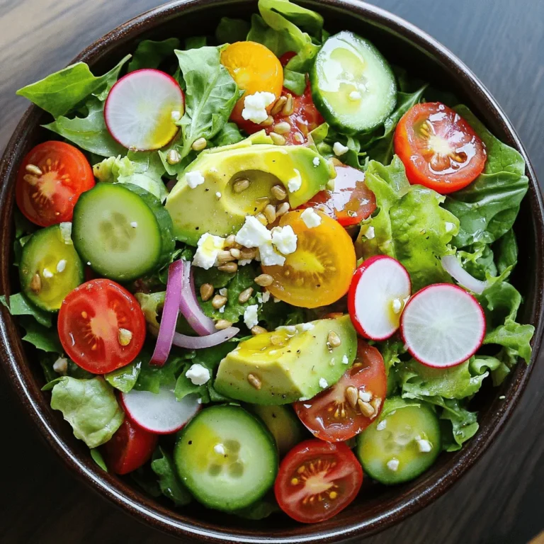 For the Spring Fresh Salad Bowl, choose the freshest produce. I love using: - 4 cups mixed baby greens (spinach, arugula, and spring mix) - 1 cup cucumbers, diced - 1 cup cherry tomatoes, halved - 1/2 cup radishes, finely sliced - 1 ripe avocado, diced - 1/4 cup red onion, thinly sliced These ingredients create a colorful mix. Fresh greens add a crisp feel. The cucumbers and radishes bring crunch. Avocado adds creaminess. Tomatoes give sweetness, and red onion gives a slight bite. Quality matters when choosing ingredients. Fresh produce tastes better and is more nutritious. When you pick fresh greens, they should be vibrant and crisp. Avoid wilting or brown spots. Look for firm cucumbers and bright tomatoes. Each bite should burst with flavor. Using high-quality ingredients makes a big difference. It enhances both taste and texture. The better the ingredients, the more enjoyable your salad will be. Each ingredient in the salad offers unique health benefits: - Mixed baby greens: Packed with vitamins A, C, and K. Great for your skin and bones. - Cucumbers: Hydrating and low in calories. They help you stay refreshed. - Cherry tomatoes: Rich in antioxidants, good for heart health. - Radishes: Boost digestion and add fiber to your diet. - Avocado: Full of healthy fats, great for your heart. - Red onion: Contains quercetin, which can help reduce inflammation. - Feta cheese: Provides calcium and protein while adding flavor. - Sunflower seeds: High in vitamin E and magnesium, good for your skin. Together, these ingredients create a bowl that is not just tasty but also nutritious. Eating this salad can help you feel great and stay healthy. For the full recipe, check the detailed instructions above. Start by washing all your fresh produce. Clean your baby greens thoroughly, removing any dirt. Next, chop your cucumbers into bite-sized pieces. Halve the cherry tomatoes for easy bites. Thinly slice the radishes for a nice crunch. Dice the avocado carefully to keep it intact. Finally, cut the red onion into thin slices. In a large mixing bowl, combine all these veggies gently. Toss them lightly to mix without bruising the greens. In a small bowl, whisk together the dressing ingredients. Pour in the extra virgin olive oil first. Then add the apple cider vinegar and honey. Sprinkle in some salt and freshly ground black pepper. Mix this until it's smooth and creamy. This dressing will add a bright flavor to your salad. It brings all the elements together in a tasty way. Take your bowl of mixed veggies and drizzle the dressing over them. Use tongs or a large spoon to mix everything together. Make sure each piece gets coated with the dressing. For a finishing touch, sprinkle the crumbled feta cheese and sunflower seeds on top. Serve your salad right away for the best flavor. You can present it in individual bowls or on a large platter. Add extra sunflower seeds and some whole baby greens for a pretty look. Enjoy your fresh spring salad bowl! For the complete recipe, check out the Full Recipe. Selecting the right greens is key. Look for bright, crisp ones. Fresh greens should feel firm and not wilted. Baby spinach, arugula, and spring mix work well. Each adds unique flavors. Mix them for a colorful base. Avoid greens with brown spots or slimy texture. This ensures your salad stays fresh and tasty. Seasoning brings your salad to life. Use salt and pepper as your base. They help highlight the greens and veggies. Add a splash of lemon juice for brightness. You can also try dried herbs like oregano or basil. These add depth without overwhelming the fresh taste. Remember, a little goes a long way. Taste as you go to find the right balance. A beautiful presentation makes your meal special. Serve your salad in clear bowls to show off the colors. Layer the ingredients instead of mixing them. This adds visual appeal. Garnish with extra sunflower seeds or whole baby greens on top. You can also use edible flowers for a fun touch. A well-presented salad invites everyone to dig in. For the full recipe, check the recipe section above. {{image_4}} You can easily make this salad vegan. Simply leave out the feta cheese. Instead, use avocado for creaminess. You can also add nutritional yeast for a cheesy flavor. This keeps your salad rich and tasty without dairy. Most of the ingredients in this salad are gluten-free. Just make sure your olive oil and vinegar do not contain gluten. If you want more crunch, try adding gluten-free croutons or chickpeas. Both add great texture and flavor. To turn this salad into a hearty meal, add protein. Grilled chicken, shrimp, or tofu all work well. You could also use beans like black beans or chickpeas for a plant-based option. These additions will make your salad filling and satisfying. For the full recipe and tips on how to prepare this vibrant dish, check out the Full Recipe link. If you have leftover salad, store it in an airtight container. This keeps the salad fresh. Avoid adding the dressing to the whole salad. It makes the greens soggy. Instead, store the dressing separately. This way, you can enjoy fresh salad the next day. To keep your salad fresh, use whole vegetables instead of pre-cut ones. Whole veggies last longer. Wash and dry greens well before storing. Excess moisture can cause them to wilt. Use a paper towel to absorb any extra water. Place the towel in the container with the greens. It helps keep them crisp. Most ingredients in your salad stay fresh for a few days. Baby greens can last about 3 to 5 days. Cucumbers and radishes usually stay good for up to a week. Cherry tomatoes last about 5 days when stored in a cool place. Avocados can brown quickly; use them within a day. Feta cheese lasts about a week when kept cold. Always check for any signs of spoilage before enjoying your salad. Yes, you can make this salad ahead of time. To keep it fresh, store each part separately. Keep the greens in one container and the chopped veggies in another. This way, the greens stay crisp. The dressing should also go in a separate jar. When you are ready to eat, mix everything together and add the dressing. This keeps the salad from getting soggy. If you want a different cheese, try goat cheese or ricotta. Both have a creamy texture. You can also use a dairy-free option like cashew cheese for a vegan choice. If you want a saltier flavor, try olives instead. They give a nice touch to the salad without cheese. Adding protein is easy! You can include grilled chicken or shrimp for a boost. Canned chickpeas or black beans are great plant-based options. For a quick fix, sprinkle in some nuts or seeds like almonds or hemp seeds. They add crunch and protein without much effort. You now have all the tools to create a delicious Spring Fresh Salad Bowl. We explored how to choose the best ingredients, prepare the salad, and serve it beautifully. Each step adds to the freshness and taste. You learned about vegan and gluten-free options too. Remember to store leftovers properly to enjoy them later. Keep these tips in mind as you create your own salad. Fresh ingredients make every bite healthy and tasty. Enjoy your salad-making journey!