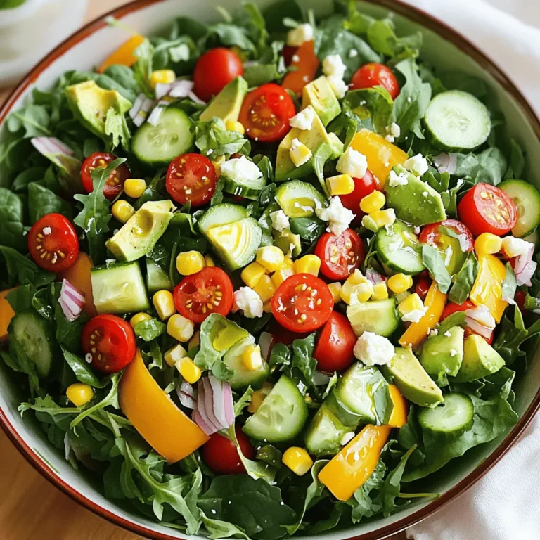 For a truly garden-fresh summer salad, start with vibrant ingredients. Here’s what you’ll need: - 2 cups mixed baby greens (a blend of arugula, spinach, and kale) - 1 cup cherry tomatoes, halved - 1 cucumber, peeled and diced - 1 bell pepper (either red or yellow), chopped into bite-sized pieces - 1 cup corn kernels (freshly cooked or canned) - 1 ripe avocado, diced - ¼ red onion, finely sliced - ¼ cup feta cheese, crumbled - 2 tablespoons fresh basil, finely chopped Using fresh produce gives your salad a crisp taste. Each item adds color and nutrients. The greens serve as a base. The tomatoes and peppers add sweetness. The corn brings crunch. You’ll love the creamy avocado and salty feta! You can personalize your salad easily. Here are some tasty add-ins: - Grilled chicken or shrimp for protein - Quinoa for extra fiber and texture - Sliced olives for a briny kick - Nuts or seeds for crunch These add-ins make your salad more filling. Choose what you like best! You can mix and match based on your mood or what you have at home. A great dressing ties everything together. For this salad, you need: - 2 tablespoons extra virgin olive oil - 1 tablespoon balsamic vinegar - Sea salt and freshly cracked black pepper, to taste This simple dressing is light and bright. The olive oil adds richness. The balsamic vinegar gives it a tangy kick. Adjust the salt and pepper to make it just right for you. For the full recipe, check out the details above! First, wash your mixed baby greens. Make sure to dry them gently. This helps keep the salad crisp. Once dry, place them in a large salad bowl. This creates a great base for your salad. Next, layer the halved cherry tomatoes on top of the greens. Then, add the diced cucumber and chopped bell pepper. These veggies bring color and crunch to the dish. Don't forget the sweet corn kernels! They add a nice texture and a touch of sweetness. Now, it’s time to add the creamy avocado. Dice it and gently fold it into the salad. This keeps the avocado intact. Then, add the thinly sliced red onion for a bit of bite. Sprinkle crumbled feta cheese over the top for a salty flavor. The fresh basil adds a lovely aroma. For the dressing, mix olive oil and balsamic vinegar in a small bowl. Season it with salt and pepper. Whisk until well combined. Drizzle this dressing over your salad. Toss everything gently to coat. Finally, taste it. Adjust salt and pepper for your perfect flavor. Enjoy your fresh salad! You can find the full recipe [here](#). To make your salad shine, use bright bowls. Serve it in individual portions for a fancy touch. Add a sprinkle of extra feta on top. A few fresh basil leaves also make a great garnish. For a special look, drizzle balsamic reduction over each serving. This adds both flavor and visual appeal. You can boost the flavor in many ways. Try adding nuts like walnuts or almonds for crunch. You might also include fruits, such as sliced strawberries or juicy peaches. Fresh herbs like cilantro or mint can add a new twist. For a bit of spice, sprinkle in some red pepper flakes. Just remember, balance is key! One common mistake is over-dressing the salad. Too much dressing can drown the fresh flavors. Start with a little, and add more if needed. Another mistake is cutting veggies too small. Larger pieces keep the crunch and texture. Finally, don’t forget to taste before serving. Adjust seasoning to suit your taste buds. {{image_4}} You can easily adjust this salad for special diets. For a vegan version, skip the feta cheese. Instead, use tofu or nuts for a protein boost. If you want a gluten-free option, all ingredients are already safe. Just be sure to check any packaged items for hidden gluten. You can swap ingredients based on the season. In summer, use ripe peaches instead of tomatoes. In fall, try roasted squash in place of corn. These swaps keep the salad fresh and exciting all year. Feel free to mix and match what’s in your garden or local market. Want to make your salad more fun? Add sliced radishes for a peppery crunch. Nuts like almonds or walnuts add a great texture. You could also toss in herbs like dill or cilantro for a different flavor. Don't shy away from experimenting. Each add-on can change the taste and feel of your dish. Check out the Full Recipe for more ideas and inspiration! To keep your garden fresh summer salad tasty, store it right. Use an airtight container. This helps avoid moisture loss. You can keep it in the fridge for up to three days. If you plan to enjoy it later, store the dressing separately. This keeps the greens crisp and fresh. Wash your vegetables before storage. After washing, dry them well to avoid sogginess. You can wrap herbs like basil in a damp paper towel. This helps keep them fresh for longer. For tomatoes, store them at room temperature. This keeps their taste and texture just right. This salad is best enjoyed cold. If you want to warm it up, just use a quick microwave blast. Heat for only a few seconds to avoid mushy greens. When serving, toss the salad gently to mix the flavors. You can add more feta or basil for a fresh touch. For the full recipe, check out the detailed steps above. The best summer vegetables for salad include tomatoes, cucumbers, and bell peppers. You can also use zucchini, radishes, and corn. They add color and crunch. Fresh herbs like basil and cilantro enhance the flavor. Choose veggies that are in season for the best taste. Yes, you can make this salad ahead of time. Prepare the salad without the dressing. Store it in the fridge for up to a day. When you are ready to eat, add the dressing. This keeps the salad fresh and crisp. A light vinaigrette works well with summer salad. You can use olive oil and balsamic vinegar. Lemon juice also adds a nice touch. For a creamier option, try a yogurt-based dressing. These dressings bring out the flavors of the fresh vegetables. For the full recipe, check out the Garden Fresh Summer Salad Delight. In this blog post, we explored how to make a fresh summer salad. We started with the best ingredients and optional add-ins. Then, we covered easy steps to prepare the base and mix in tasty veggies. I shared tips for great presentation and flavor boosts. We also discussed how to adapt this salad for diets and seasons. Lastly, we highlighted storage tips to keep everything fresh. Enjoy experimenting with your salad to make it your own. You have all the tools for success!