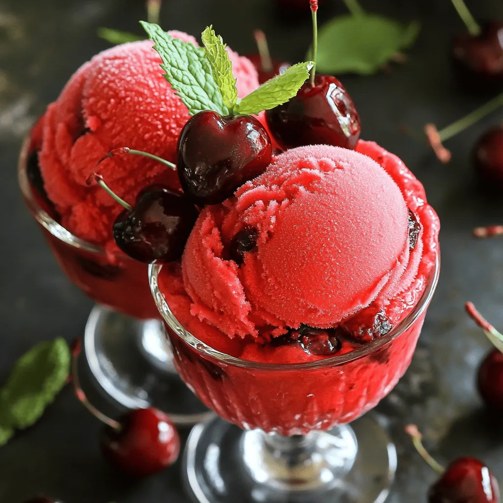 - 2 cups fresh or frozen cherries, pitted - 1 cup cherry cola - 1/2 cup granulated sugar - 1 tablespoon freshly squeezed lemon juice - 1 teaspoon pure vanilla extract - A pinch of salt When I make no churn cherry cola sorbet, I start with fresh or frozen cherries. I always pit the cherries first, as this makes blending easy. The cherry cola gives the sorbet a fun and fizzy flavor. I use granulated sugar to sweeten the mix. If you want a tart twist, add freshly squeezed lemon juice. I also add a teaspoon of pure vanilla extract for depth. A pinch of salt balances the sweetness and enhances the flavors. You can swap out granulated sugar for other sweeteners like honey or agave syrup. These can change the taste, making it unique. You might also try adding a splash of almond extract for a nutty flavor. Or, mix in a handful of mint leaves for a refreshing touch. Each variation leads to a new and exciting treat! For the full recipe, check out the [Full Recipe]. To start, you will blend the cherries and cola. Take your pitted cherries and add them to a high-speed blender. Pour in the cherry cola. Blend on high speed until the mixture is smooth. This smooth texture is key for your sorbet. If it’s too chunky, blend it a bit longer. Next, it's time to mix in the flavorings. Add in the granulated sugar, lemon juice, vanilla extract, and a pinch of salt. Blend again until all the ingredients are well combined. The sugar should dissolve completely. You can taste the mixture to see if you want it sweeter. If so, slowly add more sugar and blend until smooth. Now, you’ll prepare to freeze your mixture. Pour the cherry cola blend into a shallow dish. This shape helps it freeze faster. Place the dish in the freezer for about 2 hours. After 2 hours, take it out and scrape the mixture with a fork. This step breaks up ice crystals, giving a nice texture. Return the dish to the freezer. For the next 2 hours, scrape it every hour. This helps keep it light and fluffy. After about 6 hours, your sorbet should be ready. Let it sit at room temp for a few minutes before serving. Serve in chilled bowls for the best look. Enjoy your No Churn Cherry Cola Sorbet! To make a smooth sorbet, avoid ice crystals. After the first two hours of freezing, take the mixture out and scrape it with a fork. This breaks up any ice. Repeat this every hour for the next two hours. It helps create a light and fluffy texture. Use a shallow dish for freezing. This gives the mixture more surface area. A food processor or high-speed blender works best to blend the cherries and cola. These tools help achieve a creamy consistency. Taste your mixture after blending in the sugar. If it’s not sweet enough, add more sugar. Do this little by little. Blend until it’s smooth. You want the flavor to pop. Remember, the sweetness can change after freezing. Serve your sorbet in chilled bowls or glass cups. This keeps it cool longer. For a fun touch, garnish with fresh cherries or mint leaves. You can also drizzle a little chocolate sauce on top. It adds visual appeal and extra flavor. Enjoy showing off your beautiful dessert! {{image_4}} You can mix up this cherry cola sorbet by using different fruits. Here are some fun ideas: - Raspberry Cola: Swap cherries for raspberries. This gives a tart twist. - Peach Delight: Use fresh peaches for a sweet and juicy flavor. - Mixed Berry: Combine strawberries, blueberries, and blackberries for a berry blast. You can also enhance the flavor with simple extras: - Mint: Add fresh mint for a refreshing taste. - Lemon Zest: A bit of lemon zest can brighten the sorbet. - Coconut Milk: For a creamy texture, mix in coconut milk. If you want to make this sorbet healthier, there are easy swaps for sugar. Here are some options: - Honey: Use honey instead of granulated sugar for natural sweetness. - Agave Syrup: This works well for a lower glycemic option. - Stevia: This zero-calorie sweetener is a great choice for low-sugar diets. For those following a vegan diet, you can make this sorbet vegan-friendly. Just make sure to choose a vegan-friendly cola. The other ingredients are naturally plant-based, so you are all set! To keep your sorbet fresh, store it in an airtight container. This helps prevent ice crystals from forming. You can also use a shallow dish for freezing. This allows for quicker freezing and a smoother texture. If you have leftovers, let them cool before sealing. You can layer parchment paper on top to reduce air exposure. This extra step helps maintain its flavor and texture. No churn cherry cola sorbet lasts about two weeks in the freezer. After this time, the flavor may fade. The texture could change too, becoming icy and less smooth. To enjoy it at its best, try to eat it within this time frame. If you notice any signs of freezer burn, it’s best to toss it. Enjoy this sweet treat while it’s fresh! To make this sorbet, follow these simple steps: 1. Blend the Cherries: Start by mixing the pitted cherries with cherry cola in a blender. Blend until smooth. 2. Mix in Flavorings: Add sugar, lemon juice, vanilla, and salt. Blend until well combined. 3. Taste and Adjust Sweetness: Sample the mix and add more sugar if needed. Blend again. 4. Prepare to Freeze: Pour the mixture into a shallow dish. Spread it out evenly. 5. Initial Freezing: Freeze for about 2 hours, then scrape the mixture with a fork. 6. Scrape and Refine: Freeze again, scraping every hour for 2 more hours. 7. Final Freezing: After 6 hours, let it sit for a few minutes before scooping. This method creates a light and fluffy sorbet. For the full recipe, check out the section above. Yes, you can use diet or caffeine-free cherry cola. This option is great for those who want fewer calories or caffeine. The flavor may change slightly, but it will still be tasty. Many brands offer these choices, so look for one you like. If you don’t have fresh cherries, frozen cherries work well too. They are picked at peak ripeness and often taste just as good. Using frozen cherries saves prep time since they come pitted. Just blend them straight from the freezer for a smooth consistency. You can make this sorbet ahead of time. It stays fresh in the freezer for up to two weeks. Just be sure to store it in an airtight container. This makes it a perfect treat for parties or hot summer days. Prepare it a day in advance to let the flavors meld together nicely. This blog post covered how to make Cherry Cola Sorbet from start to finish. We explored essential ingredients and optional add-ons, ensuring you can personalize your treat. You learned about blending and freezing techniques to get the best texture. I shared tips on adjusting sweetness and creative ways to serve your sorbet. Finally, remember that this recipe is flexible. You can switch fruits, and modify sweetness, and dietary needs. Enjoy making your sorbet, and let your taste buds celebrate!