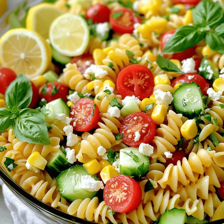- 2 cups rotini pasta - 1 cup cherry tomatoes, halved - 1 cucumber, diced - 1 cup sweet corn (fresh or canned) - 1 red bell pepper, diced - ½ red onion, finely chopped - ½ cup feta cheese, crumbled - ¼ cup fresh basil, chopped - ¼ cup fresh parsley, chopped - ¼ cup extra virgin olive oil - 2 tablespoons freshly squeezed lemon juice - 1 teaspoon Dijon mustard - 1 clove garlic, finely minced - Salt and freshly ground pepper to taste To make a great summer pasta salad, you need fresh and vibrant ingredients. First, choose rotini pasta. It holds the dressing well and adds fun twists. Then, add colorful veggies. Cherry tomatoes provide sweetness, while cucumbers add crunch. Sweet corn can be fresh or canned. Both options work. Red bell peppers add color and flavor. The red onion gives a slight bite, but chop it finely for balance. Feta cheese brings creaminess and tang. Fresh herbs like basil and parsley add a burst of flavor. These ingredients make your salad lively and tasty. For the lemon vinaigrette, the key is fresh lemon juice and good olive oil. This dressing ties the salad together. Dijon mustard adds a bit of spice, while garlic gives depth. Don’t forget salt and pepper! They enhance all flavors. You can find the full recipe [here](#). - Bring salted water to a boil. - Add rotini pasta and cook until al dente. - This usually takes about 7 to 9 minutes. - Drain the pasta and rinse it under cold water to cool. - Chop the cherry tomatoes in half. - Dice the cucumber and red bell pepper. - Finely chop the red onion. - If you use fresh corn, cook it lightly for 2-3 minutes. - Cool the corn under cold water. - In a bowl, combine olive oil and lemon juice. - Add Dijon mustard and minced garlic. - Whisk the mixture until it is smooth. - Season it with salt and pepper to taste. - In a large bowl, mix the cooled pasta with the chopped vegetables. - Add crumbled feta cheese, basil, and parsley. - Drizzle the lemon vinaigrette over the pasta mixture. - Toss gently to coat all the ingredients evenly. - Cover the salad with plastic wrap. - Chill in the refrigerator for at least 30 minutes. - This helps the flavors blend together nicely. This refreshing summer pasta salad with lemon vinaigrette is perfect for hot days. For the complete recipe, check the [Full Recipe]. - Use fresh, seasonal vegetables for better flavor. Fresh veggies taste brighter and more delicious. They also add color and crunch. Look for ripe tomatoes, crisp cucumbers, and sweet bell peppers. - Adjust dressing ingredients according to personal preference. This salad is flexible. If you like tangy, add more lemon juice. If you prefer creamy, a bit of yogurt can work wonders. - Serve in a chilled bowl and garnish with basil leaves and lemon wedges. This adds a lovely touch and makes your dish pop. - Consider colorful serving dishes to enhance visual appeal. Bright colors make the salad inviting. Use a vibrant bowl to catch the eye and draw people in. {{image_4}} You can make your summer pasta salad even more filling. Adding proteins boosts nutrition and flavor. Grilled chicken, shrimp, or chickpeas work well. Grilled chicken adds a smoky taste. Shrimp gives a fresh ocean flavor. Chickpeas offer a hearty, plant-based option. Each choice makes your salad special and satisfying. While lemon vinaigrette is zesty, you can switch it up. Try balsamic vinaigrette for a sweet-tangy twist. A yogurt-based dressing adds creaminess and a slight tang. Both options change the salad's vibe while keeping it fresh. Feel free to experiment to find your favorite taste. Using seasonal vegetables makes your salad vibrant. Swap in zucchini for a crunchy bite. Asparagus adds a touch of elegance. Bell peppers bring sweetness and color. You can mix and match based on what’s fresh and available. This keeps your salad exciting and full of flavor. For the full recipe, check out the detailed instructions above. After enjoying your summer pasta salad, store any leftovers in an airtight container. This keeps the salad fresh. You can keep it in the refrigerator for up to 3 days. Freezing this pasta salad is not a good idea. The texture of the pasta and vegetables changes when frozen. They become mushy when thawed, which affects the taste. I recommend eating the salad cold straight from the fridge. This keeps the flavors bright and fresh. Don’t reheat it, as it tastes best when chilled. For more details, check out the Full Recipe. Use a gluten-free pasta option available in stores. Many brands offer good choices. Just check the label to ensure it's truly gluten-free. This way, everyone can enjoy the dish without worry. Yes, it’s best to make the salad a few hours before serving for best flavor. This time lets the ingredients blend together. You can chill it in the fridge, which enhances the taste. Just remember to toss it gently before serving. Try goat cheese, mozzarella, or skip cheese entirely for a dairy-free option. Each cheese gives a different flavor. Goat cheese adds creaminess, while mozzarella is mild and stretchy. Picking one that fits your taste makes the salad even better! This summer pasta salad is fresh, simple, and easy to make. You learned how to prepare a tasty dish with rotini pasta, colorful vegetables, and a zesty lemon vinaigrette. We discussed tips to enhance flavor and presentation. Remember, you can add proteins or swap ingredients for variety. This salad makes a great side or light meal. Enjoy making your own version and impress your guests this warm season!