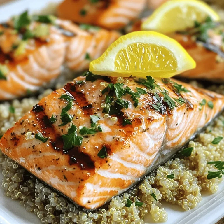 - 4 salmon fillets (approximately 6 ounces each) - 2 tablespoons extra virgin olive oil - Zest and juice of 2 fresh lemons - 2 cloves garlic, finely minced - Sea salt and freshly cracked black pepper to taste - 1 teaspoon dried oregano - 1 teaspoon dried thyme - 1 cup quinoa, thoroughly rinsed - 2 cups vegetable broth or water - 1 tablespoon extra virgin olive oil - 1 tablespoon fresh lemon juice - 1/4 cup fresh parsley, finely chopped - Sea salt and freshly cracked black pepper to taste Gather these ingredients to make your lemon grilled salmon and herbed quinoa. You will love the fresh taste. The lemon gives the salmon a bright and zesty flavor. The quinoa adds a nice texture and nutty taste. This combination makes for a complete meal. You can find the full recipe in the article. To start, you need to make the marinade. Gather these ingredients: - 2 tablespoons extra virgin olive oil - Zest and juice of 2 fresh lemons - 2 cloves garlic, finely minced - Sea salt and freshly cracked black pepper to taste - 1 teaspoon dried oregano - 1 teaspoon dried thyme In a small bowl, mix the olive oil, lemon zest, lemon juice, minced garlic, oregano, thyme, salt, and pepper. Whisk it well until combined. Now, take your salmon fillets and place them in a shallow dish. Pour the marinade over the salmon. Make sure each fillet gets well-covered. Cover the dish with plastic wrap and put it in the fridge. Let it marinate for at least 30 minutes. This step adds so much flavor to the fish. While the salmon marinates, it's time to cook the herbed quinoa. You will need: - 1 cup quinoa, thoroughly rinsed - 2 cups vegetable broth or water - 1 tablespoon extra virgin olive oil - 1 tablespoon fresh lemon juice - 1/4 cup fresh parsley, finely chopped - Sea salt and freshly cracked black pepper to taste First, bring the vegetable broth or water to a boil in a medium saucepan. Add a sprinkle of salt. Once boiling, add the rinsed quinoa. Lower the heat, cover the pot, and let it simmer for about 15 minutes. When the quinoa is fluffy and all the liquid is gone, it’s done! Remove it from heat. Fluff the quinoa with a fork. Stir in the olive oil, lemon juice, parsley, and more salt and pepper to taste. Now, it’s time to grill the salmon. Preheat your grill to medium-high heat. Take the salmon out of the fridge. Let any excess marinade drip off. Place the fillets on the grill, skin-side down. Grill for about 5 to 7 minutes on each side. Turn the salmon only once. It’s done when it flakes easily with a fork. When your salmon is ready, it’s time to plate. Start by creating a mound of herbed quinoa on each plate. Gently place a grilled salmon fillet on top of the quinoa. For a nice touch, garnish with fresh parsley sprigs. You can also add a lemon wedge on the side. This gives an extra burst of citrus flavor. Enjoy this fresh and flavorful dish! For the full recipe, check out the section above. - Ideal grill temperature: Set your grill to medium-high heat. This ensures that the salmon cooks evenly. A good temperature is around 375°F to 400°F. - Checking for doneness: To know if salmon is ready, look for its color. It should change from bright pink to a lighter, opaque shade. You can also use a fork to gently poke the fish. If it flakes easily, it’s done. - Additional herbs and spices: You can mix in fresh dill or cilantro for extra flavor. A bit of smoked paprika adds a nice twist as well. - Citrus alternatives: While lemon is fantastic, try lime or orange for a different taste. These fruits add a fresh zing to the dish. - Make-ahead options: You can marinate the salmon a day in advance. This helps deepen the flavors and saves time on cooking day. - Efficient kitchen techniques: Use a rice cooker for the quinoa. It frees up your stove and helps you focus on grilling the salmon perfectly. {{image_4}} You can swap salmon with other fish. Try trout or halibut. These fish taste great with lemon. They grill well and cook similar to salmon. For a vegetarian twist, use tofu or tempeh. Marinate them just like the salmon for rich flavor. Want to spice things up? Add chili flakes to your marinade. This gives a nice kick to the dish. You can also change herbs. Use dill or basil instead of oregano and thyme. Each herb brings a unique taste that complements the lemon well. Pair your lemon grilled salmon with many side dishes. Roasted veggies or a fresh green salad are great choices. You can also create a salad version. Flake the grilled salmon over mixed greens. Add a lemon vinaigrette for a tasty meal. For the full recipe, check out the details above! To keep your lemon grilled salmon fresh, store it properly. Place the leftover salmon in an airtight container. Refrigerate it right away. This keeps the fish safe to eat for up to three days. If you want to store it for longer, freezing is a great option. Wrap each salmon fillet in plastic wrap. Then, place them in a freezer bag. This way, they can last for up to three months. When it’s time to enjoy your leftovers, reheating is key. You can use several methods to reheat grilled salmon. The oven works well for even heating. Preheat your oven to 275°F (135°C). Place the salmon on a baking sheet and heat for about 15 minutes. You can also use a microwave. Place the salmon on a plate and cover it with a damp paper towel. Heat it in short bursts of 30 seconds. Check to see if it is warm enough. For the herbed quinoa, you can reheat it in a pan or microwave. Add a splash of water or broth to keep it moist. Heat it until it’s warm, stirring often. Enjoy your delicious meal again! To check if salmon is done, use a meat thermometer. The safe internal temperature for salmon is 145°F. You can also check for visual cues. When salmon flakes easily with a fork, it is ready. Look for a firm texture and a light pink color inside. If it is still translucent, it needs more time. Yes, you can marinate salmon overnight. This longer marination adds more flavor. The acid in the lemon juice helps to tenderize the fish. Just be careful not to marinate for too long, as it can make the fish mushy. A good practice is to marinate for 30 minutes to 2 hours for the best taste and texture. Lemon grilled salmon pairs well with many sides. Try herbed quinoa, which complements the salmon's flavor. You can also serve it with roasted vegetables, like asparagus or zucchini. For a fresh touch, a simple salad works great too. Pair your meal with a chilled white wine, like Sauvignon Blanc, for a refreshing drink. In summary, we explored making lemon grilled salmon and herbed quinoa. You learned about key ingredients, marinating techniques, and cooking methods. I shared tips for grilling and crafting delicious variations. Final thoughts: This meal is healthy, bright, and full of flavor. Try it today for an easy, satisfying dinner. Enjoy the many ways to make it your own!