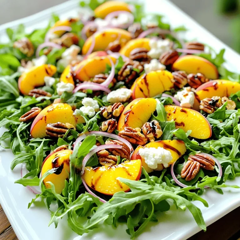 The Millionaire Peach Salad bursts with fresh flavors and textures. Each ingredient plays a vital role in making this dish a delightful experience. Here’s what you will need: - 4 ripe peaches, sliced into wedges - 2 cups fresh arugula or mixed greens - 1 cup creamy goat cheese, crumbled - 1/2 cup crunchy candied pecans - 1/4 cup thinly sliced red onion - 1/4 cup balsamic glaze - 2 tablespoons extra virgin olive oil - Salt and pepper to taste - Fresh basil leaves for garnish 1. Peaches: Choose ripe peaches for sweetness. Their juicy flesh adds a vibrant flavor. 2. Greens: Arugula or mixed greens bring a fresh crunch. They balance the salad's richness. 3. Goat Cheese: The creamy texture of goat cheese enhances the dish. It adds depth to each bite. 4. Candied Pecans: These nuts give a sweet crunch. They add a delightful contrast to the soft peaches. 5. Red Onion: Thin slices of red onion add a hint of sharpness. They brighten the flavors. 6. Balsamic Glaze: This glaze offers a sweet-tart finish. It ties all the flavors together beautifully. 7. Olive Oil: Extra virgin olive oil provides richness. It coats the greens and adds healthy fats. 8. Seasoning: Salt and pepper enhance every taste. They ensure the salad is well-balanced. 9. Basil: Fresh basil leaves bring a fragrant touch. They elevate the salad both in taste and appearance. Using these fresh ingredients, your Millionaire Peach Salad will be a fresh and flavorful delight. For the complete details on how to prepare it, check out the Full Recipe. Start by washing the ripe peaches. Use cool water to clean them well. Once clean, slice each peach into wedges. Set the slices aside. This keeps their juices intact and ready for the salad. Next, grab a large mixing bowl. Combine the fresh arugula or mixed greens with the thinly sliced red onion. Be sure to mix them well for balanced flavor. Lightly drizzle with extra virgin olive oil. Season with salt and pepper to taste. Toss everything gently to coat the greens. Now, it’s time to layer the salad. Place the tossed greens on a large serving platter. You can also use individual plates if you want to impress your guests. Artfully arrange the peach wedges on top of the greens. Sprinkle crumbled goat cheese and crunchy candied pecans over the salad. This adds both flavor and texture. For the final touch, drizzle balsamic glaze over the entire salad. This adds a nice sweetness that pairs well with the savory elements. Lastly, scatter fresh basil leaves on top for a fragrant garnish. This will make your salad not just tasty, but also beautiful. Follow these steps for a delightful Millionaire Peach Salad. For more detailed instructions, check the Full Recipe. To make the best Millionaire Peach Salad, choose ripe and juicy peaches. Look for peaches that are slightly soft to the touch, with a sweet aroma. Yellow or white peaches are great options. Avoid peaches with blemishes or hard spots. Fresh, ripe peaches will add the best flavor and sweetness to your salad. If you need to avoid goat cheese or nuts, there are tasty options. For cheese, try feta or a soft cream cheese. You can also use sunflower seeds or pumpkin seeds instead of pecans for crunch. These swaps keep your salad delicious while catering to dietary needs. Make your salad shine when you serve it. Use a large, white platter to show off the colors of the salad. Layer the greens, peaches, cheese, and nuts in a way that is pleasing to the eye. Consider adding extra peach slices or a sprinkle of cheese on top. This small touch will impress your guests and make the dish more inviting. {{image_4}} You can make the Millionaire Peach Salad unique by adding other fruits or nuts. In summer, try fresh blueberries or strawberries. They give a sweet touch and bright color. In fall, consider sliced apples or pears for a crisp bite. Nuts can also change the flavor. Swap candied pecans for walnuts or almonds for a different crunch. While balsamic glaze is tasty, you can explore other dressings. A honey mustard vinaigrette adds a sweet and tangy kick. A citrus vinaigrette with lemon or lime brightens the salad. For creaminess, a yogurt-based dressing works well. Each dressing brings its own flair to the salad, making it feel new. Adjust the recipe for larger gatherings easily. Double or triple the ingredients for a big bowl. You can also serve small portions as appetizers. Just use little cups or small plates for single servings. This makes it easy for guests to enjoy without sharing. You can find the full recipe to guide you through these variations. To keep your Millionaire Peach Salad fresh, store it in an airtight container. Cover the salad tightly to stop air from making it soggy. Place it in the fridge right away. This keeps the flavors bright and the greens crisp. If you can, store the dressing separately. This step helps prevent the greens from wilting. You can safely store the salad in the fridge for up to three days. After that, the peaches may brown and the greens may lose their crunch. Always check for any off smells or signs of spoilage before eating. If you see any, it's best to toss it out for safety. When you’re ready to eat the leftovers, give the salad a gentle toss. This mixes up the ingredients nicely. If the salad seems dry, drizzle a bit of olive oil or balsamic glaze. You can also add fresh greens or extra peach slices to refresh the dish. Enjoy your salad as a side dish or a light lunch! Millionaire Peach Salad is a fresh and vibrant dish. It features ripe peaches, greens, and creamy goat cheese. This salad has roots in Southern cuisine. It brings together sweet and savory flavors. The blend of textures makes it special. Each bite offers a mix of juicy peaches and crunchy pecans. It’s a perfect summer dish that is easy to prepare. Yes, you can prepare parts of this salad in advance. Slice the peaches and store them in lemon juice to keep them fresh. You can also wash and dry the greens ahead of time. Mix the greens and onion just before serving. This keeps them crisp. Add the goat cheese and pecans at the last minute for the best flavor and texture. Yes, Millionaire Peach Salad is gluten-free. All the main ingredients are naturally gluten-free. If you want to ensure it stays gluten-free, check labels on any packaged items. If you need a nut-free option, replace pecans with sunflower seeds. This keeps the salad tasty and safe for everyone. To find the best peaches, look for ones that are ripe. They should feel slightly soft when gently squeezed. The skin should be smooth and vibrant. Avoid peaches with bruises or dark spots. If they are not quite ripe, let them sit at room temperature for a day or two. This will help them develop their sweet flavor. This blog post walked you through creating a delicious Millionaire Peach Salad. You learned about fresh ingredients, easy steps, and smart tips for the best taste. Remember to pick juicy peaches and try different toppings for a fun twist. You can also store leftovers for later. Enjoy this tasty treat at your next gathering! Your friends will love it, and so will you.